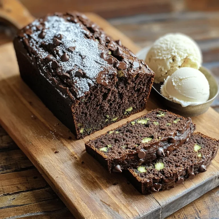 - Grated zucchini (1 cup) - All-purpose flour (1 cup) - Cocoa powder (1/2 cup) These ingredients bring the magic to your Double Chocolate Zucchini Bread. The grated zucchini keeps the bread moist and soft. It also adds a subtle flavor. All-purpose flour gives the bread its structure. Cocoa powder adds rich chocolate taste. You’ll love how these simple items create something special. - Chopped walnuts or pecans - Semi-sweet chocolate chips (1/2 cup) Add-ins can elevate your bread. Chopped nuts give a nice crunch and extra flavor. Semi-sweet chocolate chips make each bite extra sweet and gooey. You can add these to the batter for a delightful surprise. - Gluten-free flour options - Using coconut oil instead of vegetable oil Need gluten-free bread? Use a gluten-free flour blend. It works great in this recipe. If you want a different flavor, try coconut oil instead of vegetable oil. It adds a subtle coconut taste and keeps the bread moist. For the full recipe, check the section above. Enjoy making your deliciously moist Double Chocolate Zucchini Bread! First, set your oven to 350°F (175°C). This temperature is key for baking. Next, prepare your loaf pan. You can lightly grease it or line it with parchment paper. This makes removing the bread easy. Now, take your medium zucchini and grate it. Use a box grater or a food processor. After grating, use a clean kitchen towel to squeeze out any extra water. This step is important to keep your bread moist, not soggy. In a medium bowl, mix the dry ingredients. Combine all-purpose flour, cocoa powder, baking powder, baking soda, and salt. Whisk them well until they blend evenly. Set this mixture aside. In a large bowl, mix the wet ingredients. Add granulated sugar, brown sugar, eggs, vegetable oil, and vanilla extract. Use a whisk or electric mixer to blend until smooth. Now, gradually mix the dry ingredients into the wet ones. Stir gently until just combined. Do not over-mix; this keeps the bread light. Next, fold in the grated zucchini and chocolate chips. If you want, add chopped nuts for crunch. Mix gently to avoid overworking the batter. Pour the batter into your prepared loaf pan. Spread it evenly across the pan. Bake in the preheated oven for 50 to 60 minutes. Check with a toothpick. It should come out clean when the bread is done. Enjoy the process, and soon you will have a moist, double chocolate zucchini bread to savor. For the full recipe, refer to the section above. To keep your Double Chocolate Zucchini Bread moist, start with your zucchini. Grate it well, then use a towel to squeeze out excess water. This step is key. Too much moisture can make the bread soggy. When mixing your batter, be gentle. Over-mixing can lead to a dense loaf. Stir just enough to blend the wet and dry ingredients. This way, you keep the bread light and airy. Spices can make a big difference. Try adding a pinch of cinnamon or nutmeg for warmth. These spices complement the chocolate and add depth to the flavor. You can also adjust the sweetness. If you like it sweeter, add a bit more sugar. Taste the batter before baking to find your perfect balance. Presentation matters! Serve slices on a wooden board for a rustic look. Dust with powdered sugar for a pretty finish. For extra indulgence, pair your bread with a scoop of ice cream or a dollop of whipped cream. This makes it a delightful dessert. You can even enjoy it with a cup of coffee or tea for a cozy treat. Check out the Full Recipe to explore more ways to enjoy this delicious bread! {{image_4}} You can make this bread healthier with a few swaps. Using applesauce in place of some sugar works well. It adds moisture and sweetness without extra calories. You can replace half the granulated sugar with applesauce. This change keeps the bread moist and tasty. Another great choice is using whole wheat flour. It boosts fiber and nutrients. You can swap the all-purpose flour with whole wheat flour in equal parts. This change gives the bread a heartier texture while staying delicious. Want to mix up the flavors? Try adding different types of chocolate! You can use white chocolate or dark chocolate chips. Each type adds its own unique taste to the bread. Dark chocolate gives a rich flavor, while white chocolate adds creaminess. You can also add spices for a special twist. Cinnamon or nutmeg can enhance the flavor. Just a little sprinkle can change the whole taste of the bread. Experimenting with spices can make each loaf unique. You can adjust this recipe for the seasons. Adding pumpkin puree brings a warm, autumn flavor. Just mix in about half a cup of pumpkin puree. It pairs well with the chocolate and zucchini. For a festive touch, mix in cranberries. They add a pop of color and tartness. About half a cup of dried cranberries works best. Their sweetness contrasts nicely with the rich chocolate. For the full recipe, check out the complete guide! To keep your Double Chocolate Zucchini Bread fresh, let it cool completely. Wrap it tightly in plastic wrap or foil. You can also place it in an airtight container. This helps prevent it from drying out. If you want to keep it for more than a few days, use a freezer-safe bag or container. Freezing Double Chocolate Zucchini Bread is easy. First, slice the bread into pieces. Wrap each slice in plastic wrap. Place the wrapped slices in a freezer-safe bag. It’s best to remove as much air as possible. When you're ready to eat, take out the slices you want. Thaw them at room temperature. For a warm treat, pop them in the microwave for about 10-15 seconds. At room temperature, the bread lasts about three days. If you store it in the fridge, it can last up to a week. Always check for signs of spoilage. If the bread smells off or has mold, it’s time to toss it. Keeping an eye on your bread helps you enjoy it at its best. For the full recipe, check the section above. To boost the chocolate flavor, add more cocoa powder. Try using three-quarters cup instead of half a cup. You can also mix in more chocolate chips. Aim for one cup instead of half. Another great tip is to use dark chocolate chips. They add a rich taste that pairs well with the bread. This way, you will get a deeper chocolate flavor in every bite. Yes, you can swap zucchini for other veggies. Carrots work well in this recipe. Grate them finely, just like zucchini. You can also use shredded sweet potatoes. They add natural sweetness and keep the bread moist. Another option is to use finely grated beets. They give a unique flavor and a lovely color to the bread. You can enjoy this bread in many ways. Serve it warm with a pat of butter. It tastes great with cream cheese frosting too. For a fun twist, try it with a scoop of vanilla ice cream. You can also pair it with coffee or a glass of milk. It makes a perfect snack or dessert. For more ideas, check out the Full Recipe for extra serving suggestions. This blog post covered how to make delicious Double Chocolate Zucchini Bread. It included essential ingredients, steps for preparation, tips for flavor, and how to store leftovers. Your baking can be fun and creative, with options for health-conscious alternatives or seasonal add-ins. Enjoy experimenting with flavor variations and serving suggestions. Remember, this recipe is not just tasty but also a great way to sneak in vegetables. Happy baking!