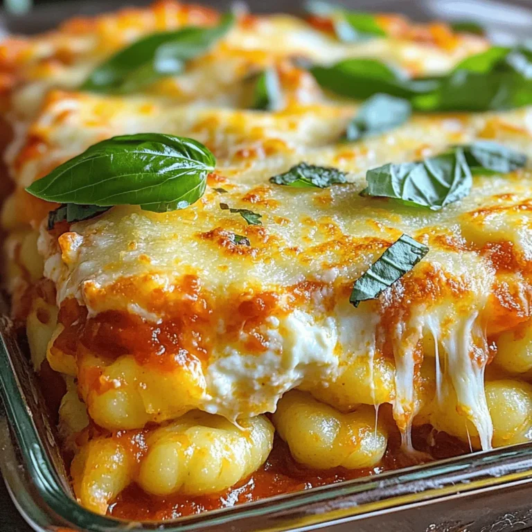 For a delicious cheesy baked gnocchi, gather these simple ingredients: - 500g potato gnocchi (store-bought or homemade) - 2 cups ricotta cheese - 1 cup shredded mozzarella cheese (plus extra for topping) - ½ cup grated Parmesan cheese - 1 cup marinara sauce (homemade or store-bought) - 1 teaspoon dried basil - 1 teaspoon garlic powder - Salt and pepper, to taste - Fresh basil leaves, for garnish Each ingredient plays a key role in creating a rich, comforting dish. The gnocchi gives a soft, pillowy base, while ricotta and mozzarella create a creamy, cheesy texture. Parmesan adds a punch of flavor, and marinara binds everything together with its tangy goodness. When choosing your ingredients, opt for high-quality cheese and fresh herbs if possible. This choice will elevate your dish and impress anyone at your table. For the full recipe, refer to the earlier section. - Preheat oven to 375°F (190°C). - Cook gnocchi in salted boiling water until it floats. First, I preheat my oven. This helps the dish bake evenly. I fill a large pot with salted water and bring it to a rolling boil. Once the water is boiling, I carefully add the gnocchi. I cook them until they float, which usually takes about 2-3 minutes. When they float, they are done. I drain them and set them aside in a bowl. - Mix ricotta, half mozzarella, and seasonings. Next, I grab a large mixing bowl. I add 2 cups of ricotta cheese, half of the shredded mozzarella, and my seasonings. I use salt, pepper, dried basil, and garlic powder. I stir the mixture until it is creamy and well mixed. This cheese blend gives the dish a rich flavor. - Layer marinara, gnocchi, and cheese mixture in a baking dish. - Top with remaining mozzarella and Parmesan. For assembly, I take a baking dish and spread a thin layer of marinara sauce on the bottom. This helps prevent sticking. Then, I layer half of the cooked gnocchi over the sauce. I spoon half of the cheese mixture over the gnocchi. I drizzle some more marinara on top for extra flavor. I repeat this with the rest of the gnocchi and cheese mixture. The final layer gets the rest of the marinara sauce. I finish by sprinkling the remaining mozzarella and Parmesan cheese on top. - Cover with foil and bake for 20 minutes, then uncover and bake for an additional 10-15 minutes. Now, I cover the baking dish with aluminum foil. I place it in the preheated oven and bake for 20 minutes. After that, I carefully remove the foil. I bake it for another 10 to 15 minutes until the top is bubbly and golden brown. The aroma fills my kitchen, making it hard to wait! You can find the full recipe in the previous sections if you want more details. To ensure your cheesy baked gnocchi is gooey, focus on the cheese. Use good-quality cheeses like ricotta and mozzarella. These melt well and create that dreamy texture. Mix the ricotta with half of the mozzarella before layering. This way, the cheese blends smoothly. Also, don't skip pre-cooking the gnocchi. Cooking them in salted water until they float helps them become tender. For extra flavor, add herbs and spices. Consider using fresh basil, oregano, or thyme. A sprinkle of chili flakes can give a nice kick. You might even try adding a touch of nutmeg for warmth. Be bold with your seasonings! Taste as you mix, and adjust to your liking. This makes each bite exciting and full of flavor. Presentation matters! Serve the dish in individual bowls for a cozy feel. A big platter for sharing works, too. Drizzle with extra marinara sauce for color. Fresh basil leaves on top add a lovely touch. You can even sprinkle some more cheese on top before serving. These small details make your dish look and taste even better. For full details on how to prepare this dish, check the Full Recipe. {{image_4}} You can get creative with the cheeses in this dish. Instead of ricotta, try cottage cheese for a lighter option. Cream cheese works well too, giving a rich flavor. For mozzarella, consider using gouda or fontina. These cheeses melt beautifully and add great taste. If you want a kick, use pepper jack cheese for a bit of spice. You can also swap marinara for pesto sauce or alfredo. Each choice adds a unique twist to your cheesy baked gnocchi. Adding veggies or proteins can make this dish even better! Spinach or kale adds nutrition and color. Sautéed mushrooms give a nice earthy taste. You could also mix in diced bell peppers or zucchini for extra crunch. If you prefer a meatier dish, try adding cooked chicken, sausage, or even bacon. These proteins enhance the flavor and make the meal heartier. Feel free to mix and match based on what you love or have on hand. To make this dish gluten-free, choose gluten-free gnocchi. Many brands offer tasty options made from rice or chickpeas. They cook similarly to regular gnocchi, so no need to change the method. Ensure your sauces and cheeses are gluten-free as well. Always read labels to avoid hidden gluten. With these swaps, you can enjoy cheesy baked gnocchi without worry! To store cheesy baked gnocchi, let it cool first. Place it in an airtight container. You can keep it in the fridge for up to three days. Make sure to cover it well. This helps maintain its creamy texture and taste. For the best taste, reheat your gnocchi in the oven. Preheat the oven to 350°F (175°C). Place the gnocchi in a baking dish. Cover it with foil to keep it moist. Heat for about 20 minutes. If you want a bubbly top, remove the foil for the last 5 minutes. You can freeze cheesy baked gnocchi too. After it cools, wrap it tightly in plastic wrap. Then, put it in a freezer-safe container. It can last for up to three months. To thaw, move it to the fridge overnight. Reheat it in the oven as mentioned above. This way, it stays tasty and delicious. For the full recipe, check out the entire guide! Yes, you can use homemade gnocchi. Homemade gnocchi often has a fresher taste. It can also be softer and more tender than store-bought types. Making your own gives you control over the texture and flavor. You can adjust the ingredients to suit your taste. If you have the time, I highly recommend trying it. It adds a personal touch to your cheesy baked gnocchi. If you don’t have ricotta cheese, you have options. Cottage cheese works well as a substitute. It has a similar texture but is a bit more tangy. Cream cheese can also be used for a richer taste. You might want to mix it with a bit of milk to soften it. Silken tofu is a great choice for a dairy-free version. Each substitute brings a unique flavor, so choose what fits your dish best. Baking gnocchi takes about 30 to 35 minutes. First, cover the dish with foil and bake for 20 minutes. This helps the gnocchi cook through. After that, remove the foil. Bake for another 10 to 15 minutes. You want the top to be golden and bubbly. Check that the cheese is melted and looks delicious before taking it out. The smell will be a great sign too! This dish combines simple ingredients to create a comforting meal. You learned how to layer gnocchi, cheese, and sauce for a mouthwatering bake. With tips on texture and flavor, you can make it your own. Explore variations, from gluten-free options to tasty additions. Store and reheat leftovers with ease. Now, you can enjoy this cheesy baked gnocchi that will impress anyone at your table. Happy cooking!