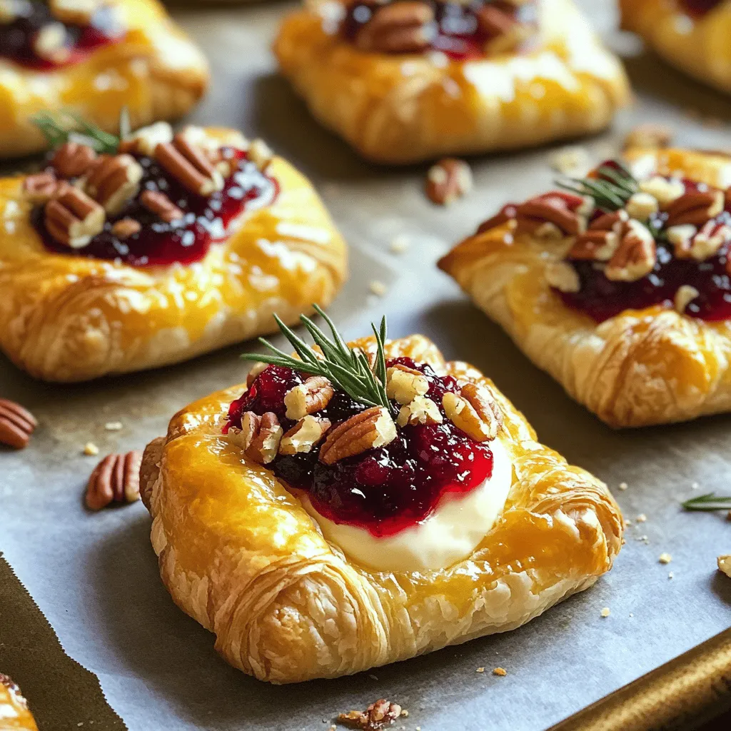 - Puff pastry - Brie cheese - Cranberry sauce - Chopped pecans or walnuts - Fresh herbs for garnish - Salt and freshly cracked pepper - Egg for egg wash Cranberry brie bites are easy to make and need just a few key ingredients. The puff pastry serves as a light and flaky base. Brie cheese adds creaminess and a rich flavor. The cranberry sauce brings a sweet-tart twist that brightens the dish. You can use store-bought sauce or make your own if you prefer. Adding nuts like pecans or walnuts gives a nice crunch to the bites. Fresh herbs such as rosemary or thyme add a pop of color and flavor. Seasoning is simple with just salt and pepper. The egg wash helps the pastry turn golden and shiny as it bakes. Using these ingredients, you can create a dish that impresses friends and family. For a detailed guide, check out the Full Recipe. 1. Preheat your oven to 375°F (190°C). This step helps the bites cook evenly. 2. Line a baking sheet with parchment paper. This makes cleanup easy. 3. Lightly flour your work surface. This keeps the pastry from sticking. 4. Roll out the thawed puff pastry. Smooth out any creases gently. 5. Cut the pastry into 3-inch squares using a sharp knife or pizza cutter. You’ll have about 20 squares. 1. Place each pastry square on the baking sheet. Leave space between them. 2. In the center of each square, add a small piece of brie cheese. Aim for about 1 teaspoon. 3. Top the brie with a generous dollop of cranberry sauce. This adds sweetness and flavor. 4. If you want a crunch, sprinkle chopped pecans or walnuts over the cranberry sauce. 5. Fold the corners of each pastry square towards the center. Pinch the corners together to form a pocket. 1. Brush the tops of the pastry pockets with the beaten egg. This gives them a golden color. 2. Place the baking sheet in the oven. Bake for 15-20 minutes. The bites should puff up and turn golden brown. 3. Once baked, take them out and let them cool slightly. 4. For a nice finish, garnish with fresh rosemary or thyme. Add a sprinkle of salt and pepper if you like. 5. Serve warm and enjoy these savory bites with friends and family! For the full recipe, check out the [Full Recipe]. You can make your cranberry sauce a day before. This saves time and lets the flavors blend. Store it in an airtight container in the fridge. You can also assemble the bites ahead of time. Just keep them in the fridge before baking. Cover them with plastic wrap to avoid drying out. Ovens can vary, so check your bites as they bake. Start with 15 minutes and watch for a golden color. If they need more time, add a few minutes. Keep an eye on them to avoid burning. A perfectly baked bite has a puffy, golden crust. These bites pair well with drinks like sparkling wine or cider. For sides, try a fresh salad or a cheese board. To impress guests, arrange the bites on a nice platter. Add herbs for color and serve extra cranberry sauce on the side. This adds a fun dipping option! For the full recipe, check out the Cranberry Brie Bites with a Sweet Twist section. {{image_4}} You can easily boost the taste of your cranberry brie bites. Consider adding spices like cinnamon or nutmeg for a warm twist. These spices blend well with the sweetness of cranberry. You might also try different cheeses. Gouda or goat cheese can create a unique flavor. Each cheese adds its own character to the bites. If you need gluten-free options, use an alternative pastry such as almond flour dough. It works just as well and keeps things tasty. For those on a vegan diet, plant-based cheese is a great choice. There are many brands that melt nicely and taste good. You can still enjoy the joy of these bites without dairy or gluten. Seasonal fruits can replace cranberries for a fresh take. Try using apples or pears in the fall. These fruits add a crisp texture and sweet flavor. For holiday-themed variations, think about adding festive toppings. A sprinkle of pomegranate seeds or a drizzle of honey can make them stand out. These small changes create a special treat for any occasion. You can find the full recipe for cranberry brie bites in our main section. After enjoying your cranberry brie bites, store any leftovers in the fridge. Use an airtight container to keep them fresh. They will last about 2-3 days in the fridge. You can freeze these bites before or after baking. If freezing before baking, assemble the bites and place them on a baking sheet. Freeze until firm, then transfer them to an airtight container. They can stay frozen for up to 3 months. For baked bites, let them cool completely before freezing. To reheat, place them in a preheated oven at 350°F (175°C) for about 10-15 minutes, until warm and crispy. To keep your pastry crispy, store the bites in a dry place. Avoid stacking them too closely. Use a container that allows air flow, like a wire rack or a paper bag. This helps prevent moisture buildup. When reheating, use an oven instead of a microwave to maintain that nice crunch. Yes, you can make cranberry brie bites ahead of time. You can prepare the bites and freeze them before baking. To do this, follow these steps: - Assemble the bites but do not bake them. - Place them on a baking sheet and freeze for about one hour. - Once frozen, transfer them to a freezer bag. - When you are ready to bake, just take them out and bake directly from the freezer. If you need an alternative to brie, there are several great options. You can try: - Camembert for a similar creamy texture. - Goat cheese for a tangy flavor. - Cream cheese for a milder taste. These substitutes can change the flavor, so choose what you like best. To keep the pastry nice and crispy, follow these tips: - Use a good-quality puff pastry. - Avoid overfilling the pastry with sauce. - Bake them right after assembling for the best texture. - Place them on a preheated baking sheet to help with crispiness. These steps will help keep your bites golden and crunchy! In this post, we explored how to make delicious cranberry brie bites. You learned about key ingredients like puff pastry, brie, and cranberry sauce. We discussed preparation, baking, and tips for serving and storing. You can customize these bites with flavors or dietary needs to fit your taste. These bites are great for gatherings or as a tasty treat at home. Enjoy the process and get creative with your variations. Your next snack is sure to impress!