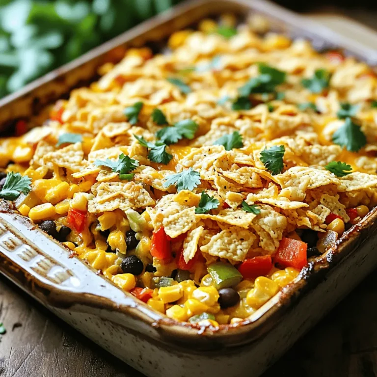To make a tasty Fiesta Corn Casserole, you need the following: - 2 cups corn kernels (choose fresh, frozen, or canned based on availability) - 1 cup black beans, thoroughly drained and rinsed - 1 cup diced bell peppers (a vibrant mix of red and yellow) - 1 cup shredded cheddar cheese, divided - 1 cup cream-style corn (for creaminess) - 1/2 cup sour cream (adds a tangy flavor) - 1/4 cup green onions, finely chopped (for a fresh bite) - 1 teaspoon chili powder (spice it up!) - 1/2 teaspoon ground cumin (for warmth) - 1/4 teaspoon garlic powder (for depth) - Salt and pepper to taste - 1 cup crushed tortilla chips (to add crunch) - Fresh cilantro, chopped, for garnish You can use fresh corn if it's in season. Frozen corn works well too. Canned corn is the easiest option and still tastes great. For the beans, always rinse them well. This helps reduce the sodium and improves taste. Bell peppers add color and flavor. Use a mix of red and yellow for the best visual impact. You need a few tools to make this dish easy: - A 9x13-inch baking dish - A large mixing bowl - A spatula or wooden spoon for mixing The baking dish should be deep enough to hold all the ingredients. Make sure to grease it with non-stick spray or butter. This will help the casserole come out cleanly after baking. A large mixing bowl allows you to combine all the ingredients without spilling. A spatula or wooden spoon works best for folding in the cheese and spices. Grab these items, and you're ready to make a delightful Fiesta Corn Casserole! For the full recipe, check out the detailed instructions provided. 1. Preheating the oven: First, set your oven to 350°F (175°C). This heat will cook the casserole evenly. 2. Preparing the baking dish: Grab a 9x13-inch baking dish. Grease it with non-stick spray or butter. This helps the casserole not stick. 1. Mixing the main components: In a large bowl, add the corn kernels, black beans, diced bell peppers, cream-style corn, and sour cream. Stir these ingredients together until they blend well. 2. Folding in seasoning and cheese: Now, fold in 1/2 cup of shredded cheddar cheese, green onions, chili powder, cumin, and garlic powder. Season with salt and pepper. Mix until everything is evenly coated. 1. Cooking time and visual cues: Pour the mixture into the prepared dish. Spread it out evenly. Top with the remaining 1/2 cup of cheddar cheese and crushed tortilla chips. Bake for about 25 to 30 minutes. Look for bubbling and golden cheese. 2. Cooling and setting time: Once baked, carefully take the casserole out. Let it cool for a few minutes. This helps it set before serving. To ensure even cooking, spread the mixture in the baking dish evenly. This helps every part cook at the same rate. I suggest stirring halfway through baking. This way, you give the bottom a chance to get nice and bubbly! For the right texture, use cream-style corn. It keeps the casserole moist. The black beans also add a nice bite. If you prefer a firmer texture, reduce the sour cream slightly. Fiesta Corn Casserole pairs well with grilled chicken or fish. The flavors complement each other nicely. You can also serve it with a fresh salad to balance the meal. For presentation, sprinkle fresh cilantro on top before serving. This adds a bright pop of color. You might also offer lime wedges and sour cream on the side. This allows guests to add their own twist! For extra flavor, try adding smoked paprika or cayenne pepper. These spices add a warm kick that many enjoy. If you want to tone down the heat, reduce the amount of chili powder. You can also adjust the spice level by mixing in diced jalapeños. These add a fresh heat that can be mild or strong. Just remember to taste as you go! For the full recipe, check out the [Full Recipe]. {{image_4}} If you want to swap ingredients, you can easily do that. For the cheese, try using Monterey Jack or pepper jack for a kick. If you're looking for a dairy-free option, use vegan cheese. This works well in our casserole. For the beans, black beans add great flavor. You can replace them with pinto beans or chickpeas. Both options work well and keep the dish hearty. You can also make this casserole gluten-free. Just choose gluten-free tortilla chips. They add the same crunch without the gluten. Mixing in other vegetables can take this dish to new heights. Try adding diced zucchini or corn. They add great texture and flavor. You can also experiment with different cheeses. Cream cheese will make it extra creamy. Feta cheese can add a nice tang. Don't be afraid to get creative! If you want a low-calorie version, reduce the cheese and sour cream. You can also use plain Greek yogurt instead of sour cream. This keeps it creamy while cutting calories. For a heart-healthy option, use less cheese and add more veggies. This adds fiber and nutrients. You can replace sour cream with a non-fat version or omit it entirely. Enjoy a tasty dish without the guilt! For the full recipe, check out the [Full Recipe]. To keep your Fiesta Corn Casserole fresh, place leftovers in an airtight container. Cool the casserole before sealing. This helps maintain its flavor and texture. You can store it in the fridge for up to three days. When reheating, the best method is the oven. Preheat your oven to 350°F (175°C). Place the casserole in a baking dish and cover it with foil. Heat for about 15 to 20 minutes. This keeps the cheese melted and the casserole warm. If you want to freeze leftovers, make sure it’s cool first. Wrap it tightly in plastic wrap and then in foil. It will last up to three months in the freezer. To thaw, place it in the fridge overnight before reheating. You can prepare Fiesta Corn Casserole ahead of time. Mix all the ingredients and place them in a baking dish. Cover it tightly and keep it in the fridge for up to two days. When you are ready to bake, just pop it in the oven as usual. For meal prep, I recommend serving sizes of about one cup. This makes it easy to pack for lunch or dinner. Fiesta Corn Casserole is a baked dish with corn, black beans, and peppers. It is creamy, cheesy, and full of flavor. You mix all the ingredients and bake until golden. This dish is colorful and great for gatherings or family dinners. Yes, you can prepare Fiesta Corn Casserole ahead of time. Mix the ingredients and place them in the baking dish. Cover it well and store it in the fridge. When you are ready, just bake it. This saves time on busy days. Absolutely! Fiesta Corn Casserole uses only plant-based ingredients. Corn, beans, and peppers make it a great vegetarian dish. Just ensure that your cheese is vegetarian if you are serving to strict vegetarians. To add heat, try these ideas: - Add diced jalapeños for a kick. - Use spicy cheese instead of regular. - Mix in some hot sauce before baking. These changes make the dish exciting and full of zest! Fiesta Corn Casserole pairs well with many dishes: - Serve it with grilled chicken or beef for a heartier meal. - Add a side salad for freshness. - Pair it with tortilla chips and guacamole for a fun twist. These sides complement the casserole and enhance your dining experience. Fiesta Corn Casserole blends fresh and tasty ingredients for a great dish. You learned about all the elements needed, from mixing to baking. I shared tips for cooking and serving, plus options for variations. Whether you want to add spice or make it vegan, the choices are endless. In the end, this dish is fun and flexible. You can easily adapt it for gatherings or weeknight meals. Happy cooking!