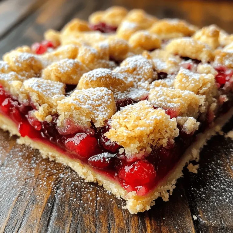 For the perfect cherry pie bars, gather these simple ingredients: - 2 cups all-purpose flour - 1 cup granulated sugar - ½ cup unsalted butter, melted - 1 large egg - 1 teaspoon vanilla extract - 1 teaspoon baking powder - ¼ teaspoon salt - 2 cups fresh or frozen cherries, pitted and halved - 1 tablespoon lemon juice - 1 tablespoon cornstarch - ½ teaspoon almond extract - Powdered sugar for dusting (optional) This list gives you everything you need to create a delightful treat. Use fresh cherries for a burst of flavor. If those are not available, frozen cherries work just as well. This flexibility makes it easy to whip up this dessert any time of year. Each ingredient plays a vital role. The flour and sugar create a sturdy base. The butter helps bind the mixture, while the egg adds moisture and richness. Vanilla and almond extracts bring depth to the flavor. The cornstarch thickens the cherry filling, making it just right. You can add powdered sugar as a finishing touch. It gives the bars a sweet look and taste. Now that you have your ingredients ready, let’s dive into the full recipe and make these cherry pie bars! - Preheat oven to 350°F (175°C). - Grease and line an 8x8-inch baking pan with parchment paper. - In a large bowl, mix these dry ingredients: - 2 cups all-purpose flour - 1 cup granulated sugar - 1 teaspoon baking powder - ¼ teaspoon salt - In another bowl, combine these wet ingredients: - ½ cup unsalted butter, melted - 1 large egg - 1 teaspoon vanilla extract - Whisk until smooth, then pour the wet mix into the dry mix. - Stir until you get a crumbly dough. - Press about two-thirds of the dough firmly into the bottom of the baking pan. - In a separate bowl, mix: - 2 cups fresh or frozen cherries, pitted and halved - 1 tablespoon lemon juice - 1 tablespoon cornstarch - ½ teaspoon almond extract - Toss the cherries gently until coated. - Spread the cherry mixture evenly over the dough in the pan. - Crumble the remaining dough on top of the cherries. - Bake for 35-40 minutes until golden brown and bubbly. - Allow cooling for 15 minutes in the pan. - Lift the bars out using the parchment paper and let them cool completely. - Slice into squares and dust with powdered sugar if desired. For the complete process, check the Full Recipe for detailed instructions. Enjoy your baking! To get the best texture in your cherry pie bars, use a room temperature egg. Cold eggs can make the dough tough. It’s best to take the egg out of the fridge about 30 minutes before you start. This small step makes a big difference. For the dough, you want it to be thick but still easy to work with. If it feels too dry, add a tiny bit of water. If it’s too wet, sprinkle in a bit more flour. Aim for a crumbly but moldable dough. Press two-thirds of it into your baking pan firmly to create a strong base. When baking, check for doneness by looking for golden brown color on top. You should also see some bubbly fruit filling around the edges. These signs mean your bars are ready to come out of the oven. After baking, let the bars cool in the pan for about 15 minutes. This helps them set. To slice the bars cleanly, use a sharp knife. Wipe the knife between cuts to keep the edges neat. Enjoy your beautiful cherry pie bars! For the full recipe, check here. {{image_4}} You can switch out cherries for other fruits. Blueberries and raspberries work great. They add a different flavor. You can also try peaches or apples for a unique twist. Each fruit brings its own taste, making your bars fun and exciting. Adding spices can make your cherry pie bars shine. A bit of cinnamon adds warmth. Nutmeg gives a nice touch, too. You might even want to mix in chocolate chips or nuts. Dark chocolate pairs well with cherries. Nuts add a crunchy texture that everyone loves. If you need gluten-free options, substitute regular flour with almond or coconut flour. These flours keep the bars tasty and enjoyable. For vegan baking, replace eggs with flax eggs or applesauce. Use coconut oil instead of butter for a dairy-free treat. These changes let everyone enjoy your dessert. Check out the Full Recipe for more details! To keep your cherry pie bars fresh, store them in an airtight container. This helps prevent them from drying out. You can also wrap them tightly in plastic wrap if you don’t have a container. Make sure you let them cool completely before storing. This way, they stay soft and yummy. For best results, keep the bars in the fridge. They can last up to a week this way. If you want to keep them longer, consider freezing. To freeze cherry pie bars, first ensure they are completely cool. Cut them into squares and place them in a single layer on a baking sheet. This prevents them from sticking together. Once frozen solid, transfer the bars into a freezer-safe bag or container. To thaw, simply move the bars to the fridge overnight. If you want to serve them warm, you can reheat them in the oven at 350°F (175°C) for about 10 minutes. This will make them soft and tasty again. Enjoy your cherry pie bars fresh or frozen! For the full recipe, check out the Cherry Bliss Pie Bars. Yes, you can use frozen cherries for cherry pie bars. They work well and save time. Just thaw and drain them before using. This keeps the filling from getting too watery. You’ll still get that sweet cherry flavor! If you want to skip almond extract, simply leave it out. You can use extra vanilla extract for more flavor. You might also try a bit of lemon or orange zest. This adds a nice, fresh taste! Cherry pie bars are tasty on their own. However, you can serve them with whipped cream or a scoop of vanilla ice cream. These toppings add creaminess and balance the sweet cherries. You could also pair them with a hot cup of coffee or tea! Cherry pie bars can last about four days at room temperature. If you store them in the fridge, they can last up to a week. Make sure to keep them in an airtight container to keep them fresh! To make cherry pie bars less sweet, reduce the sugar in the recipe. You can cut the sugar by a quarter cup. You can also use tart cherries for a more balanced flavor. This makes the bars less sugary and more tangy! In this post, we explored a tasty recipe for cherry pie bars. You learned about the ingredients, step-by-step instructions, and storage tips. I highlighted ways to adjust flavors or use different fruits. These tips ensure your cherry pie bars will be a hit. Remember, the key to success lies in the right texture and proper baking. Enjoy making and sharing these delicious treats with friends and family!