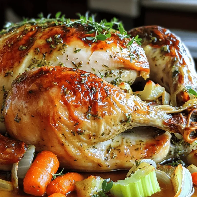 For this tasty dish, gather these ingredients: - 1 whole turkey (12-14 lbs), fully thawed - 1 cup unsalted butter, softened to room temperature - 8 cloves garlic, finely minced - 2 tablespoons fresh rosemary, finely chopped - 2 tablespoons fresh thyme, finely chopped - 2 tablespoons fresh parsley, finely chopped - 1 tablespoon lemon zest, freshly grated - Salt and freshly ground black pepper, to taste - 2 cups low-sodium chicken broth - 1 large onion, quartered - 2 carrots, peeled and chopped - 2 celery stalks, chopped - A selection of fresh herbs for garnish (optional) Accurate measurements matter. Use a scale for the turkey. A 12-14 lb turkey serves 10-12 people. For the butter, ensure it’s soft for easy mixing. Chop the garlic and herbs finely. This helps release their strong flavors. Grate the lemon zest lightly to avoid bitter bits. When measuring salt and pepper, start small. You can always add more later. Choose fresh ingredients for the best taste. Look for a turkey that is organic or free-range. This often means better flavor and texture. Use high-quality unsalted butter. It should be creamy and soft. Fresh herbs should be vibrant and fragrant. Avoid dried herbs if possible; they lack the punch of fresh ones. Lastly, use low-sodium chicken broth for control over salt levels in your dish. First, preheat your oven to 325°F (165°C). This step is key for even cooking. Next, take the whole turkey out of its packaging. You must remove any giblets or bags from the turkey cavity. Use paper towels to pat the turkey dry. This helps the skin get crispy when roasting. To make the garlic herb butter, grab a mixing bowl. Combine 1 cup of softened butter with 8 cloves of minced garlic. Add 2 tablespoons each of fresh rosemary, thyme, and parsley. Mix in 1 tablespoon of lemon zest, along with salt and pepper to taste. Stir until all the ingredients blend into a smooth, flavorful butter. Now it's time to roast! First, slide your fingers under the turkey skin. Create pockets, especially on the breast and thighs. Spread half the garlic herb butter under the skin. Rub the rest all over the turkey’s outside. This adds flavor and gives a golden look. Stuff the turkey cavity with quartered onions, chopped carrots, and chopped celery. These veggies add great flavor and keep the turkey moist. Pour 2 cups of low-sodium chicken broth into a roasting pan. Place a roasting rack inside the pan, setting the turkey on top, breast side up. Roast the turkey in the oven. Baste it with pan juices every 30 minutes. Cook for about 13-15 minutes per pound. You want the internal temperature to reach 165°F (75°C) in the thigh's thickest part. After roasting, let the turkey rest for 20-30 minutes. This helps the juices spread throughout the meat. Finally, carve the turkey and arrange the slices on a platter. Drizzle some pan juices over the slices for extra flavor. For a lovely touch, garnish with fresh herbs. Enjoy your garlic herb butter roasted turkey! For the complete instructions, check out the Full Recipe. To get a crispy skin on your turkey, start with a dry bird. Pat the turkey with paper towels. This helps remove extra moisture. Next, use the garlic herb butter. Spread it under the skin and on top. The butter adds flavor and helps brown the skin. Roast your turkey at 325°F (165°C) for even cooking. Avoid opening the oven too much. This keeps the heat steady and helps the skin crisp up. Basting is key to a juicy turkey. Baste your turkey every 30 minutes. Use the pan juices to keep the meat moist. This adds flavor and helps with browning. When you baste, use a large spoon. Pour the juices over the turkey. Make sure to get the breast and the legs. This simple step makes a big difference in taste. To know when your turkey is done, use a meat thermometer. Insert it into the thickest part of the thigh. The internal temperature should be at least 165°F (75°C). If you don't have a thermometer, check the juices. They should run clear, not pink. Let the turkey rest for 20-30 minutes after cooking. This helps the juices stay in the meat. For the full recipe, check the detailed instructions in the earlier sections. {{image_4}} You can change the taste of your turkey with different herbs. Try sage and thyme for a classic twist. If you like something fresh, use basil and oregano. For a bit of spice, mix in some chili flakes or paprika. Each combination brings a unique flavor that delights the taste buds. Want to try something new? You can deep-fry or smoke your turkey. Deep-frying gives a crispy skin and juicy meat. Just make sure to safely handle hot oil. Smoking infuses a rich, smoky flavor that is hard to beat. Each method offers a fun way to enjoy turkey. Serve your garlic herb butter roasted turkey with sides that complement its flavor. Mashed potatoes and gravy pair well. Roasted veggies or a crisp salad add freshness. For drinks, a light white wine or sparkling cider enhances the meal. These pairings make your feast even more special. You can find the full recipe for this delicious turkey and more tips to make it shine. After your feast, you may have leftover turkey. To store it right, follow these steps: - Cool down: Let the turkey cool for about two hours. - Slice it: Cut the turkey into smaller pieces for quick access. - Use airtight containers: Place the slices in glass or plastic containers or use heavy-duty foil. - Label: Write the date on each container to track freshness. This way, your turkey will stay tasty and safe to eat for up to four days in the fridge. When you’re ready to enjoy your leftover turkey, reheating it properly is key. Here’s how to do it: - Oven method: Preheat your oven to 325°F (165°C). Place slices in a baking dish, adding a bit of broth to keep it moist. Cover with foil. Heat for about 20-30 minutes or until hot. - Microwave method: Place turkey slices on a microwave-safe plate. Cover with a damp paper towel. Heat in 30-second bursts until warm. Both methods help keep the turkey juicy and delicious. Freezing cooked turkey is a smart way to save it for later. Here are some tips: - Cool first: Make sure the turkey is completely cool before freezing. - Wrap tightly: Use freezer bags or wrap slices in plastic wrap. Squeeze out as much air as possible. This helps prevent freezer burn. - Label and date: Mark the bag with the contents and date. Use within three months for best taste. These steps ensure your turkey stays flavorful and ready for another meal! For more cooking tips, check out the Full Recipe for Garlic Herb Butter Roasted Turkey. Cooking a turkey takes about 13-15 minutes per pound. For example, a 12-pound turkey will take around 2.5 to 3 hours. Always check the thickest part of the thigh for doneness. It should reach 165°F (75°C). This ensures the turkey is safe to eat and juicy. Yes, you can prepare the garlic herb butter ahead of time. Make it a day or two before cooking. Store it in the fridge in a sealed container. When you are ready, just take it out and let it soften. This saves time on the big day. To keep your turkey moist, basting is key. Baste it with pan juices every 30 minutes. Also, adding vegetables like onions, carrots, and celery in the cavity helps. Finally, let the turkey rest after cooking. This allows the juices to spread, making each slice juicy and tender. For the full recipe, check out the Garlic Herb Butter Roasted Turkey recipe above. In this post, we covered how to make a delicious garlic herb butter roasted turkey. We looked at key ingredients, proper preparation, and quality tips. You learned step-by-step instructions for roasting. I also shared tips for a crispy skin and when to check for doneness. Various herb mixes and cooking methods added fun ideas for your meal. In the end, with careful prep and good ingredients, your turkey will shine. Enjoy this dish, and make it a part of your holiday tradition!