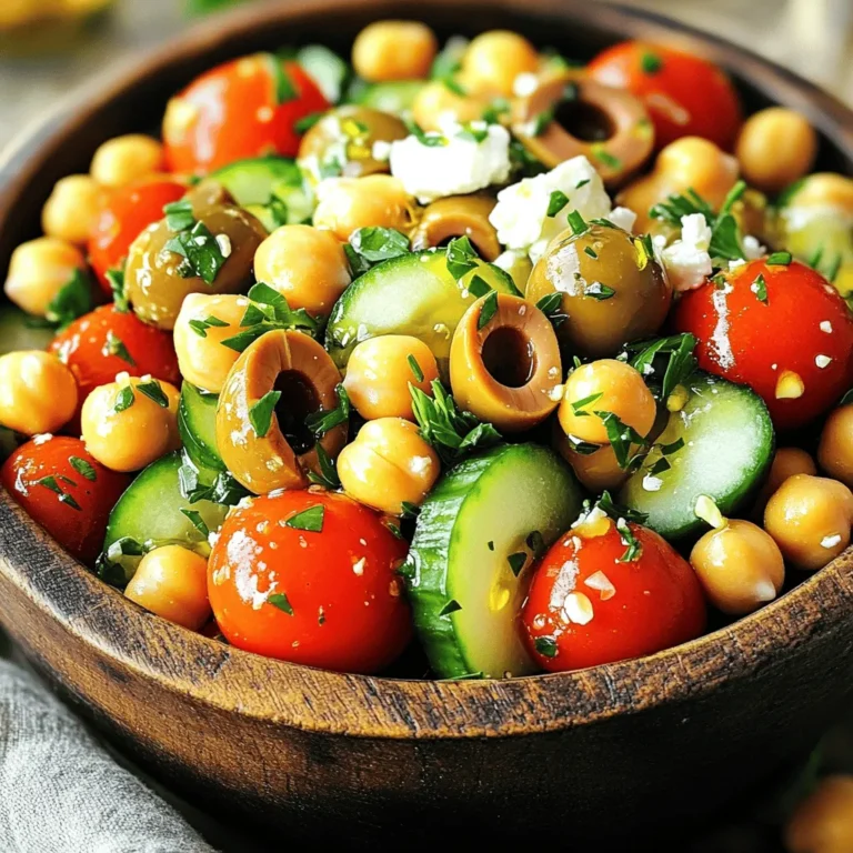 - 1 can (15 oz) chickpeas, thoroughly drained and rinsed - 1 cup cherry tomatoes, halved for a burst of sweetness - 1 cucumber, diced into bite-sized pieces for crunch - ½ red onion, finely chopped for a mild onion flavor - 1 bell pepper (any color), diced for color and sweetness - ¼ cup Kalamata olives, pitted and sliced for brininess - ¼ cup feta cheese, crumbled for creaminess and tang - Fresh parsley, chopped for a vibrant garnish - 3 tablespoons extra virgin olive oil for richness - 2 tablespoons red wine vinegar (or apple cider vinegar as a delicious substitute) - 1 teaspoon dried oregano for herbal depth - Sea salt and freshly ground black pepper, to taste - Extra feta cheese for more creaminess - Whole Kalamata olives for a striking look - A sprinkle of lemon zest for added brightness Start by washing your fresh veggies. Take the cherry tomatoes and slice them in half. Next, chop the cucumber into small pieces. Dice the bell pepper into bite-sized cubes. Finally, finely chop the red onion. This mix of colors and textures makes the salad exciting and tasty. In a large bowl, add the drained chickpeas first. Then, add the halved cherry tomatoes, diced cucumber, chopped red onion, and bell pepper. Toss these ingredients gently. After that, add the sliced Kalamata olives and crumbled feta cheese. Mix again to combine all the flavors evenly. In a small bowl, combine the extra virgin olive oil and red wine vinegar. You can switch the vinegar with apple cider vinegar if you prefer. Add in the dried oregano, sea salt, and freshly ground black pepper. Whisk until the dressing is smooth. Pour this dressing over the salad. Toss everything together to coat all the ingredients. Let the salad sit for about 10 minutes. This helps all the flavors mix well. Before serving, sprinkle fresh parsley on top for a bright finish. For the full recipe, check the section above. To make your Mediterranean chickpea salad shine, mix in extra herbs and spices. Fresh herbs like basil or mint can add a nice twist. A squeeze of lemon juice brightens the flavors nicely. You can also add a dash of cumin for warmth. These little changes can take your salad from good to great! This salad pairs well with many dishes. Serve it alongside grilled chicken or fish for a healthy meal. It also goes great with pita bread and hummus for a light lunch. If you want a full dinner, add brown rice or quinoa on the side. The options are endless, so feel free to mix and match! You can easily make this salad ahead of time. Store it in the fridge for up to two days. Letting it sit allows the flavors to blend and deepen. Just remember to add the parsley right before serving, to keep it fresh. When you’re ready to eat, give it a good stir to bring it back to life. Check the seasoning one last time, and adjust if needed. For the full recipe, check out the Mediterranean Chickpea Salad Delight. {{image_4}} If you want to change the beans, you can use black beans or kidney beans. They both add unique flavors and textures. You can even mix different beans for a fun twist. Each type of bean brings its own taste. Try using lentils for a softer bite, or edamame for a fresh crunch. These options keep your salad exciting and full of surprises. To boost the nutrition, you can add chopped spinach or kale. These greens add vitamins and minerals. Sun-dried tomatoes or artichoke hearts can also enhance the taste. They add a tangy flavor that brightens the salad. Nuts, like walnuts or almonds, offer healthy fats and crunch. Seeds, like pumpkin or sunflower, add a delightful texture. Each add-in makes the salad more filling and nutritious. If you have dietary needs, it’s easy to make swaps. You can use gluten-free grains like quinoa instead of chickpeas. For a dairy-free option, skip the feta cheese or use a vegan cheese. If you are watching your sodium, choose low-sodium olives and rinse them well. These simple swaps keep the salad tasty while meeting your needs. Personalize it to fit your lifestyle. For the full recipe, feel free to explore the details. To keep your Mediterranean Chickpea Salad fresh, store it in an airtight container. Glass or plastic containers work well. Make sure the lid fits tightly. This helps prevent air from getting in. Place the salad in the fridge right after serving. Avoid leaving it out at room temperature for long. When stored correctly, your salad lasts for about 3 to 5 days in the fridge. The flavors will deepen over time. However, the veggies may lose some crunch. If you notice any strange smells or colors, it’s best to toss it out. I do not recommend freezing this salad. When frozen, the veggies lose texture and taste. If you need to save leftovers, consider only freezing the chickpeas. Thaw them before mixing with fresh veggies later. This keeps the salad fresh and tasty. For the complete preparation, check the Full Recipe. Chickpeas are packed with protein and fiber. They help keep you full. They also support good digestion. Eating chickpeas may lower your risk of heart disease. They are rich in vitamins and minerals, too. You get iron, magnesium, and folate from them. Including chickpeas in your meals boosts your overall health. Yes, you can easily make this salad vegan. Just skip the feta cheese. Instead, use avocado for creaminess. You can also add more olives for flavor. The dressing is already vegan, so you are set. This way, everyone can enjoy the salad. Mediterranean Chickpea Salad lasts about 3 to 5 days in the fridge. Store it in an airtight container. The flavors will deepen over time. Just give it a good stir before serving. If it looks a bit dry, add a splash of olive oil or vinegar. Enjoy it as a fresh side or light lunch. For the full recipe, check the earlier section! This blog post covered how to make a delicious Mediterranean Chickpea Salad. We explored fresh ingredients, pantry staples, and helpful garnishes. I shared easy steps for preparing veggies, mixing ingredients, and making the dressing. You now have tips for enhancing flavors, serving ideas, and how to store leftovers. Plus, we looked at various options and substitutions for dietary needs. In conclusion, this salad is simple, healthy, and full of flavor. Enjoy creating your own version!