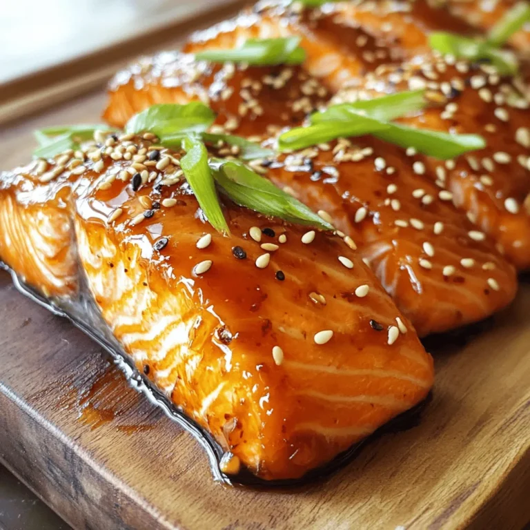 To make Sriracha honey glazed salmon, gather these key ingredients: - 4 salmon fillets (approximately 6 oz each) - 1/4 cup honey - 2 tablespoons Sriracha sauce - 2 tablespoons low-sodium soy sauce - 1 tablespoon freshly squeezed lime juice - 2 cloves garlic, finely minced - 1 teaspoon fresh ginger, grated - Salt and black pepper to taste These ingredients create a perfect balance of sweet and spicy flavors. The salmon fillets are rich and tender, while the glaze adds a punch. You can elevate the dish with these optional garnishes: - Sesame seeds - Sliced green onions These add a nice crunch and fresh taste. They also make your dish look beautiful. Pair your salmon with these tasty sides: - Steamed broccoli or asparagus - Jasmine rice or quinoa - A fresh green salad These options will round out your meal. They balance the sweet and spicy notes of the salmon. For more details, check the Full Recipe. Start with a small bowl. Add 1/4 cup of honey. Then, mix in 2 tablespoons of Sriracha sauce. Next, add 2 tablespoons of low-sodium soy sauce. Squeeze in 1 tablespoon of freshly squeezed lime juice. Add 2 cloves of minced garlic and 1 teaspoon of grated ginger. Whisk it all together until it's smooth. Grab a shallow dish or a resealable bag. Place your 4 salmon fillets inside. Pour the marinade over the salmon. Make sure each fillet gets a good coat. Cover the dish or seal the bag. Refrigerate for at least 30 minutes. For even better flavor, you can let it marinate for up to 2 hours. Preheat your oven to 375°F (190°C). Line a baking sheet with parchment paper for easy cleanup. Take the salmon out of the marinade, but save the marinade for later. Place the fillets skin-side down on the baking sheet. Lightly season with salt and black pepper. Using a brush, glaze the salmon with some of the reserved marinade. Bake for 12 to 15 minutes. The salmon is done when it flakes easily with a fork. For extra flavor, switch to broil for the last 2-3 minutes. Keep an eye on it to avoid burning. After baking, let the salmon rest for a few minutes. Drizzle any remaining marinade over the top. Garnish with sesame seeds and sliced green onions. Enjoy your Sriracha honey glazed salmon! To get that mouthwatering glaze, use a brush to apply the marinade. This coats the salmon well and gives it a shiny finish. Be sure to save some marinade for later. A little extra glaze right before serving adds flavor and a nice look. Cook the salmon at 375°F (190°C) for 12 to 15 minutes. Check for doneness by gently flaking it with a fork. It should be opaque and flake easily. If you like a crispier top, broil for 2-3 minutes at the end. Watch it closely so it doesn’t burn. You can tweak the flavors to match your taste. If you want more heat, add a bit more Sriracha. For sweetness, add extra honey. Want a citrus kick? A splash of lemon juice works wonders. Experiment to find your perfect balance. For the full recipe, check out the detailed steps above. Enjoy your cooking! {{image_4}} If you want to switch up the heat, try other sauces. You can use chili garlic sauce for a milder flavor. For a smoky touch, chipotle sauce works well too. If you like it sweet, try sweet chili sauce. Each option gives a new taste twist to your dish. Not a salmon fan? No problem! You can use trout or tilapia instead. Both fish absorb flavors well and cook quickly. If you want a healthier option, try baked chicken breasts. They can soak up the glaze just like salmon. To make this dish gluten-free, swap soy sauce for tamari. This keeps the same great flavor without gluten. Always check labels to ensure your honey and Sriracha sauce are gluten-free. Making these small changes lets everyone enjoy your meal! For the full recipe, check out Sriracha Honey Glazed Salmon! After you enjoy your Sriracha honey glazed salmon, store any leftovers in an airtight container. This keeps the salmon fresh. Place it in the fridge. Your leftovers will stay good for about three days. If you have extra glaze, save it in a small jar. To reheat your salmon, use the oven for the best results. Preheat your oven to 350°F (175°C). Place the salmon on a baking sheet. Heat it for about 10 minutes. This keeps it moist and tasty. You can also microwave it, but be careful. Microwaving can dry out the fish. Heat in short bursts of 30 seconds until warm. If you have more salmon than you can eat, freezing is a great option. Wrap each fillet tightly in plastic wrap. Then, place them in a freezer bag. Label the bag with the date. Frozen salmon can last up to three months. When you are ready to eat it, thaw it in the fridge overnight. Reheat as mentioned above for the best taste. For more cooking ideas and tips, check out the full recipe of Sriracha honey glazed salmon! You should marinate salmon for at least 30 minutes. This gives the fish time to soak up the flavors. For a stronger taste, you can marinate it for up to 2 hours. Just remember, don't marinate too long, or the fish may become mushy. Yes, fresh salmon fillets work great for this recipe. Fresh fish gives the best texture and taste. If you find frozen salmon, make sure to thaw it properly before marinating. You can serve Sriracha honey glazed salmon with many sides, like rice or vegetables. Here are some great options: - Steamed broccoli - Grilled asparagus - Jasmine rice - Quinoa salad - Coleslaw These sides balance the sweet and spicy flavors of the salmon. Try mixing and matching to find your favorite combinations. For the full recipe, check the detailed instructions above. This article covered how to prepare Sriracha honey glazed salmon, from its key ingredients to cooking tips. You learned how to make a flavorful marinade and achieve that perfect glaze. We explored variations for different diets and how to store leftovers properly. In short, this dish is simple, tasty, and adaptable. Now, you can impress anyone at dinner with a dish that bursts with flavor. Enjoy your cooking and make this meal a new favorite!
