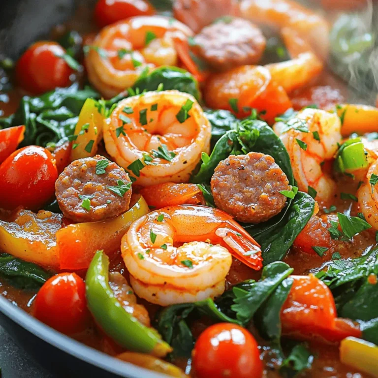 For a tasty Cajun Shrimp and Sausage Skillet, gather these key ingredients: - 1 lb large shrimp, peeled and deveined - 1 lb smoked sausage, sliced (Andouille or your choice) - 1 medium bell pepper, diced (red or green) - 1 small onion, chopped - 3 cloves garlic, minced - 1 cup cherry tomatoes, halved - 2 cups fresh spinach, washed - 2 teaspoons Cajun seasoning - 1 teaspoon smoked paprika - 1/2 teaspoon cayenne pepper (adjust for heat) - 3 tablespoons olive oil - Salt and black pepper to taste - Fresh parsley, chopped for garnish When selecting shrimp, look for those that are firm and smell fresh. Avoid shrimp that look dull or have a strong odor. For sausage, choose a smoked variety for the best flavor. Andouille is a classic choice, but any good-quality smoked sausage works well. If you can’t find fresh shrimp, frozen shrimp can be a great option. Just thaw them in cold water before cooking. For a lighter dish, swap in turkey sausage. You can also mix in extra veggies like zucchini or corn for added color and flavor. For the full recipe, check the detailed instructions. To start, prepare your shrimp and sausage. Peel and devein the shrimp if needed. Slice your sausage into bite-sized pieces. I like using Andouille sausage for its smoky flavor. Next, heat 2 tablespoons of olive oil in a large skillet over medium heat. Once it shimmers, add the sausage slices. Cook for 4-5 minutes until they are browned and crispy. Remove the sausage and set it aside on a plate. In the same skillet, add 1 tablespoon of olive oil. Heat it up, then add the chopped onion and diced bell pepper. Sauté for 3-4 minutes until they soften. The aroma will fill your kitchen! Now, stir in 3 minced garlic cloves. Cook for 1 minute. You want the garlic to smell good but not burn. After that, add 1 cup of halved cherry tomatoes. Cook for another 2-3 minutes until they soften and juice up. Now we add flavor! Sprinkle 2 teaspoons of Cajun seasoning, 1 teaspoon of smoked paprika, and 1/2 teaspoon of cayenne pepper over the mixture. Stir well, so the spices coat all the veggies. It's time to combine everything! Add the cooked sausage back into the skillet. Now, toss in the shrimp. Cook for 3-4 minutes until the shrimp turns pink. It should not be translucent anymore. Next, gently fold in 2 cups of fresh spinach. Cook it just until it wilts, which takes about a minute. Taste your dish and adjust the salt and black pepper if you need to. Before serving, let the skillet cool slightly. This allows the flavors to meld together. For a fun twist, serve it bubbling hot straight from the skillet. Garnish with fresh parsley for a pop of color. You can find the full recipe for more details! To make Cajun Shrimp and Sausage Skillet shine, use bold spices. I recommend Cajun seasoning, smoked paprika, and cayenne pepper. These spices bring warmth and depth. You can adjust the cayenne to match your heat level. If you like it spicy, add more. If not, skip it. Cooking techniques matter too. Sautéing the sausage until it's crisp adds flavor. Use a hot skillet to get that nice sear. It helps lock in juices and flavors. When you add the garlic, stir it for just a minute. This way, it becomes fragrant but does not burn. Garnishing makes your dish look great. I love using fresh parsley. It adds a pop of color. Serve the dish hot from the skillet for a cozy feel. You can also sprinkle some extra Cajun seasoning on top for flair. For a full meal, pair it with crusty bread or a scoop of rice. Both options soak up the tasty juices. Enjoy the vibrant colors and flavors. This dish not only tastes good but looks amazing too. For the full recipe, check the detailed instructions. {{image_4}} You can switch shrimp for chicken or tofu. Chicken works well in this dish. Cut it into small pieces to cook evenly. Use boneless chicken thighs for more flavor. Tofu is a great choice for a plant-based meal. Press the tofu before cooking to remove excess water. This will help it absorb flavors better. For sausage, try different types to change the taste. Andouille adds a smoky kick. Italian sausage gives a milder flavor. You can even use turkey sausage for a leaner option. Each type brings its own unique flavor, so feel free to experiment. Adding vegetables can make this dish even better. You can include zucchini, mushrooms, or corn. These veggies add color and texture. Try seasonal veggies like asparagus in spring or squash in fall for a fresh twist. You can also add leafy greens such as kale or Swiss chard. They cook down nicely and boost nutrition. Mixing different vegetables can create a unique taste each time. Don't be afraid to try what you have on hand or what looks fresh at the store. To keep your Cajun shrimp and sausage skillet fresh, follow these steps: - Cool Down: Let the dish cool before storing. - Refrigerate: Place leftovers in an airtight container. Store in the fridge. - Label: Write the date on the container to track freshness. For freezing, do this: - Use Freezer Bags: Transfer the cooled dish into freezer bags. - Remove Air: Squeeze out as much air as possible to avoid freezer burn. - Freeze Quickly: Lay the bag flat in the freezer for easy stacking. In the fridge, the dish lasts about 3-4 days. After that, the flavors may fade. For frozen leftovers, expect about 2-3 months of good quality. Watch for these signs of spoilage: - Off Smell: A sour or strange odor indicates it's bad. - Color Changes: If the shrimp looks dull or gray, discard it. - Texture Issues: If it feels slimy or sticky, do not eat it. How spicy is Cajun Shrimp and Sausage Skillet? The spice level can vary. I use cayenne pepper to add heat. You can adjust it to your taste. If you prefer mild, use less cayenne. If you love heat, add more. The Cajun seasoning also brings spice, so taste as you cook. Can I make this recipe ahead of time? Yes, you can make this dish ahead. Cook it, let it cool, and store it in the fridge. It stays good for about three days. Reheat it gently on the stove or in the microwave. The flavors will blend even more over time. What can I serve with Cajun Shrimp and Sausage Skillet? This dish pairs well with many sides. You can serve it over rice or pasta. Crusty bread is also a great choice. A simple salad on the side adds freshness. Choose what you like best! Is this recipe suitable for meal prep? Absolutely! This dish works great for meal prep. Divide it into containers for easy lunches or dinners. It keeps well and reheat easily. Just remember to store it properly in the fridge. Can I use frozen shrimp instead of fresh? Yes, you can use frozen shrimp! Just thaw them before cooking. Rinse them under cold water to remove ice. Frozen shrimp can be just as tasty when cooked right. For the full cooking instructions, check the [Full Recipe](#). In this blog post, we explored the key ingredients for a Cajun Shrimp and Sausage Skillet. I shared tips for selecting the best shrimp and sausage, along with helpful alternatives. You learned step-by-step cooking methods and how to enhance flavors. I also covered variations to suit your taste and how to properly store leftovers. This dish is versatile and inviting, making it a great addition to your meals. Enjoy cooking and sharing this vibrant dish with others!