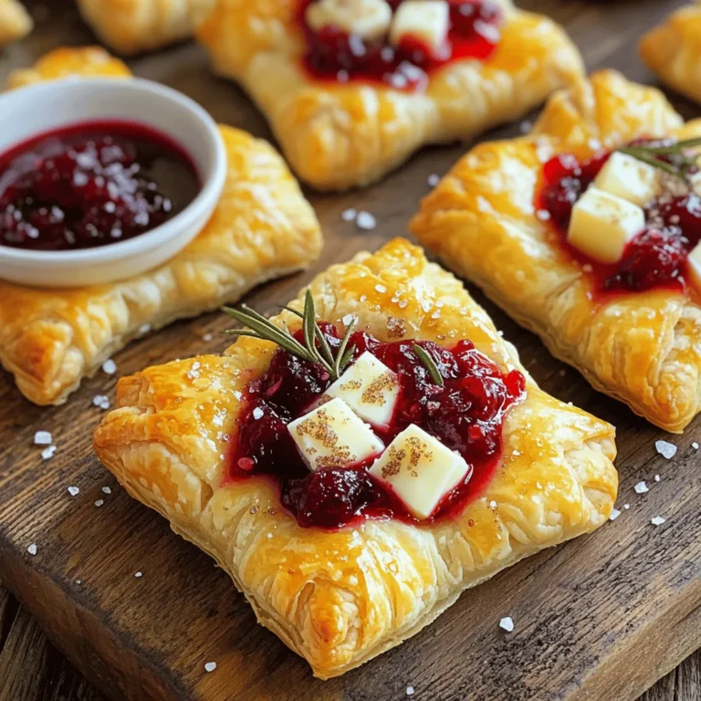 To make delicious cranberry brie bites, gather these simple ingredients: - 1 package of puff pastry (1 sheet, thawed) - 1 cup of fresh or canned cranberry sauce - 8 ounces of Brie cheese, cut into 1-inch cubes - 1 tablespoon of brown sugar - 1 tablespoon of chopped fresh rosemary (or 1 teaspoon dried rosemary) - 1 egg, beaten (for egg wash) - Sea salt for sprinkles Each ingredient plays a key role in flavor and texture. The puff pastry gives a flaky and light base. The Brie melts into a creamy delight. Cranberry sauce adds a sweet and tart kick. Brown sugar enhances the sweetness, while rosemary adds a fresh aroma. If you don't have some ingredients, here are some easy swaps: - Instead of puff pastry, you can use phyllo dough or crescent roll dough. - For Brie, camembert or goat cheese works well. - Use honey or maple syrup instead of brown sugar for a different sweetness. - Feel free to swap rosemary with thyme or sage for a unique twist. These substitutions still provide great flavor and texture. Fresh cranberry sauce has a bright, tart flavor. It gives a homemade touch and more texture. Canned cranberry sauce is sweet and smooth. It offers convenience for quick prep. When choosing, think about your taste and time. If you have time, try making fresh sauce. If you’re in a rush, canned sauce is a perfect choice. For the best results, use the freshest ingredients you can find. This will make your cranberry brie bites shine at any gathering! Start by preheating your oven to 400°F (200°C). This ensures even baking. Line a baking sheet with parchment paper. This helps prevent sticking. Next, roll out the puff pastry on a lightly floured surface. Make it smooth and even. Cut the pastry into 2-inch squares. Aim for about 16 squares. Place each pastry square on the baking sheet, leaving space in between. In the center of each square, add about one teaspoon of cranberry sauce. Spread it slightly for a base. Now, top the sauce with a cube of Brie cheese. Make sure it sits nicely on the sauce. Sprinkle a pinch of brown sugar and chopped rosemary over the Brie. This adds sweetness and herb flavor. Fold the corners of each pastry square towards the center. Pinch the edges to seal the filling inside. Brush each assembled bite with beaten egg for a golden finish. Then, sprinkle a small pinch of sea salt on top. This will contrast well with the sweet cranberry. Place your baking sheet in the oven. Bake for 15-20 minutes. Look for a golden brown color and puffed pastry. Once done, take them out and let them cool for a few minutes. Enjoy these bites warm for the best flavor! For the full recipe, check the earlier section. To make great puff pastry, start with a good quality sheet. Thaw it gently in the fridge. This keeps the butter cold and helps it puff up nicely. Roll it out lightly to avoid tearing. Cut it into even squares for uniform baking. Each bite should have enough room to rise. Use a sharp knife to cut, as this helps the edges seal better. These cranberry brie bites shine on their own, but they also pair well with many items. Serve them with a sweet dip, like honey or balsamic glaze. Fresh fruit, like apple slices or grapes, adds a nice touch. For drinks, a crisp white wine complements the flavors perfectly. If you prefer something non-alcoholic, try sparkling water with a hint of lemon. If you have leftover bites, store them in an airtight container. Place a piece of parchment paper between layers to keep them fresh. They can last in the fridge for about two days. To reheat, pop them in the oven at 350°F (175°C) for about 10 minutes. This helps to keep the pastry crispy. For more tips, check out the full recipe. {{image_4}} You can make cranberry brie bites even more fun by adding nuts or fruits. Chopped walnuts or pecans add a nice crunch. They pair well with the creamy Brie. You might also try adding some thin apple slices or pear pieces. These fruits bring natural sweetness and a fresh taste to each bite. While Brie is classic, you can switch things up with other cheeses. Camembert offers a similar soft texture. Goat cheese gives a tangy twist, and cheddar adds a sharp kick. Feel free to experiment with your favorites. Each cheese brings its own unique flavor, making every batch special. You can change the flavor of your bites with seasonal ingredients. In fall, add pumpkin spice to the cranberry sauce. In winter, mix in some cinnamon or nutmeg. For spring, consider using fresh herbs like basil or mint. Summer is perfect for bright flavors like lemon zest or even a hint of jalapeño for heat. These combos keep your appetizer fresh and exciting. For more details, check the Full Recipe. Cranberry Brie bites are easy and fun to make. They combine sweet and salty flavors. The creamy Brie melts perfectly with the tart cranberry sauce. You start with puff pastry, which gives a flaky base. - Puff Pastry: It creates a light and airy texture. Make sure to thaw it before use. - Cranberry Sauce: You can use fresh or canned. It adds a burst of flavor. - Brie Cheese: Choose a good quality Brie for the best taste. Cut it into cubes. - Brown Sugar: It adds sweetness and helps with caramelization. - Rosemary: Fresh rosemary gives a nice herbal note. Dried works too. - Egg Wash: It makes the bites golden and shiny. - Sea Salt: A sprinkle on top will balance the flavors. The steps are simple. You roll out puff pastry, cut it, and fill it. Then you fold and bake. In just 15-20 minutes, you will have golden bites. The total time for this recipe is about 35 minutes. You will spend 15 minutes preparing. The baking takes 15-20 minutes. This recipe makes 16 bites. It’s perfect for parties or gatherings. Each Cranberry Brie bite has about 100 calories. They also have: - Fat: 6 grams - Carbohydrates: 10 grams - Protein: 2 grams These bites are delicious, but watch your portions. Enjoy them as part of a balanced meal. For the full recipe, check below! Yes, you can prepare these bites ahead of time. Make them up to a day before your event. After you assemble them, cover and refrigerate. When you are ready to bake, just take them out and let them sit for a few minutes. Then, brush with egg wash and bake as directed. Cranberry Brie Bites pair well with many foods. Here are some great options: - Sliced baguette or crackers - A fresh green salad with a light dressing - A cheese board featuring various cheeses - Sliced apples or pears for a sweet touch These options will create a lovely spread for your guests. To reheat leftover bites, simply preheat your oven to 350°F (175°C). Place the bites on a baking sheet. Cover them loosely with foil to keep them from drying out. Heat for about 10-15 minutes or until warm. This method keeps them crispy and delicious. Enjoy them again! In this article, we covered how to make delicious Cranberry Brie Bites. We discussed key ingredients, including fresh and canned options. You learned easy step-by-step instructions for prepping and baking. I shared tips for perfect puff pastry and ways to serve. We explored variations to mix things up, like different cheeses and add-ins. With this recipe, you can impress guests or enjoy a tasty snack anytime. Cooking can be fun and rewarding. So, gather your ingredients and start baking those bites!
