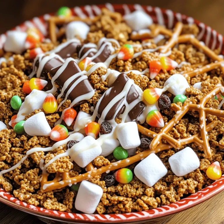 - 2 cups gingerbread-flavored cereal - 1 cup pretzel sticks - 1 cup mini marshmallows - 1 cup chocolate-covered raisins - 1/2 cup candy corn - 1/2 cup yogurt-covered raisins - 1/4 cup chopped pecans (optional) - Spices for flavoring: ground cinnamon, ground ginger, nutmeg - 1/4 cup white candy melts (for drizzling) Creating the perfect Gingerbread House Snack Mix starts with the right ingredients. Each one adds taste and fun. The gingerbread-flavored cereal gives a warm, spiced base. The pretzel sticks add a salty crunch that pairs well with the sweet elements. Mini marshmallows bring soft, chewy bites while chocolate-covered raisins offer a rich sweetness. Candy corn adds a pop of color and chewy texture. Yogurt-covered raisins bring a creamy twist. If you enjoy nuts, toss in some chopped pecans for added crunch. To spice things up, I use ground cinnamon, ground ginger, and nutmeg. These spices make the mix taste like a cozy gingerbread house. Finally, the white candy melts serve as a sweet drizzle to hold everything together. - Dried cranberries for a tart kick - M&Ms for extra color and sweetness - Other cereals like cinnamon toast or honey bunches You can customize this mix however you like. Dried cranberries add a nice tart flavor. M&Ms provide a fun, colorful twist. If you want to switch up the cereal, try using cinnamon toast or honey bunches for a different crunch. Making this snack mix your own is part of the joy! First, gather your ingredients. You will need gingerbread-flavored cereal, pretzel sticks, mini marshmallows, chocolate-covered raisins, candy corn, yogurt-covered raisins, and optional pecans. In a large mixing bowl, combine these items. Stir gently to mix them well. Next, it’s time to add some flavor. Sprinkle the ground cinnamon, ground ginger, and nutmeg over the mix. Toss everything together carefully. This ensures that each piece gets coated evenly with wonderful spices. The smell will remind you of fresh gingerbread cookies. Now, let's melt the candy melts. Take a microwave-safe bowl and add the white candy melts. Heat them in the microwave for 30 seconds at a time. Stir after each interval until smooth. This usually takes about 1 to 2 minutes. Be careful not to overheat them. Once melted, drizzle the warm candy over the snack mix. Use a spatula or a spoon for even distribution. This step makes the mix look nice and adds sweetness. Allow the snack mix to cool at room temperature for about 10 to 15 minutes. This time lets the candy coating firm up. You want it to set so that the mix sticks together a bit. For serving, you can transfer the mix to a colorful bowl. You can also use individual treat bags for sharing. This snack makes a fun holiday treat. You can even add festive touches, like edible glitter, to make it look magical. Adjusting spices can make your snack mix shine. Add more ground ginger for a bolder taste. If you love warmth, sprinkle in a bit more cinnamon. Don't forget nutmeg; it adds a nice depth of flavor. For extra crunch, consider adding toasted nuts or seeds. Chopped almonds or walnuts work well here. You can also use crispy rice cereal to enhance the crunch factor. Make your snack mix stand out at parties! Serve it in clear jars or festive bowls. You can layer the mix with colorful candies for a fun look. Try adding candy canes for a holiday twist. For gifting, fill cellophane bags with the mix. Tie them with bright ribbons for a cheerful touch. You could even attach a cute tag with the recipe on it. Kids can help make this snack mix easier. Use fewer spices and let them choose their favorite add-ins. Swap pretzels for popcorn or cheese puffs. This makes it lighter and fun to eat. Get children involved in mixing the ingredients. They can measure, pour, and stir, making it a fun family activity. Plus, they will love creating their own special mix! {{image_4}} You can have fun with your snack mix by trying different themes. If you want to skip the gingerbread, consider a chocolate theme. Use chocolate-flavored cereal, add chocolate chips, and swap out candy for chocolate-covered pretzels. This mix is rich and sweet. For a winter theme, think white and blue. Use vanilla-flavored cereal and add blue candies. You can also include snowflake-shaped sprinkles for a fun touch. These ideas work great for holiday parties or winter gatherings. If you or your guests need gluten-free options, you can easily make changes. Look for gluten-free gingerbread cereal or use puffed rice as a base. Check candy labels to ensure they are gluten-free as well. For nut-free options, skip the pecans or replace them with seeds like pumpkin or sunflower seeds. This way, everyone can enjoy the snack mix safely. To make your snack mix even more exciting, think about adding dried fruits. Cranberries or apricots add a chewy texture and natural sweetness. You can also use different candies, like gummy bears or chocolate-covered nuts. For a flavor boost, consider adding spices like allspice or clove. A dash of vanilla extract can also enhance the taste. Experiment with these ideas to create your perfect blend. You can find the full recipe to get started! To keep your Gingerbread House Snack Mix fresh, use airtight containers. Glass jars or plastic containers work well. These containers help keep moisture out and keep your mix crunchy. Store it in a cool, dark place like a pantry. It can stay fresh for up to two weeks. If you want to enjoy your snack mix later, freezing is a great choice. First, place it in a freezer-safe bag. Be sure to squeeze out all the air. Seal it tightly before freezing. This mix can last for up to three months in the freezer. When you’re ready to eat, take it out and let it thaw in the fridge overnight. This keeps the texture nice. Once it’s thawed, serve it in a bowl or use it for holiday gifts. The flavors will still be great, and your snack mix will be a hit! Gingerbread House Snack Mix can last about two weeks when stored properly. Keep it in an airtight container to ensure it stays fresh. If you live in a humid area, you might want to store it in the fridge. Avoid letting it sit out too long to keep the crunch. Yes, you can make this snack mix a few days in advance. Just store it in an airtight container. This keeps it fresh and ready to serve. If you want to make it even earlier, consider adding the candy drizzle right before you serve. This way, the mix stays crispy and tasty. If you can't find gingerbread cereal, don't worry! You can use cinnamon cereal or even graham crackers. These options still give a sweet and spicy flavor. You can also mix in your favorite cereals for a fun twist. Just ensure they complement the other flavors in the mix. For the full recipe, check the detailed instructions above. This article covered the fun and tasty recipe for Gingerbread House Snack Mix. We talked about the required ingredients and optional add-ins for customization. You learned how to mix, melt, and drizzle for a perfect snack. Remember, you can adapt flavors and storage methods to your needs. Now, get creative with mix-ins and themes! This snack is sure to delight. Use it for parties, gifts, or family fun. Enjoy your tasty creation!
