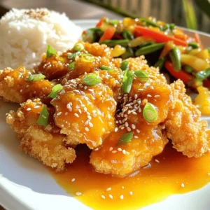 For this dish, you will need: - 1.5 lbs boneless, skinless chicken thighs, chopped into bite-sized pieces - 1/2 cup all-purpose flour - 2 large eggs, beaten until smooth - 1 cup panko breadcrumbs for crunchy texture These main ingredients create a juicy and crispy base that holds the sauce perfectly. To make the sauce, gather: - 1/2 cup freshly squeezed orange juice - 1/4 cup low-sodium soy sauce - 1/4 cup honey - 2 cloves garlic, finely minced - 1 tablespoon fresh ginger, finely grated - 1 tablespoon cornstarch - 1 tablespoon sesame oil - 1 teaspoon red pepper flakes These ingredients blend together to form a sweet, tangy, and sticky sauce that coats the chicken. You can add extra flavor and fun with: - 2 green onions, thinly sliced - Sesame seeds For sides, serve your Sticky Orange Chicken over steamed rice or with stir-fried vegetables. They add color and nutrition to your meal. Want the full recipe? Check out the [Full Recipe]. Start by taking your chicken thighs. Cut them into bite-sized pieces. This will help them cook evenly. In a medium bowl, add the all-purpose flour. Toss the chicken pieces in the flour until they are fully coated. Next, dip each piece into the beaten eggs. Make sure all sides are covered. Finally, roll the chicken in panko breadcrumbs. This gives the chicken a nice crunch. Set the coated chicken aside on a plate while you heat the oil. Grab a large skillet and add vegetable oil. Heat it over medium-high heat. When the oil shimmers, it’s time to fry. Add the breaded chicken pieces in batches. Don’t overcrowd the pan; this ensures even cooking. Fry the chicken for about 5-7 minutes. Turn them occasionally, so they brown nicely. Once golden brown and cooked through, use a slotted spoon to lift them out. Place them on paper towels to drain any extra oil. In a separate bowl, mix the sauce ingredients. Combine freshly squeezed orange juice, soy sauce, honey, minced garlic, grated ginger, cornstarch, sesame oil, and red pepper flakes. Whisk it all together until smooth and the cornstarch dissolves. This mix is what adds flavor to your chicken. Pour the sauce into the same skillet you used for frying. Keep the heat on medium. Stir constantly as it simmers. This prevents the sauce from sticking. Cook it for about 3-5 minutes until it thickens. The sauce should coat the back of a spoon. Return the fried chicken to the skillet. Toss it gently in the sauce until every piece is covered. Cook for another 2 minutes to heat everything through. Now it’s time to serve! Transfer the Sticky Orange Chicken onto a serving platter. For a fresh touch, garnish with sliced green onions. A sprinkle of sesame seeds adds a nice crunch. For a complete meal, serve it over fluffy steamed rice. Drizzle any leftover sauce over the rice. You can also add fresh orange slices on the side for a pop of color. Enjoy your culinary creation! To get that ideal sticky sauce, start with the right cornstarch amount. Use one tablespoon for a thick glaze. Mix it well with the other sauce ingredients to avoid lumps. When you heat the sauce, stir it often. This helps prevent sticking and ensures it thickens evenly. Once you combine the chicken with the sauce, let it simmer a bit. This gives the flavors time to blend. Using the right tools makes cooking fun and easy. A large skillet works best for frying the chicken. It gives you space to cook in batches. A slotted spoon helps you lift the chicken out of the hot oil. For mixing the sauce, a whisk is key. It helps combine all the ingredients smoothly. You might also want measuring cups and spoons for accuracy. Sometimes, you may not have all the ingredients on hand. If you don’t have orange juice, try another fruit juice like pineapple. For soy sauce, tamari or coconut aminos can work too. If you want a sweet touch, maple syrup can replace honey. If you’re out of sesame oil, olive oil or peanut oil can add flavor. Don’t hesitate to get creative! For the full recipe, check the details above. {{image_4}} Baking is a great way to make this dish lighter. For baked sticky orange chicken, simply skip the frying step. Coat the chicken pieces in flour, eggs, and panko as usual. Then, place them on a baking sheet lined with parchment paper. Bake them at 400°F (200°C) for about 25 minutes. This method gives you a crispy texture with less oil. If you're looking for a vegetarian twist, try using tofu instead of chicken. Press and drain firm tofu to remove excess water. Cut it into bite-sized cubes. Follow the same coating process with flour, eggs, and panko. Fry or bake the tofu until golden. Toss it in the same orange sauce. It’s just as tasty and satisfying! For those who love spice, add extra heat to your sticky orange chicken. You can increase the red pepper flakes in the sauce. Another option is to mix in sliced fresh jalapeños or chili paste. This will give your dish a nice kick. Adjust the spice level to suit your taste. Enjoy the added warmth in every bite! For the complete recipe, refer to the [Full Recipe]. To keep your Sticky Orange Chicken fresh, store it in an airtight container. Make sure to let it cool down first. Place the chicken in the fridge within two hours of cooking. Proper storage helps keep the flavors intact. Leftovers can last about three to four days in the fridge. To reheat your Sticky Orange Chicken, use the stovetop for best results. Heat a skillet over medium heat and add a splash of water or broth. This keeps the chicken moist. Stir occasionally until it's heated through. You can also use a microwave, but cover the dish to avoid drying it out. Heat in short bursts, checking often. If you want to save Sticky Orange Chicken for later, freezing is a great option. Place the cooled chicken in a freezer-safe bag or container. Remove as much air as possible to prevent freezer burn. It can last up to three months in the freezer. When ready to eat, thaw it in the fridge overnight and reheat as mentioned above. Enjoy that sticky goodness later! To make the sauce thicker, add more cornstarch. Mix one tablespoon of cornstarch with two tablespoons of cold water. Stir this mixture into the sauce as it cooks. Keep stirring until the sauce thickens. This method ensures a nice, sticky texture that clings to the chicken. Yes, you can use chicken breast instead of thighs. Chicken breast is leaner and cooks faster. Just cut it into small pieces, like the thighs. The flavor will be slightly different, but it will still be tasty. Make sure not to overcook it for the best results. Sticky Orange Chicken pairs well with several sides. Here are some great options: - Steamed rice - Stir-fried vegetables - Noodles - Quinoa - A fresh salad These sides balance the sweetness of the chicken and add more color to your plate. Sticky Orange Chicken lasts for about three to four days in the fridge. Make sure to store it in an airtight container to keep it fresh. Reheat it thoroughly before serving to enjoy its full flavor. Yes, you can prepare Sticky Orange Chicken in advance. You can bread and fry the chicken earlier in the day. Just store it separately from the sauce. When ready to serve, heat the sauce and toss the chicken in it. This makes meal prep easy and quick. For the full recipe, check the earlier section. Sticky Orange Chicken is a delicious dish made with simple ingredients. We covered how to prepare the chicken, make the sauce, and combine them for the perfect meal. Tips on achieving the right texture and storage methods help you enjoy this dish over time. For variety, you can try healthier versions, vegetarian options, or spicy twists. With these steps, you can create a meal that impresses and satisfies. Enjoy making this dish your own!