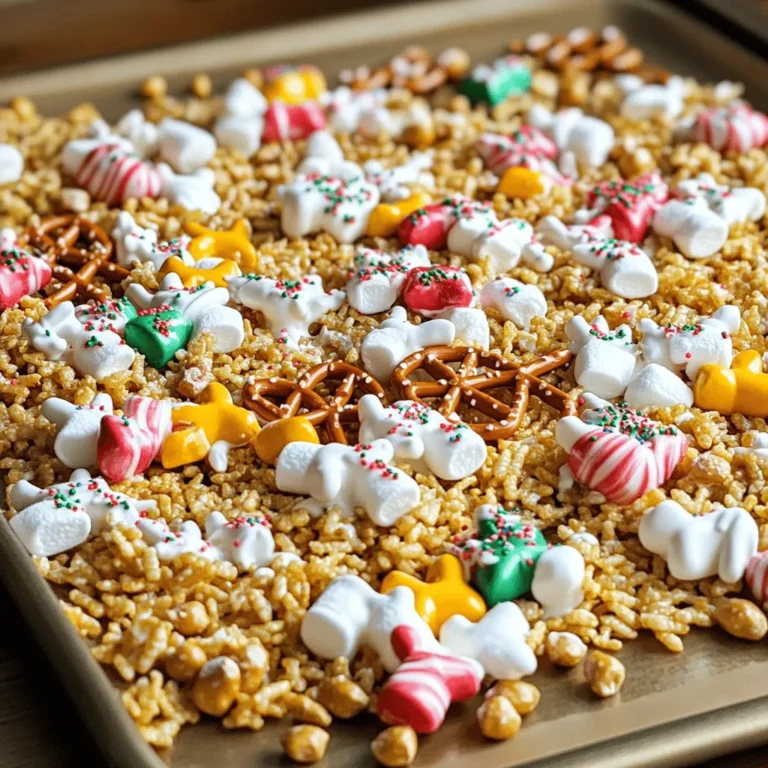 - 4 cups rice cereal (like Chex or Crispix) - 1 cup pretzel sticks - 1 cup holiday-shaped marshmallows - 1 cup roasted peanuts or nuts mix - 1 cup white chocolate chips - ½ cup creamy peanut butter - ¼ cup powdered sugar - ½ teaspoon vanilla extract - Festive Christmas sprinkles Reindeer Chow is a fun and easy treat for the holidays. The main ingredients bring together nice crunch and sweetness. The rice cereal forms a sturdy base, while pretzel sticks add a salty touch. Holiday-shaped marshmallows make it festive and fun. You can use roasted peanuts or any nut mix you like for added flavor. The extra ingredients tie everything together. White chocolate chips provide a sweet, creamy coating. Creamy peanut butter makes the mix rich and smooth. The powdered sugar gives it a sweet dusting, while vanilla adds warmth. Finally, festive sprinkles make the mix bright and cheerful, perfect for the holiday spirit. You can find the full recipe for this delightful treat, and I bet it will become a favorite. The mix is easy to make and fun to share with family and friends. Mixing the Dry Ingredients Start by gathering your ingredients. In a large mixing bowl, combine the rice cereal, pretzel sticks, holiday-shaped marshmallows, and roasted peanuts. Gently stir everything so that it mixes well. Be careful not to break the cereal. You want each piece to stay intact for the best taste and texture. Melting the Chocolate Mixture Next, take a microwave-safe bowl and add the white chocolate chips and creamy peanut butter. Microwave this mix in 30-second intervals. After each interval, stir the mixture until it is completely melted and smooth. This usually takes about 1 to 1.5 minutes. Be patient; it’s worth it! Coating the Cereal and Nuts Once the chocolate and peanut butter mix is ready, add the vanilla extract. Stir it in well to make it fragrant. Then, carefully pour this melted mixture over the cereal and nuts in your large bowl. Use a spatula to gently fold everything together. Ensure that every piece gets coated in that tasty chocolate mixture. Dusting with Powdered Sugar Now, sprinkle the powdered sugar over the mix. Fold it in gently so that it covers everything evenly. This step adds a nice sweetness and a fun texture to your snack mix. Cooling and Setting the Mixture Line a large baking sheet with parchment paper. Transfer your coated mix onto this sheet and spread it out evenly. If you like, add festive Christmas sprinkles on top for extra fun. Let it cool and set for about 30 minutes. This helps everything firm up nicely. Breaking into Clusters for Serving After the mix has set, it’s time to break it into clusters. Use your hands to gently pull apart the mix into bite-sized pieces. Store your delicious Reindeer Chow in an airtight container to keep it fresh. Enjoy this festive delight while sharing it with family and friends! For the complete recipe, check out the Full Recipe section. When mixing your Reindeer Chow, gentle stirring is key. Use a large spatula to fold the ingredients together. This way, you keep the cereal whole and avoid breakage. If you stir too hard, the cereal can crumble. Aim for a light touch to keep everything intact, which makes for a prettier mix. For melting chocolate, ensure a smooth consistency. Use a microwave-safe bowl to combine white chocolate chips and creamy peanut butter. Heat it in thirty-second intervals. Stir after each interval until melted and creamy. This method prevents overheating and clumping. If you prefer, use a double boiler. Place a bowl over simmering water and stir until melted. This method is great for keeping the chocolate warm and smooth. When it comes to serving, think fun! You can use festive bowls or small cups for a party. Add colorful plates to brighten your table. For gifts, package the mix in clear bags tied with ribbons. This makes for a charming holiday treat. You can also add a card with the recipe. This personal touch makes it special. {{image_4}} If you want to make Reindeer Chow without nuts, there are great options. You can use seeds like pumpkin or sunflower seeds. These add crunch and nutrition. Dried fruits like cranberries or raisins also work well. They bring sweetness and color to the mix. Another nut-free idea is using sunflower seed butter instead of peanut butter. This gives a creamy texture without tree nuts. It also tastes great with the chocolate! To make your mix even more festive, add peppermint or holiday spices. Crushed peppermint candies can give a nice holiday touch. Just sprinkle them in after you coat the mix. You can also experiment with different types of chocolate. Dark chocolate chips or milk chocolate can change the flavor. Mix and match to find your favorite blend! For those who need gluten-free options, swap rice cereal for a gluten-free variety. Many brands offer gluten-free Chex or similar cereals. These keep the mix just as tasty. If you want to make this snack vegan, use dairy-free chocolate chips. You can also replace peanut butter with almond or sunflower seed butter. These options keep the mix delicious and friendly for everyone! You can find the full recipe to guide you through these fun variations. To keep your Reindeer Chow fresh and tasty, store it in an airtight container. This helps prevent moisture and keeps the snack mix crunchy. I recommend using a large glass jar or a plastic container with a tight lid. Place the container in a cool, dry spot. Avoid areas that get hot or humid, like near the stove or in direct sunlight. A pantry or cupboard works great. Reindeer Chow lasts fresh for about two weeks when stored properly. You can enjoy it throughout the holiday season! If you want to keep it longer, try freezing it. To freeze, place the Reindeer Chow in a freezer-safe bag. Remove as much air as possible before sealing. It can last up to three months in the freezer. When you want some, just take it out and let it thaw at room temperature. Enjoy your festive snack mix any time! Yes, you can make Reindeer Chow ahead of time. I recommend storing it in an airtight container. It will stay fresh for about a week. If you want to keep it longer, you can freeze it. Just thaw it before serving. If you have allergies, you can use sun butter or almond butter. Both give a nice taste. You can also use tahini for a nut-free option. Just make sure the flavor works for your group. To make Reindeer Chow gluten-free, choose gluten-free rice cereal. There are many brands available. Check the labels on pretzels too. Some are gluten-free. You can also use gluten-free white chocolate chips. Enjoy without worry! Reindeer Chow is a fun holiday treat made with rice cereal, pretzel sticks, and festive marshmallows. You blend these with melted white chocolate and peanut butter, then coat with powdered sugar. Remember to store it in an airtight container to keep it fresh. In the end, this snack is versatile. You can mix in nuts, spices, or even make it nut-free. With these ideas, you can share Reindeer Chow at parties or give it as gifts. Enjoy making this treat and let your creativity shine!