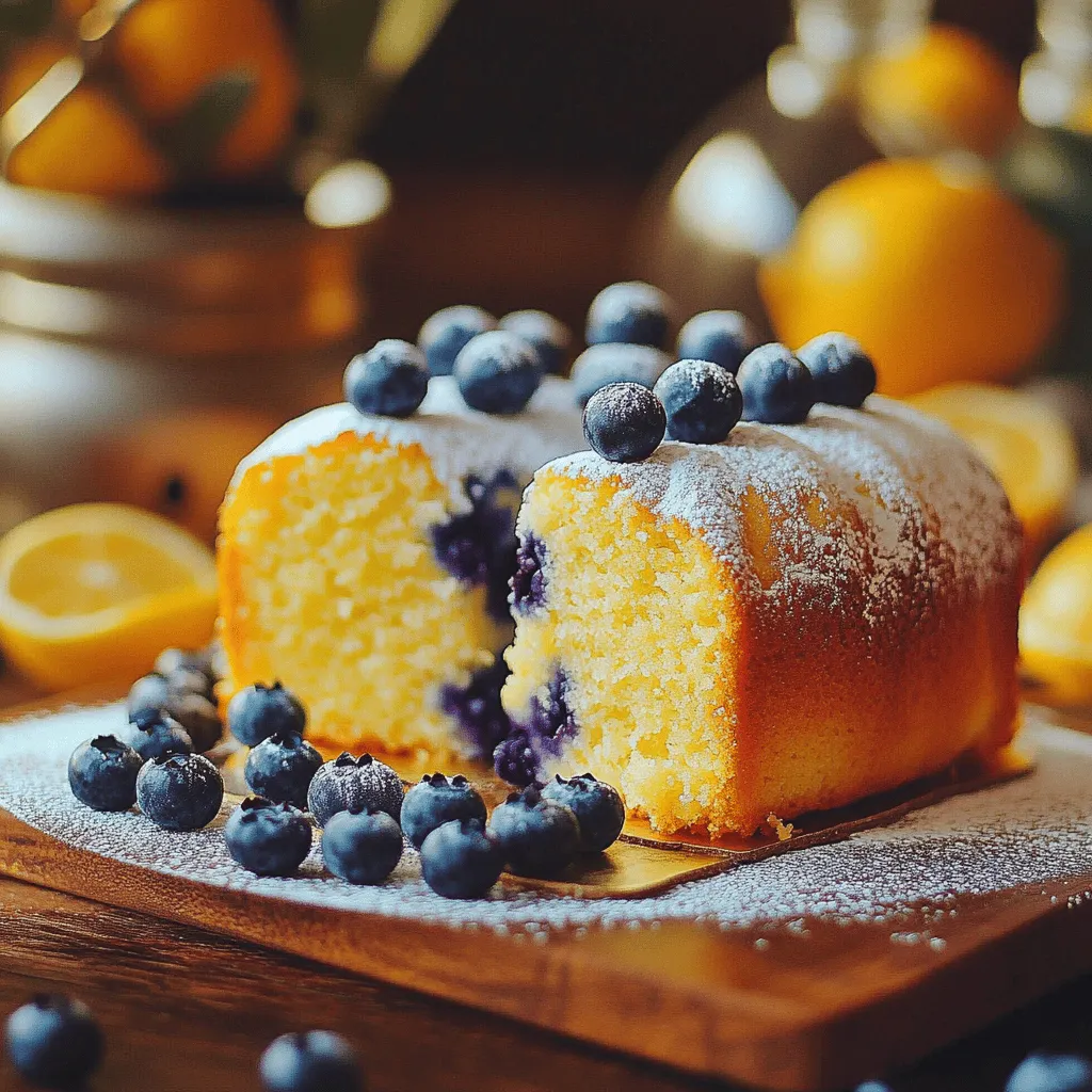 For this lemon blueberry pound cake, gather these simple ingredients: - 1 ½ cups all-purpose flour - 1 teaspoon baking powder - ½ teaspoon baking soda - ½ teaspoon salt - ¾ cup unsalted butter, softened - 1 cup granulated sugar - 3 large eggs - 2 teaspoons vanilla extract - 2 tablespoons lemon zest (grated from about 1 large lemon) - ½ cup sour cream - 1 cup fresh blueberries (plus additional for garnish) - 2 tablespoons freshly squeezed lemon juice Each ingredient plays a key role. The flour gives structure. The butter adds richness. Eggs bind everything together. The sugar sweetens and helps with browning. The sour cream keeps the cake moist. If you don’t have sour cream, try Greek yogurt. It works well and adds a nice tang. For a dairy-free option, use coconut oil instead of butter. You can also substitute fresh blueberries with frozen ones. Just make sure to add them without thawing. These ingredients create a cake that’s soft, moist, and bursting with flavor. You can find the full recipe above to guide you through the baking process. 1. Preheat your oven to 350°F (175°C). Grease a 9x5 inch loaf pan with butter or cooking spray. This step ensures your cake does not stick. 2. In a medium bowl, mix the dry ingredients. Combine 1 ½ cups of flour, 1 teaspoon of baking powder, ½ teaspoon of baking soda, and ½ teaspoon of salt. Whisk them together well and set aside. 3. In a large bowl, cream together ¾ cup of softened butter and 1 cup of sugar. Use an electric mixer on medium speed for 3-5 minutes. The mix should turn light and fluffy. 4. Add 3 large eggs one at a time. Make sure each egg mixes in fully before the next one. Then stir in 2 teaspoons of vanilla extract and the zest of 1 large lemon. Mix until smooth. 5. Gradually add the dry mix to the wet mix. Alternate this with ½ cup of sour cream and 2 tablespoons of lemon juice. Start and end with the dry mix. Mix just until combined to keep your cake tender. 6. Gently fold in 1 cup of fresh blueberries with a spatula. Be careful not to break the berries. This helps them hold their shape in the cake. 7. Pour the batter into the greased loaf pan. Spread it evenly. Tap the pan on the counter to release any air bubbles. - Bake your cake in the oven for 50-60 minutes. This time helps the cake rise and cook evenly. - To check if the cake is done, insert a toothpick into the center. If it comes out clean, your cake is ready. If the top browns too fast, cover it with aluminum foil for the last 15 minutes. - After removing the cake from the oven, let it cool in the pan for 10 minutes. Then, move it to a wire rack to cool completely before slicing. - For a lovely presentation, slice the cooled cake and place it on a nice platter. Sprinkle powdered sugar on top and add fresh blueberries for a beautiful finish. This makes your lemon blueberry pound cake even more inviting. Enjoy your delicious treat! To make a great lemon blueberry pound cake, start with room temperature ingredients. This includes butter, eggs, and sour cream. Room temperature items blend better. They create a smooth batter. A smooth batter bakes more evenly. Next, focus on mixing techniques. Cream the butter and sugar until light and fluffy. This step adds air to your batter. It helps the cake rise well. Mix in the eggs one at a time. This keeps the mixture stable. Finally, fold in the dry ingredients gently. Over-mixing can make your cake dense. To boost flavor, use a mix of citrus and berries. The tartness of lemon pairs well with blueberries. This mix adds brightness to the cake. You can also try other berries like raspberries or blackberries. Each berry brings a unique taste. Consider adding spices for extra warmth. A pinch of cinnamon or nutmeg can enhance the cake. You might also try adding almond extract for a nutty twist. These small changes can take your cake to the next level. For the full recipe, check out Lemon Blueberry Bliss Pound Cake. {{image_4}} You can switch up the berries in this recipe. Try raspberries or strawberries for a twist. Each berry brings its unique flavor. The tartness of raspberries contrasts nicely with the sweet cake. Strawberries add a juicy sweetness that pairs well with the lemon. For those who need gluten-free options, use a gluten-free flour blend. Just make sure it has xanthan gum for structure. You can also make this cake dairy-free. Swap out sour cream for a dairy-free yogurt or coconut cream. This keeps the cake moist and tasty. Serve this lemon blueberry pound cake warm or at room temperature. Top it with whipped cream or a scoop of vanilla ice cream for extra joy. The cold creaminess balances the bright flavors of the cake. If you have leftover pound cake, get creative! Use it for French toast or as a base for a berry trifle. Layer slices with whipped cream and fresh fruit for a stunning dessert. You can also toast slices for a crunchy treat. To keep your lemon blueberry pound cake fresh, wrap it tightly. I recommend using plastic wrap. This method helps seal in moisture and flavor. You can also place it in an airtight container. Make sure to store it at room temperature. This cake stays good for about three to four days. For longer storage, freeze it. To freeze the pound cake, let it cool completely. Then, wrap it in plastic wrap. After that, place it in a freezer bag. Be sure to squeeze out excess air. This will help keep the cake fresh. You can freeze it for up to three months. When you're ready to enjoy it, take it out of the freezer. Place it in the fridge to thaw overnight. You can also leave it at room temperature for a few hours. This helps maintain the flavor and texture. Enjoy your delicious lemon blueberry pound cake later! For the full recipe, check back to the main recipe section. Why did my pound cake sink in the middle? Your pound cake may sink due to a few reasons. One common cause is underbaking. If the cake is not fully cooked, it can collapse in the middle. Another reason is overmixing the batter. Mixing too long can add too much air, leading to a collapse. Make sure to follow the baking time closely and test for doneness. How do I know if my cake is done? To check if your cake is done, insert a toothpick into the center. If it comes out clean or with a few crumbs, the cake is ready. If the toothpick has wet batter, the cake needs more time. Remember, each oven is different, so check it a few minutes early. How long does the lemon blueberry pound cake last? Lemon blueberry pound cake lasts for about 3-5 days at room temperature. Be sure to keep it in an airtight container to maintain its freshness. If you want it to last longer, consider freezing it. Can I store it in the refrigerator or just at room temperature? You can store the cake at room temperature, but it can also go in the fridge. If you do store it in the fridge, wrap it well. This helps keep the cake moist and prevents it from absorbing other odors. Is this recipe suitable for vegetarians? Yes, this recipe is suitable for vegetarians. It contains no meat or animal by-products, making it a great treat for all. Can I use a different type of flour? Yes, you can try different types of flour. Almond flour can add a nutty flavor. Gluten-free flour is another option if you need it. Just be sure to check the ratios, as they may differ from all-purpose flour. For the complete recipe, see the [Full Recipe]. Enjoy baking! This blog post shared all you need for lemon blueberry pound cake. We covered each ingredient, detailed steps for mixing, and baking tips for success. I provided storage advice and answered common questions to clear doubts. Baking can be fun and rewarding. With these tips, you can create a delicious treat. Feel free to experiment with flavors and share your results! Enjoy each bite and happy baking!