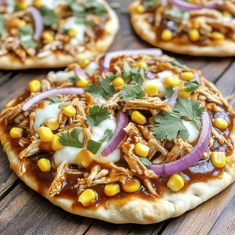 - 2 cups cooked chicken, shredded - 1/2 cup BBQ sauce (homemade or store-bought) - 4 flatbreads or naan - 1 cup shredded mozzarella cheese - 1/2 red onion, thinly sliced - 1/2 cup corn kernels - 1/4 cup fresh cilantro, chopped - Salt and freshly cracked black pepper - 1 tablespoon olive oil - Parchment paper for baking I love how simple this BBQ chicken flatbread recipe is. You can easily gather these ingredients. Start with the chicken; shredding it gives a nice texture. The BBQ sauce adds that sweet and smoky flavor. Flatbreads are great because they cook quickly and hold toppings well. For toppings, I always choose fresh mozzarella. It melts beautifully, giving that gooey goodness. The red onion adds a slight bite, while corn brings sweetness. Finally, fresh cilantro adds a pop of color and flavor. You’ll need olive oil to help the flatbreads crisp up. Don't forget parchment paper; it keeps everything from sticking. This combination of ingredients makes for a tasty meal that everyone will enjoy! For the complete preparation, check out the Full Recipe for more details. Begin by preheating your oven to 400°F (200°C). This step is key for crispy flatbreads. A hot oven helps cook the flatbreads evenly. In a large bowl, combine 2 cups of shredded chicken with 1/2 cup of BBQ sauce. Mix well until every piece of chicken is coated. This adds rich flavor to your flatbreads. Take 4 flatbreads and coat both sides with 1 tablespoon of olive oil. We want a nice, crispy texture. Place the oiled flatbreads on a baking sheet lined with parchment paper. This prevents sticking. Next, evenly spread the BBQ chicken mixture over the flatbreads. Use a spatula to get it right to the edges. Then, add 1 cup of shredded mozzarella cheese on top. This cheese will melt and create a delicious layer. Now, sprinkle 1/2 red onion, thinly sliced, and 1/2 cup of corn kernels over the cheese. These toppings add crunch and sweetness. Place the baking sheet in your preheated oven. Bake for 10-12 minutes. Watch for the cheese to melt and bubble. The edges of the flatbreads should turn golden brown. After baking, carefully take the flatbreads out of the oven. Top them with 1/4 cup of chopped fresh cilantro for a burst of flavor. Slice the flatbreads into serving pieces. Enjoy your BBQ chicken flatbreads! For the detailed instructions, check out the Full Recipe. To get that crispy flatbread, oiling is key. Use a brush to coat both sides of the flatbreads with olive oil. This simple step helps create a nice crunch. Preheat your oven to 400°F (200°C). A hot oven cooks the flatbreads evenly and makes the edges golden. For a tasty twist, try different BBQ sauces. Smoky, sweet, or spicy sauces each bring a new flavor. You can also add spices like garlic powder or onion powder to the chicken mix. These small tweaks can elevate the taste of your BBQ chicken flatbread. Pair your BBQ chicken flatbread with fresh sides. A crisp salad or coleslaw complements it well. For drinks, try iced tea or a fruity soda. These pairings will enhance your meal and make it even more enjoyable. For the full recipe, check out the complete guide. {{image_4}} You can swap out chicken for other meats. Pulled pork is a tasty choice. It adds a rich, smoky flavor. Beef works well too, especially if you use brisket. The key is to ensure the meat is tender. You want it to melt in your mouth. Just mix your chosen meat with BBQ sauce, just like in the original recipe. Spread it on the flatbread and enjoy! If you prefer a meat-free dish, consider using veggies. Roasted bell peppers and zucchini add great taste. You can also use plant-based proteins, like jackfruit or tofu. Shred the tofu and marinate it in BBQ sauce. This gives you a nice flavor and texture. Layer these on your flatbread just like you would with chicken. You’ll have a delightful and satisfying meal! Don’t be afraid to explore global tastes! Try using different sauces for a unique twist. A spicy harissa or tangy teriyaki can change everything. You can also add toppings from other cuisines. Think of using feta cheese, olives, or even kimchi for a kick. This makes each flatbread exciting and new. Get creative with your BBQ chicken flatbread and make it your own! To keep your BBQ chicken flatbread fresh, follow these steps: - Cool Down: Let the flatbreads cool to room temperature. - Wrap Up: Use plastic wrap or aluminum foil to wrap them tightly. - Refrigerate: Place them in the fridge if you plan to eat within three days. - Freeze: For longer storage, place wrapped flatbreads in a freezer bag. They can last up to three months in the freezer. To enjoy your leftover BBQ chicken flatbread, use these methods: - Oven Method: Preheat your oven to 350°F (175°C). Place the flatbreads on a baking sheet. Heat for about 10-12 minutes until warm. - Stovetop Method: Heat a skillet over medium heat. Place the flatbread in the skillet for about 5-7 minutes, covering it with a lid. This keeps the cheese melty and the flatbread crispy. - Microwave Method: If you’re short on time, use the microwave. Heat on a plate for about 30-45 seconds. However, this may make the flatbread soft. When stored properly, your BBQ chicken flatbread will stay fresh for: - In the Fridge: Up to three days. - In the Freezer: Up to three months. Always check for signs of spoilage before consuming. Enjoy your tasty leftovers! I recommend baking BBQ chicken flatbread for about 10-12 minutes. This time is perfect for melting the cheese and browning the edges. Keep an eye on it to avoid overcooking. You want the cheese to bubble and the flatbread to have a nice golden color. Yes, you can make BBQ chicken flatbread ahead of time! Prepare the flatbreads and add the toppings, but don't bake them yet. Cover the flatbreads tightly with plastic wrap or foil. Store them in the fridge for up to a day. When you're ready to eat, bake them straight from the fridge. Just add a few extra minutes to the baking time. If you don't have flatbread, there are great alternatives! You can use naan, pita, or even pizza dough. Each option gives a different texture and flavor. For a gluten-free option, try cauliflower crust or gluten-free wraps. Each base will create a tasty BBQ chicken flatbread. BBQ chicken flatbread can be a healthy meal, depending on your choices. It has protein from the chicken and can include veggies like red onion and corn. To make it healthier, choose whole grain flatbreads and use less cheese. Be mindful of the BBQ sauce, as some can be high in sugar. You can also make your own sauce for a healthier option. These BBQ chicken flatbreads are simple and tasty. We covered the ingredients, steps, and storage tips. You can mix flavors and toppings to suit your taste. Whether you choose chicken, veggies, or different sauces, there’s a choice for everyone. Enjoy sharing these flatbreads at meals or gatherings. With easy prep and quick baking, you'll impress everyone. Make this fun and tasty dish your own!
