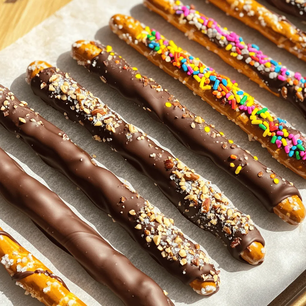To make chocolate dipped pretzel rods, you need a few simple items. Gather these ingredients for a tasty treat: - Pretzel rods - Dark chocolate chips and coconut oil - Toppings: crushed nuts and colorful sprinkles - Sea salt for garnish Each ingredient plays a key role. Pretzel rods give that nice crunch. Dark chocolate chips and coconut oil create a smooth, rich coating. You can choose your favorite nuts or sprinkles to add fun flavors and colors. Finally, a pinch of sea salt boosts the sweet and salty balance. With these ingredients ready, you can create a fun and delicious snack. Don't forget to check the [Full Recipe] for complete instructions. Happy cooking! - Line a baking sheet with parchment paper. This keeps the pretzel rods from sticking. - Melt the chocolate chips with coconut oil in a bowl. Use the microwave for this. Heat in 30-second bursts. Stir after each time until the chocolate is smooth. - Dip each pretzel rod into the melted chocolate. Make sure they get a nice coat. Let the extra chocolate drip back into the bowl. - You can roll the dipped pretzel rods in crushed nuts or colorful sprinkles. This adds fun and taste. - Press gently when rolling to ensure even coverage. This helps with flavor and looks. - Place the coated pretzel rods on the baking sheet. Space them out to avoid sticking. - Chill them in the refrigerator. Leave them for about 30 minutes. This helps the chocolate harden completely. These steps make your chocolate dipped pretzel rods both tasty and fun. For the full recipe, see the earlier section. To get a smooth chocolate coating, start with high-quality chocolate chips. Use dark chocolate for a rich taste. Adding a tablespoon of coconut oil helps to make the chocolate creamy. Melt the chocolate in short bursts in the microwave. Stir well between each burst to avoid burning. This helps keep the chocolate smooth and shiny. To avoid clumping, make sure the bowl and utensils are dry. Any water can cause the chocolate to seize. If your chocolate does clump, add a bit more coconut oil. This can help restore its smoothness. Get creative with toppings! You can use crushed nuts or colorful sprinkles. Mix and match for fun flavors. Try almonds, peanuts, or walnuts with the chocolate. For a festive touch, use seasonal sprinkles. When arranging the pretzel rods, think about height and color. Place them in a tall glass or jar. This adds flair to your presentation. If you're giving them as gifts, tie a ribbon around the jar. Include a tag with a cute note for a personal touch. Pair these tasty pretzel rods with drinks. They go well with milk or hot chocolate. For adults, try serving with coffee or a sweet dessert wine. If you want to give them as gifts, think about how you package them. Use clear bags tied with ribbons. You can also use small boxes or jars. This makes them look special and fun to receive. {{image_4}} You can switch up the chocolate for dipping. Use white chocolate or milk chocolate instead of dark. Each type gives a unique taste and look. For seasonal fun, try adding holiday-themed sprinkles. They make the pretzel rods festive and even more fun to eat! If you need gluten-free snacks, choose gluten-free pretzels. They taste just as good and keep your treat safe. You can also make vegan options with plant-based chocolate. This way, everyone can enjoy these tasty treats! Get creative with toppings! Combine different toppings for unique flavors. You can mix nuts and sprinkles on one pretzel rod for a fun twist. Want to enhance the taste? Add flavor extracts like peppermint or almond to your chocolate. This gives a new twist to your chocolate-dipped pretzel rods. You can find the full recipe to help you get started! To keep your chocolate dipped pretzel rods fresh, follow these tips: - Store them in an airtight container. This keeps moisture away. - Use a cool, dry place. Avoid heat and sunlight. - Layer pretzel rods between parchment paper. This prevents sticking. How long do these treats stay good at room temperature? - They last about a week. Keep them stored properly. - If you want to store them longer, you can freeze them. To freeze, wrap each pretzel rod in plastic wrap. Then, place them in a freezer-safe bag. They can stay good for up to three months in the freezer. How do you know when pretzel rods have gone bad? - Check for a change in smell. A sour or off smell means they are bad. - Look for any white spots. This could mean the chocolate has bloomed. Always check the chocolate coating. If it looks dull or has cracks, it may not taste fresh. Remember, fresh treats make the best snacks! Can I use different types of chocolate? Yes, you can use milk chocolate or white chocolate. Each type adds a unique taste. Milk chocolate is sweeter, while dark chocolate has a rich flavor. If you like a twist, try flavored chocolates like mint or orange. How do I fix seized chocolate? If chocolate becomes thick or clumpy, it has seized. To fix this, add a small amount of vegetable oil or coconut oil. Heat it gently in the microwave, stirring until smooth again. This method can save your chocolate from being wasted. What else can I dip in chocolate? You can dip many snacks in chocolate! Try fruits like strawberries or bananas. You can also use cookies, potato chips, or marshmallows. Each item gives a new taste and fun texture. The options are endless! Are there other ways to use sprinkles? Absolutely! Sprinkles can add color to cakes, cupcakes, or cookies. You can also use them for topping ice cream or yogurt. Get creative by mixing different types of sprinkles for a fun look. They make any treat festive! Where to buy ready-made chocolate dipped pretzel rods? You can find ready-made chocolate dipped pretzel rods at many grocery stores. Check the candy aisle or the bakery section. They are also available online through retailers like Amazon or specialty snack shops. Recommended brands for store-bought versions Some popular brands for chocolate dipped pretzel rods include Snack Factory and Annie B's. These brands offer tasty options that are easy to find. Always check for quality and flavor to ensure you get the best treat. Making chocolate-dipped pretzel rods is fun and tasty. We covered ingredients, steps, and tips. You can choose your toppings and flavors, making each rod unique. Store them right for freshness and enjoy them later. In the end, these snacks bring joy to any occasion. They are easy to make and share. Try them out, and you’ll create something delicious. Get creative with toppings and flavors for your next treat!