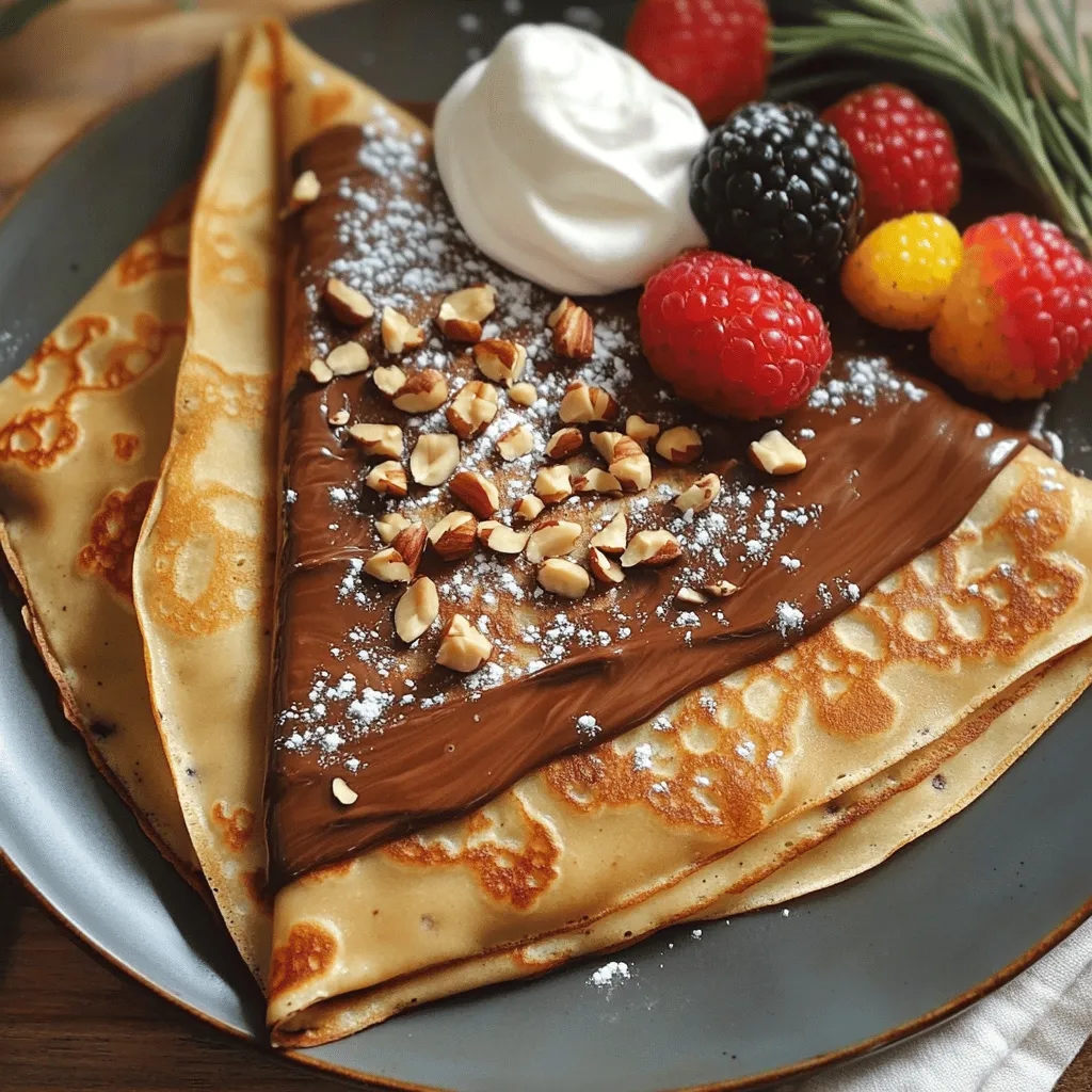 To make the best chocolate hazelnut crepes, gather these simple ingredients: - 1 cup all-purpose flour - 2 tablespoons unsweetened cocoa powder - 2 tablespoons granulated sugar - 1/4 teaspoon fine sea salt - 2 large eggs - 1 1/2 cups whole milk - 2 tablespoons unsalted butter, melted - 1/2 cup chocolate hazelnut spread - 1/4 cup hazelnuts, finely chopped - Fresh strawberries or raspberries - Whipped cream (optional) These ingredients come together to create a rich and delicious treat. The cocoa powder adds a deep chocolate flavor. The chocolate hazelnut spread melts beautifully inside the crepes, making each bite delightful. Fresh berries bring a burst of color and flavor. You can even add whipped cream for extra creaminess. This recipe is all about balance. The sweetness from the sugar and chocolate pairs well with hazelnuts' crunch. Plus, the fresh fruit adds a touch of brightness. You can find the full recipe for these chocolate hazelnut crepes in the article. Enjoy the process of making and sharing these crepes! - First, combine the dry ingredients in a bowl. Mix 1 cup of flour, 2 tablespoons of cocoa powder, 2 tablespoons of sugar, and 1/4 teaspoon of salt. Make sure there are no lumps. - Next, in a separate bowl, mix 2 large eggs, 1 1/2 cups of milk, and 2 tablespoons of melted butter. Whisk until smooth. - Now, blend the wet ingredients with the dry mix. Stir gently until you have a smooth batter. Cover it and let it rest for 30 minutes. This resting time helps the crepes turn out tender. - Heat a non-stick skillet over medium heat. Lightly grease it with extra melted butter. - Pour about 1/4 cup of batter into the center of the hot skillet. Quickly swirl the pan to spread the batter evenly. - Cook for 1-2 minutes. When the edges lift, it’s time to flip! Use a spatula to turn it and cook for another minute. - Take a cooked crepe and spread a generous layer of chocolate hazelnut spread on one half. - Fold the crepe in half over the spread. Then, fold it in half again to form a triangle. - Finally, garnish with chopped hazelnuts and fresh berries on top. For extra joy, add whipped cream if you like. Enjoy your delightful treat! To make the best chocolate hazelnut crepes, the batter needs to rest. Resting lets the flour absorb the liquid fully. This makes the crepes tender and smooth. Aim for at least 30 minutes, but longer is even better. Cooking temperature is key. Use medium heat for perfect results. If the heat is too high, the crepes burn. If it’s too low, they become tough. A good test is to sprinkle a drop of water on the pan. If it sizzles and dances, the pan is ready! Using the right pan matters too. A non-stick skillet works best. It helps the crepes slide out easily. If you have a crepe pan, that’s perfect! Just remember to grease it lightly with butter. Crepes are great on their own, but you can elevate them! Whipped cream makes a lovely pairing. It adds a light and sweet touch. You can also use fresh fruit like strawberries or raspberries. They add color and a burst of flavor. Drizzling chocolate or caramel sauce on top is a real treat. It adds richness and makes the crepes look fancy. Don’t hold back; make them as special as you like! To make perfect crepes, avoid overmixing the batter. Mixing too much can create tough crepes. Stir gently until everything is combined, then stop. Cooking at improper heat is another mistake. If the pan is too hot, the crepes will burn. If it's too cool, they won't cook properly. Adjust the heat as needed. Not greasing the pan enough leads to sticking. Use a small amount of butter to coat the skillet. This ensures the crepes come out easily and stay intact. {{image_4}} You can change up your crepes with different fillings. Here are some ideas: - Fruit options: Try bananas, peaches, or blueberries. These fresh fruits add sweetness and a nice texture. - Nut butters: Spread some almond or peanut butter. This adds a rich, nutty flavor to your crepes. - Ice cream or yogurt: Add a scoop of vanilla ice cream or a dollop of yogurt. This makes your crepes extra special. Toppings can enhance your crepes even more. Here are some tasty choices: - Different nuts and chocolate drizzles: Sprinkle chopped walnuts or almonds on top. Drizzle with extra chocolate sauce for a sweet touch. - Seasonal fruits: Use strawberries in spring or apples in fall. Seasonal fruits make the dish fresh and exciting. - Flavored whipped creams: Try adding vanilla or cinnamon whipped cream. This adds a lovely flavor boost. You can make crepes to fit your diet. Here are some options: - Gluten-free crepe recipe: Use gluten-free flour instead of regular flour. This way, everyone can enjoy them. - Vegan alternatives for eggs and milk: Use flaxseed meal mixed with water as an egg substitute. Almond or oat milk works great too. - Low-sugar variations using sweeteners: Replace sugar with stevia or monk fruit. This keeps the sweetness while reducing calories. These variations make chocolate hazelnut crepes fun and flexible! For the full recipe, check out the [Full Recipe]. To keep your crepes fresh, store them properly. If you have leftovers, place them in a stack, separated by pieces of parchment paper. This prevents sticking. Then, wrap them tightly in plastic wrap and store in the fridge. These crepes will stay fresh for about 2 to 3 days. For longer storage, you can freeze the crepes. Stack them with parchment paper between each crepe. Wrap the entire stack in plastic wrap, then place it in a freezer bag. Frozen crepes can last for 2 to 3 months. When ready to use, just thaw them in the fridge overnight. To reheat your crepes, a skillet works best. Heat the skillet over medium-low heat. Place the crepe in the pan for about 30 seconds on each side. This method keeps them soft and warm. You can also use the microwave. Place a crepe on a microwave-safe plate. Cover it with a damp paper towel and heat for about 15-20 seconds. This keeps the crepe moist. Avoid overheating, or the texture may become tough. When stored properly, crepes stay fresh for about 2 to 3 days in the fridge. If frozen, they can last for 2 to 3 months. Watch for signs of spoilage. If the crepes smell off or have a slimy texture, it’s best to toss them. Always check before eating to ensure they are safe. You can use a non-stick skillet instead. Just heat the skillet on medium heat. Lightly grease the surface with butter. Pour in the batter and swirl it around to spread evenly. This method works great and gives you tasty crepes. Yes, you can make the batter ahead of time. Store it in the fridge for up to 24 hours. Just remember to cover it well with plastic wrap. When you're ready to cook, give it a quick stir before pouring it into the skillet. Serve your crepes warm and filled with chocolate hazelnut spread. Fold them into quarters for a nice shape. Top with finely chopped hazelnuts for crunch. Add fresh berries like strawberries or raspberries for a pop of color. A dollop of whipped cream on the side makes it even better! For the full recipe, check the details above. In this guide, we explored making delicious chocolate hazelnut crepes. We went through the ingredients, step-by-step instructions, and tips to perfect your crepe-making skills. We also covered fun variations and storage ideas. Remember, practice makes perfect, so don’t be afraid to experiment. Enjoy these tasty crepes with your favorite toppings. You’ll impress your friends and family with your skills. Happy cooking!