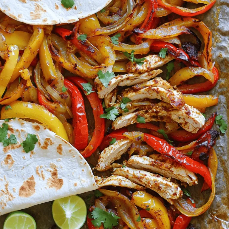 To make my sheet-pan chicken fajitas, gather these main ingredients: - 1 lb boneless, skinless chicken breasts - 1 large red bell pepper, sliced into strips - 1 large yellow bell pepper, sliced into strips - 1 large onion, sliced into thin wedges - 3 tablespoons extra virgin olive oil - 2 teaspoons chili powder - 1 teaspoon ground cumin - 1 teaspoon garlic powder - 1 teaspoon smoked paprika - Salt and freshly ground black pepper, to taste These ingredients bring vibrant colors and bold flavors. The chicken gives protein, while the peppers and onions add sweetness and crunch. For a complete meal, consider these accompaniments: - 8 small flour or corn tortillas - Fresh cilantro, finely chopped (for garnish) - Lime wedges, for serving Tortillas hold all that tasty filling. Add cilantro for a fresh touch, and lime for a zesty kick. You will need a few tools to make this easy dish: - Sheet pan - Parchment paper - Mixing bowl Using a sheet pan helps everything cook evenly. Parchment paper makes cleanup a breeze. A mixing bowl is perfect for tossing your ingredients together. For the full recipe, check out the complete guide. Happy cooking! 1. Preheat the oven and line the baking sheet Start by preheating your oven to 425°F (220°C). This high heat helps cook the chicken and veggies quickly. Line a large baking sheet with parchment paper. This makes for easy cleanup later. 2. Prepare the chicken and vegetables In a large mixing bowl, add 1 pound of thinly sliced boneless, skinless chicken breasts. Next, toss in one sliced red bell pepper, one sliced yellow bell pepper, and one sliced onion. These veggies add color and flavor to the dish. 1. Drizzle olive oil and add spices Pour 3 tablespoons of extra virgin olive oil over your chicken and vegetables. This oil helps the spices stick and adds good flavor. Then, sprinkle in 2 teaspoons of chili powder, 1 teaspoon of ground cumin, 1 teaspoon of garlic powder, and 1 teaspoon of smoked paprika. Season with salt and freshly ground black pepper to taste. 2. Toss ingredients to coat evenly Use your hands or a spatula to mix everything well. Make sure each piece of chicken and each veggie strip is coated in oil and spices. This step is key to ensuring each bite is full of flavor. 1. Spread out the mixture on the baking sheet Pour the seasoned chicken and veggies onto the prepared baking sheet. Spread them out in an even layer. Leave enough space between the pieces. This helps them roast well instead of steaming. 2. Bake times and temperature guidelines Place the baking sheet in your preheated oven. Bake for 20 to 25 minutes. The chicken should reach an internal temperature of 165°F (74°C) and the veggies should be tender and slightly caramelized. This gives that delicious roasted flavor. For the complete instructions and details, check out the Full Recipe. Spacing on the sheet pan is key. If the chicken and veggies are too close, they steam instead of roast. This means less flavor and texture. Give them room to breathe. Aim for an even layer with some space between the pieces. Always check for doneness. The chicken should reach an internal temperature of 165°F (74°C). Use a meat thermometer for accuracy. The vegetables should be tender and slightly caramelized. If they look dry, they may need more oil or time. To boost flavor, try adding more spices. Cumin and chili powder are great, but you can also use oregano or cayenne for extra kick. A pinch of cinnamon can add warmth, too. Adjust heat levels to your taste. If you like spicy, add fresh jalapeños or crushed red pepper. For milder fajitas, skip the spicy elements or use sweet bell peppers instead. For side dishes, consider guacamole or fresh salsa. These add creaminess and freshness. Rice or beans also pair well with fajitas. When serving, make it colorful. Use a large platter and lay out the chicken and veggies in a vibrant way. Add lime wedges and cilantro on top for a pop of color. These small touches make the meal look really appealing. {{image_4}} You can swap chicken for shrimp or beef. Shrimp cooks fast and adds a nice flavor. Just adjust the cooking time to avoid overcooking. If you prefer beef, use thin strips of flank steak. It pairs well with the spices. For a vegetarian option, try using black beans or chickpeas. These options add protein and keep the meal filling. You could also use tofu for a different texture. Feel free to change the veggies based on what you like. Zucchini, mushrooms, or even sweet potatoes can work great. These give a fresh twist to your dish. Seasonal veggies are a smart choice too. In summer, add fresh corn or cherry tomatoes. In winter, root vegetables like carrots or parsnips can add depth and warmth. Change the spice blend to suit your taste. Try adding a bit of cayenne for heat or smoked paprika for a richer flavor. You can also mix in taco seasoning for a fun twist. Consider playful ingredients like pineapple or mango. These fruits add sweetness and balance the spices. They also bring a vibrant color to your sheet pan. Store your leftover fajitas in an airtight container in the fridge. This keeps them fresh. Aim to eat leftovers within three days for the best taste. To freeze the fajitas, let them cool completely. Then, place them in a freezer-safe bag. Be sure to remove as much air as possible. They can last up to three months in the freezer. When ready to eat, move them to the fridge overnight to thaw. The best way to reheat fajitas is in a skillet. Heat over medium until warm. You can also use the microwave, but be careful. To avoid soggy tortillas, heat the filling separately. Then, warm tortillas on a dry skillet for a few seconds before filling them. This keeps everything nice and crisp. For the full recipe, check out the detailed instructions. You can make sheet-pan chicken fajitas in about 35 minutes. The prep time is around 10 minutes. Cooking them takes about 20 to 25 minutes at 425°F (220°C). This quick time makes it easy for busy nights. Yes, you can prepare the chicken and veggies ahead of time. Just slice them and store them in the fridge for up to 24 hours. You can also season them and keep them ready to go. This makes it easy to cook later. If you want to make it even easier, cook the fajitas and store leftovers in the fridge for up to four days. There are many great sides for chicken fajitas. You can serve them with: - Guacamole - Fresh tomato salsa - Rice or beans - A simple salad - Chips and queso dip For drinks, consider iced tea, soda, or a light beer. These pair well and enhance the meal. Enjoy your fajitas with your favorite sides for a fun dinner! This blog post covered all you need for tasty sheet-pan chicken fajitas. You learned about the main ingredients, cooking tools, and steps to prepare them. We discussed tips to enhance flavors and suggested variations to suit your taste. Remember, storing leftovers properly keeps meals fresh. You can make this dish ahead for easy meal prep. Enjoy getting creative with your fajitas! Now, it's time to gather your ingredients and start cooking. Fun meals await you in the kitchen!