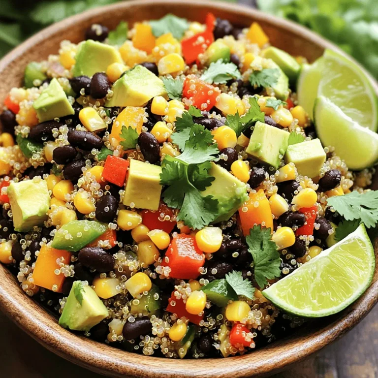 To make the Southwest Quinoa Salad, you will need: - 1 cup quinoa, rinsed and drained - 2 cups vegetable broth - 1 can (15 oz) black beans, drained and rinsed - 1 cup corn, fresh or thawed if frozen - 1 red bell pepper, finely diced - 1 ripe avocado, diced - 1 small red onion, finely chopped - 1/4 cup fresh cilantro, chopped - Juice of 2 fresh limes - 2 tablespoons extra-virgin olive oil - 1 teaspoon ground cumin - 1 teaspoon chili powder - Sea salt and freshly cracked black pepper, to taste You can swap some ingredients based on what you have. If you don’t have quinoa, try brown rice or farro. You could use canned chickpeas instead of black beans. For a different flavor, use frozen corn if fresh corn is not available. If red bell peppers are out, yellow or green peppers work well too. You can skip the onion for a milder taste. Lastly, if you want a creamy dressing, use yogurt instead of olive oil. This salad is packed with nutrients. One serving contains around 300 calories, mainly from healthy fats and proteins. Quinoa is a complete protein, meaning it has all nine essential amino acids. The black beans add fiber, which helps with digestion. The fresh veggies provide vitamins and minerals. The healthy fats from the avocado are good for your heart. Overall, this salad is a healthy choice for lunch or dinner. You can find the full recipe above to make this delicious dish! To start, you need to cook the quinoa. Take a medium saucepan and add the rinsed quinoa and vegetable broth. Bring this mixture to a boil over medium-high heat. Once it boils, reduce the heat to low. Cover the pot with a lid and let it simmer for about 15 minutes. The quinoa will absorb the liquid and become fluffy. After that, remove it from the heat and let it cool for a few minutes. While the quinoa cools, grab a large mixing bowl. Add the drained black beans, corn, diced red bell pepper, and chopped red onion. Stir these ingredients gently to mix them well. This colorful salad base adds great flavor and texture to your dish. It’s a great way to pack in nutrients and get creative. Now, let’s make the dressing. In a small bowl, whisk together the fresh lime juice, olive oil, ground cumin, chili powder, sea salt, and black pepper. Make sure to mix it well so all the flavors blend nicely. This dressing brings a zesty kick to your salad. Once the quinoa has cooled to room temperature, fluff it with a fork. Add it to the bowl with the beans and vegetables. Gently mix everything together. Finally, drizzle the dressing over the salad and toss the ingredients until they are well-coated. Just before serving, fold in the diced avocado and chopped cilantro. This step keeps the textures fresh and vibrant. For the full recipe, check out the details above. Cooking quinoa correctly is key for a great salad. Start by rinsing the quinoa under cold water. This step removes any bitter taste. Use two cups of vegetable broth for every cup of quinoa. Bring the broth to a boil, then lower the heat and cover. Let it simmer for about 15 minutes. When done, fluff it with a fork. Ensure it is light and airy. This method gives you perfect, fluffy quinoa for your salad. Serve your Southwest quinoa salad in a large bowl for sharing. You can also place it in individual bowls for a personal touch. Add some lime wedges on the side for extra flavor. A sprinkle of fresh cilantro on top makes it look inviting. For a fun twist, serve it in avocado halves. This adds color and makes a great presentation. This salad pairs well with many foods. Try it with grilled chicken or shrimp for extra protein. It also goes great with fish tacos or a spicy bean burrito. For a lighter meal, serve it alongside a fresh green salad. You can even enjoy it with baked tortilla chips for a crunchy bite. This salad is flexible and complements many dishes. For the complete recipe, check out the full recipe section. {{image_4}} You can boost your Southwest quinoa salad with protein. Some great choices include grilled chicken, shrimp, or tofu. Each adds flavor and makes your salad more filling. If you want a plant-based option, try chickpeas or edamame. Both offer a nice texture and taste. Adding one cup of your chosen protein will keep the salad balanced. While the lime and olive oil dressing is fresh, you can mix it up. A creamy avocado dressing gives a rich taste. Blend ripe avocado with lime juice, garlic, and a bit of water for smoothness. A zesty cilantro-lime vinaigrette also works well. Just blend fresh cilantro, lime juice, and oil for a tangy kick. You can swap dressings based on your mood or meal. Using seasonal ingredients can make your salad even better. In spring, add fresh peas or asparagus for a crisp bite. In summer, cherry tomatoes and cucumber add color and crunch. Fall brings roasted sweet potatoes, which add warmth and sweetness. In winter, use kale or spinach for added nutrients. Adjusting your ingredients keeps the salad exciting all year round. For the full recipe, check out the Southwest Quinoa Salad. To keep your Southwest Quinoa Salad fresh, store it in an airtight container. This helps prevent moisture loss and keeps flavors intact. Make sure to chill the salad in the fridge right after you make it. If you plan to add avocado later, keep it separate. This way, the avocado remains fresh and does not brown. When stored properly, the Southwest Quinoa Salad lasts about 3 to 5 days in the fridge. After that, the taste and texture may change. Always check for any off smells or signs of spoilage. If you see any mold, it’s best to toss it out. To extend its life, consider freezing the salad without the avocado. This can last up to 3 months. Reheating this salad is simple. You can use a microwave or stovetop. If you choose the microwave, place the salad in a microwave-safe bowl. Heat it on low for 30 seconds, then stir and heat again if needed. If you prefer the stovetop, warm it gently over low heat. Just remember, if you added avocado, it’s best to enjoy the salad cold. Reheating may soften the avocado, changing its texture. For the full recipe, check below! Southwest Quinoa Salad is a vibrant and healthy dish. It combines quinoa with fresh veggies and spices. You get protein from quinoa and black beans. The salad is colorful with red pepper, corn, and avocado. The lime dressing adds a zesty kick. This dish is perfect for a light lunch or dinner. You can enjoy it alone or with a protein. It’s tasty, filling, and packed with nutrients. Yes, you can make this salad ahead of time. Preparing it a day in advance can enhance the flavors. Store it in an airtight container in the fridge. Just remember to add avocado just before serving. This keeps it fresh and green. You can also save the dressing separately. This way, it won’t make the salad soggy. Yes, this salad is completely vegan. All the ingredients are plant-based. Quinoa, black beans, and veggies are all vegan-friendly. The dressing uses olive oil and lime juice, which are also vegan. This makes it a great choice for those who follow a vegan diet. You can enjoy it without any animal products. Plus, it’s delicious and satisfying! For the full recipe, check out the [Full Recipe]. This blog post covered how to create a tasty Southwest Quinoa Salad. You learned about the key ingredients and how to substitute them. I shared step-by-step instructions to make cooking easy. Helpful tips ensure your quinoa turns out perfect every time. You also found variations to keep things fresh and fun. Lastly, we covered storage tips to keep your salad tasty longer. Enjoy making this healthy dish and feel proud of your cooking skills!