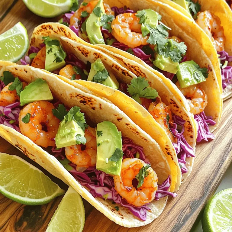 To make delicious chili lime shrimp tacos, gather these ingredients: - 1 pound shrimp, peeled and deveined - 2 tablespoons chili powder - 1 tablespoon smoked paprika - 1 teaspoon garlic powder - 1 teaspoon ground cumin - Zest and juice of 2 fresh limes - 2 tablespoons olive oil - Sea salt and freshly cracked black pepper to taste - 8 small corn tortillas - 1 cup red cabbage, finely shredded - 1/2 cup fresh cilantro, roughly chopped - 1 ripe avocado, sliced - Lime wedges for garnish If you want to adjust the spice level, use less chili powder or paprika. You can add more lime juice for extra zest. If you don't have smoked paprika, regular paprika works too. For a lighter version, substitute olive oil with a cooking spray. You can change the amount of red cabbage and cilantro based on your taste. I prefer fresh shrimp for this recipe. Fresh shrimp has a better taste and texture. If fresh shrimp isn't available, frozen shrimp is a good choice. Just remember to thaw them properly. Place frozen shrimp in the fridge overnight or run them under cold water for quick thawing. Always choose shrimp that smell like the ocean, not fishy. This ensures quality in your meal. Using the right shrimp will make your tacos shine! To start, I mix a few simple spices in a bowl. I use chili powder, smoked paprika, garlic powder, and ground cumin. I add the zest and juice of two fresh limes. Then, I pour in two tablespoons of olive oil. I also sprinkle in sea salt and freshly cracked black pepper. I whisk everything until it blends well. This mix makes a tasty marinade. Next, I add one pound of peeled and deveined shrimp. I toss them gently so each shrimp is coated. I cover the bowl and let them chill in the fridge for at least 15 minutes. This step helps the flavors soak in. After marinating, I heat a grill pan or non-stick skillet over medium-high heat. When it's hot, I carefully add the shrimp to the pan. I cook them for about 2-3 minutes on each side. I watch for the shrimp to turn pink and opaque. This shows they are cooked just right. The smell will make your mouth water! While the shrimp cook, I warm eight small corn tortillas in another skillet. I put them over medium heat for about 30 seconds on each side. This makes them soft and slightly toasted. Now, it’s time to assemble the tacos! I take a warm tortilla and place a few pieces of grilled shrimp in the center. I top each taco with a handful of finely shredded red cabbage. Then, I add a few slices of ripe avocado and a sprinkle of fresh cilantro. For the final touch, I serve the tacos with lime wedges on the side. Squeezing fresh lime juice over the tacos brings a bright, tangy flavor. Enjoy your Chili Lime Shrimp Tacos! When picking shrimp, look for large, firm shrimp. Fresh shrimp should smell like the sea, not fishy. If you choose frozen shrimp, make sure they are flash-frozen. This keeps them fresh longer. Always check for signs of freezer burn. I prefer wild-caught shrimp for better flavor and texture. The marinade is key for great flavor. I use chili powder, smoked paprika, garlic powder, and cumin. The lime juice and zest add a bright touch. Make sure to coat each shrimp well. Let them sit for at least 15 minutes. This step helps the flavors soak in deeply. You can even marinate them longer for a stronger taste. Warm your corn tortillas on a skillet before using them. This makes them soft and pliable. Heat them for about 30 seconds on each side. You want them to be slightly toasted but not crispy. This process adds a nice texture and flavor. Soft tortillas hold the shrimp and toppings better. Enjoy the perfect bite! For the full recipe, check out the details above. {{image_4}} If shrimp isn't your thing, try other proteins. Chicken, fish, or tofu work great. For chicken, use bite-sized pieces. Marinate them the same way as shrimp. If you love fish, choose a firm option like tilapia or mahi-mahi. Tofu offers a great meat-free option. Make sure to use extra-firm tofu and press it to remove water. Toppings can change the whole taco experience. Besides red cabbage, try shredded lettuce or diced tomatoes. Fresh mango salsa adds sweetness. You can also use a spicy pico de gallo for a kick. Don't forget about creamy sauces! A drizzle of chipotle mayo can elevate your tacos. Experiment with your favorites! Want more heat? Add diced jalapeños to the shrimp marinade. You can also mix in hot sauce before cooking. If you prefer milder flavors, reduce the chili powder. Remember, you can always add heat later. A squeeze of lime can balance out strong spices. It’s all about finding your perfect flavor! For the full recipe, check back to the main steps for all the details you need. If you have leftover shrimp, store them in an airtight container. Place the shrimp in the fridge. They will stay fresh for about three days. Before using, check for any off smells or changes in texture. If the shrimp seems fine, you can reheat it. It’s best to keep the shrimp separate from other ingredients. You can freeze shrimp tacos for later. Wrap the assembled tacos in plastic wrap. Place them in a freezer-safe bag. They can last up to three months in the freezer. For best results, freeze the shrimp and tortillas separately. Place the shrimp in a freezer-safe container. They will stay good for up to six months. Just remember to thaw the shrimp in the fridge before cooking. To reheat shrimp, use a skillet over medium heat. Add a splash of olive oil to prevent sticking. Heat the shrimp for about five minutes until warmed through. For tortillas, warm them in a dry skillet. Heat for about 30 seconds on each side. This keeps them soft and pliable. Enjoy your flavorful meal again! For the full recipe, check above. Yes, you can make these tacos ahead of time. You can marinate the shrimp a few hours before you cook them. This will let the flavors soak in. Just keep the shrimp in the fridge until you’re ready to cook. You can also prepare your toppings, like cabbage and avocado, in advance. Just store them in sealed containers. This way, you can enjoy fresh tacos with less work later. If you cannot find corn tortillas, you have some great options. You can use flour tortillas instead. They are soft and work well with shrimp. Lettuce wraps are another fun choice. They are fresh and low in carbs. You can even try crispy taco shells for a crunchy bite. Choose what fits your taste best! Yes, this recipe is gluten-free! The key ingredients, like shrimp and corn tortillas, do not contain gluten. Always check the labels on your tortillas to be sure. If you use flour tortillas, they may not be gluten-free. You can stick with corn tortillas for a safe and tasty option. For the full recipe, you can find all the details you need to make Chili Lime Shrimp Tacos. This dish serves about four people and takes just 30 minutes to prepare. It combines fresh shrimp with vibrant spices and toppings. You’ll get a nice mix of protein, healthy fats, and fiber. Try it out, and I promise it will impress your family and friends! In this blog post, we covered how to make delicious Chili Lime Shrimp Tacos. We explored essential ingredients, provided step-by-step cooking instructions, and offered tips for selecting shrimp and perfecting tortilla texture. You can also try tasty variations for different toppings and proteins. Remember, proper storage helps keep your leftovers fresh. Enjoy your tacos with confidence, knowing you have all the tools to make them great. Making these tacos is fun and easy, and I hope you try it soon!