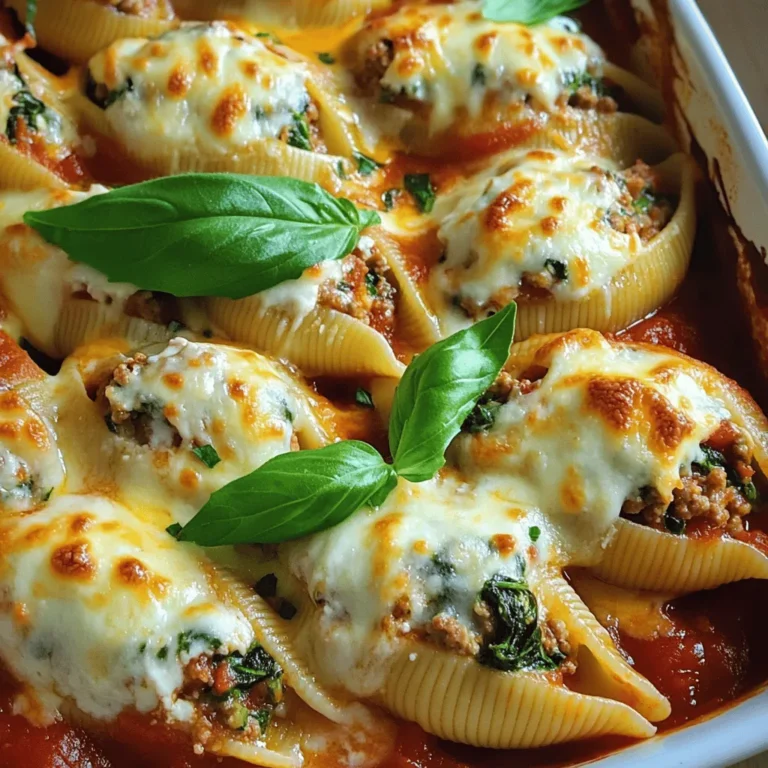 - 20 jumbo pasta shells - 1 pound ground turkey - 2 cups fresh spinach, chopped - 1 cup ricotta cheese - 1 cup shredded mozzarella cheese (plus extra for topping) - 1/2 cup grated Parmesan cheese - 1 large egg, beaten - 1 teaspoon garlic powder - 1 teaspoon onion powder - 1 teaspoon Italian seasoning - Salt and pepper to taste - 2 cups marinara sauce To ensure freshness, choose bright green spinach. Look for pasta shells that are whole and unbroken. Check the cheese for a creamy texture. Use high-quality marinara sauce for rich flavor. When using ground turkey, opt for lean cuts for a lighter dish. For perfect results, measure your ingredients carefully. This helps keep the filling balanced. Store leftover ingredients in the fridge to maintain their quality. If you have leftovers, use them in other meals for added flavor. For the full recipe, check out Turkey Spinach Stuffed Shells Delight. 1. First, preheat your oven to 375°F (190°C). This helps cook the dish evenly. 2. Next, bring a large pot of salted water to a boil. Add 20 jumbo pasta shells and cook them according to package instructions. Aim for al dente, which means they should be firm but not hard. Once done, drain the shells and set them aside to cool. 1. In a large skillet, add 1 pound of ground turkey over medium heat. Cook it while breaking it apart for about 7-10 minutes. You want it browned and fully cooked. 2. After the turkey is cooked, stir in 2 cups of chopped fresh spinach. Sauté for another 2-3 minutes. The spinach will wilt down, mixing well with the turkey. 1. In a mixing bowl, combine the turkey-spinach mix with 1 cup of ricotta cheese, 1 cup of shredded mozzarella cheese, and 1/2 cup of grated Parmesan cheese. Add 1 beaten egg, 1 teaspoon of garlic powder, 1 teaspoon of onion powder, and 1 teaspoon of Italian seasoning. Season with salt and pepper to taste. Mix everything well until combined. 2. Spread a thin layer of marinara sauce on the bottom of a 9x13 inch baking dish. This helps prevent the shells from sticking. 3. Carefully stuff each cooked pasta shell with the turkey and spinach filling. Place them side by side in the baking dish with the open side up. 4. Pour the remaining marinara sauce evenly over the stuffed shells. This allows the sauce to seep into the gaps. Top with extra shredded mozzarella cheese for a nice, melty finish. 1. To keep the dish moist, cover the baking dish tightly with aluminum foil. Bake in the preheated oven for 25 minutes. 2. After 25 minutes, remove the foil. This lets the cheese brown nicely. Bake for another 10-15 minutes. Look for bubbly cheese that has turned a light golden brown. 3. Once done, take it out of the oven and let it cool for about 5 minutes. This allows the flavors to meld together. For the Full Recipe, check the recipe section above. To make the best Turkey Spinach Stuffed Shells, timing is key. Here are some tips: - Recommended cooking times: - Cook the jumbo pasta shells for about 9-11 minutes. They should be al dente, firm to the bite. - Bake the shells for 25 minutes covered, then uncover and bake for an extra 10-15 minutes. - Preventing overcooked pasta: - Use plenty of salted water when boiling. This helps keep the shells from sticking. - Drain and rinse the shells with cold water right after cooking. This stops the cooking process. Making your dish look good is fun! Here are some ideas: - Garnishing ideas: - Top with fresh herbs like basil or parsley. This adds color and flavor. - A sprinkle of extra cheese can make it look extra cheesy and inviting. - Serving suggestions: - Serve the stuffed shells warm on a large plate for a family-style meal. - Offer a small bowl of extra marinara sauce on the side for dipping. It adds flavor and makes it special. Understanding what’s in your food is important. Here’s a breakdown: - Health benefits of ingredients: - Ground turkey is lean and high in protein. It helps build muscle. - Spinach is packed with vitamins and minerals. It’s great for your health. - Caloric breakdown per serving: - Each serving has about 400-500 calories, depending on cheese and sauce used. This makes it filling but not too heavy. You can find the full recipe in the article to get started on this delicious dish! {{image_4}} You can switch ground turkey for ground beef or chicken. Both meats work well and change the taste slightly. If you like a richer flavor, beef does the trick. For a lighter option, choose chicken. For cheese, you can try different kinds. Cream cheese adds a nice creaminess. Goat cheese gives a tangy twist. You can even use a dairy-free cheese if you're avoiding dairy. To boost flavor, add spices or herbs. Red pepper flakes give a spicy kick. Fresh basil or parsley adds brightness. You can mix in Italian seasoning for extra depth. Incorporating more vegetables is a great idea. Chopped mushrooms or bell peppers add texture. Zucchini or carrots can sneak in more nutrients without changing the taste much. If you need gluten-free options, use gluten-free pasta. Many brands offer jumbo shells that fit well. Just follow the package instructions for cooking time. For vegan adaptations, swap turkey with lentils or mushrooms. Use plant-based cheese and skip the egg. These changes keep the dish tasty while meeting different diets. Check out the Full Recipe if you want to dive into the details! After you enjoy your Turkey Spinach Stuffed Shells, store any leftovers properly. - Best practices for refrigeration: Place the stuffed shells in an airtight container. Make sure the shells are covered with marinara sauce to keep them moist. They will last in the fridge for up to three days. - Freezing stuffed shells: If you want to save some for later, you can freeze them. Use a freezer-safe container or wrap each shell individually in plastic wrap. Label the container with the date. They can last for up to three months in the freezer. When ready to eat, let them thaw in the fridge overnight. When it's time to enjoy your leftovers, reheating them is simple. - Oven reheating tips: Preheat your oven to 350°F (175°C). Place the stuffed shells in a baking dish. Cover the dish with foil to keep the moisture in. Heat for about 20-25 minutes, or until they are hot throughout. - Microwave reheating tips: If you're short on time, you can use the microwave. Place a few stuffed shells on a microwave-safe plate. Add a splash of marinara sauce to keep them moist. Cover with a microwave-safe lid or wrap. Heat for 2-3 minutes, checking halfway to stir. How do I make Turkey Spinach Stuffed Shells ahead of time? You can prepare the stuffed shells in advance. After you stuff the shells, place them in the baking dish. Cover them with marinara sauce and wrap the dish tightly. Store it in the fridge for up to 24 hours. When you're ready to bake, just add a few extra minutes to the baking time. Can I use regular pasta shells instead of jumbo? Yes, you can use regular pasta shells. However, you will need to adjust the cooking time and amount of filling. Regular shells hold less filling, so you may have some mixture left over. What sides pair well with Turkey Spinach Stuffed Shells? Some great sides include a fresh garden salad, garlic bread, or steamed vegetables. These sides add freshness and balance the meal. You can even serve a light soup alongside for a cozy dinner. Can I make it vegetarian? Absolutely! To make this dish vegetarian, swap the ground turkey for a mix of mushrooms and chopped zucchini. You can also use a plant-based ricotta cheese for a creamy texture. What to do if the filling is too wet? If your filling is too wet, add some breadcrumbs. This helps absorb excess moisture and gives a better texture. You can also chill the filling for a bit to help it firm up. Fixing overcooked shells If your shells are overcooked, they might break when you stuff them. To fix this, gently press the shells into the filling. Use a spoon to help fill them without breaking. If they fall apart, just layer the pasta pieces in the baking dish. Ensuring the dish doesn’t dry out during baking To keep your dish moist, cover it tightly with aluminum foil while baking. This traps steam and helps the filling stay juicy. You can remove the foil in the last few minutes to brown the cheese on top. Turkey spinach stuffed shells offer a tasty and healthy meal option. We covered all the key ingredients, step-by-step cooking, and helpful tips to perfect your dish. You learned how to store leftovers and some creative variations. Remember, you can customize the recipe to fit your needs. Whether using different meats or making it vegetarian, there’s room for creativity. Enjoy making this dish, and share it with friends and family. Your kitchen can be a fun place filled with great flavors!