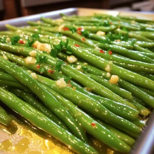 - 1 pound fresh green beans, trimmed - 4 tablespoons unsalted butter, melted - 4 cloves garlic, minced - 1 teaspoon sea salt - ½ teaspoon freshly cracked black pepper - 1 teaspoon lemon zest - 1 tablespoon fresh parsley, finely chopped - Optional: A pinch of red pepper flakes Garlic butter roasted green beans need simple, fresh ingredients for the best taste. The green beans bring a crisp texture. The melted butter and minced garlic create a rich flavor. Each ingredient plays a key role in making this dish shine. Start with fresh green beans. They should be bright green and firm. Trim the ends for a neat look. The butter must be unsalted. This lets you control the salt level. Use fresh garlic. It adds a strong, bold flavor that pairs well with the beans. For seasoning, sea salt enhances the natural taste of the beans. Freshly cracked black pepper adds a bit of warmth. Lemon zest gives a nice, bright note to the dish. Parsley adds color and freshness on top. If you like spice, red pepper flakes are a fun option. They add a mild kick without overpowering the dish. Gather these ingredients, and you are ready to create something tasty! - Preheat the oven to 425°F (220°C). - In a mixing bowl, whisk together melted butter, garlic, seasonings, and lemon zest. First, you need to get your oven nice and hot. This helps the green beans get that perfect roast. Then, grab a large bowl. Pour in the melted butter and toss in the minced garlic. Add sea salt, black pepper, and lemon zest. Whisk it all together until it looks smooth and inviting. - Toss green beans in the garlic butter mixture until fully coated. - Ensure an even distribution of the garlic and butter mixture on the green beans. Now it's time for the green beans! Toss them into the bowl with that tasty garlic butter mix. Make sure each bean gets a good coat. Use your hands or a spatula to mix them well. This step is key to making sure every bite is packed with flavor! - Line a baking sheet with parchment paper. - Spread the beans in a single layer and roast for 15-20 minutes, stirring halfway. Next, grab a baking sheet and line it with parchment paper. This makes cleanup a breeze! Spread the coated green beans out in a single layer. Avoid crowding them, or they won’t roast well. Pop them in the oven and roast for 15 to 20 minutes. Don’t forget to stir them halfway through. This ensures they cook evenly and develop those crispy tips. When done, they’ll be tender and full of flavor! - Use fresh green beans for the best texture and flavor. They taste crisp and sweet. - Experiment with herbs like thyme or rosemary to add new taste dimensions. Each herb brings its own charm. - Spread green beans in a single layer on the baking sheet. This ensures they cook evenly. - Stir the beans halfway through roasting. This step helps achieve crispy tips and a nice brown color. - Garnish the beans with fresh parsley for a nice look. It adds a burst of color. - If you like heat, sprinkle a pinch of red pepper flakes. It gives the dish a fun kick! {{image_4}} You can easily boost the flavor of your garlic butter roasted green beans. - Add grated Parmesan cheese for a cheesy twist. The salty, nutty cheese pairs well with garlic. - Include bacon bits for a savory crunch. The crispy bits add a nice texture and flavor. If you want to try something new, change the cooking method. - Try sautéing instead of roasting for a quicker method. This gives you tender green beans in no time. - Use a grill to get a smokier flavor. The char adds depth and enhances the dish. Incorporate seasonal vegetables for added color and nutrition. - Add carrots or bell peppers during the summer. They add sweetness and vibrant color to your plate. - Try zucchini or squash in the fall for a heartier dish. Each season brings unique veggies to explore. These variations keep your garlic butter roasted green beans fresh and exciting! Enjoy experimenting with flavors and textures. Store your garlic butter roasted green beans in an airtight container. They stay fresh in the refrigerator for up to 3 days. This way, you can enjoy the tasty leftovers without worrying about spoilage. To reheat, use the oven or a skillet. This method will keep the green beans crispy and flavorful. Simply warm them for a few minutes until hot. Avoid using the microwave, as it can make the beans soggy. If you want longer storage, freeze the roasted green beans. Place them in a freezer-safe bag or container. However, keep in mind that their texture may change once you thaw them. They might become softer, but the flavor will still be there. To make garlic butter roasted green beans, start by preheating your oven to 425°F (220°C). In a bowl, mix melted butter, minced garlic, sea salt, black pepper, and lemon zest. Whisk until blended. Toss in the trimmed green beans until they are well-coated. Line a baking sheet with parchment paper and spread the beans in a single layer. Roast for 15-20 minutes, stirring halfway, until tender. Drizzle leftover garlic butter from the sheet over the beans. Garnish with parsley and enjoy! Yes, you can prep the beans and the garlic butter mixture ahead of time. Trim the green beans and mix the garlic butter. Store them separately in the fridge. When you're ready to cook, toss them together and roast. This saves time and makes dinner easier! These green beans pair well with many dishes. They go great with grilled meats like chicken or steak. You can also serve them with pasta dishes for a nice balance. They work well on a vegetable platter too, adding a tasty green option. Fresh green beans are best for this recipe, but you can use frozen ones. Just keep in mind that frozen green beans may need a longer cooking time. Be sure to check for tenderness and adjust as necessary to achieve that perfect roast! In this post, I walked you through making garlic butter roasted green beans. We covered the key ingredients, preparation steps, and cooking tips. I shared variations to enhance taste and storage methods for leftovers. Fresh green beans bring the best flavor, and simple spices elevate any meal. Try new herbs for fun twists. Enjoy these beans as a side dish or snack. They are sure to please everyone. Prepare them often for a healthy, tasty treat!