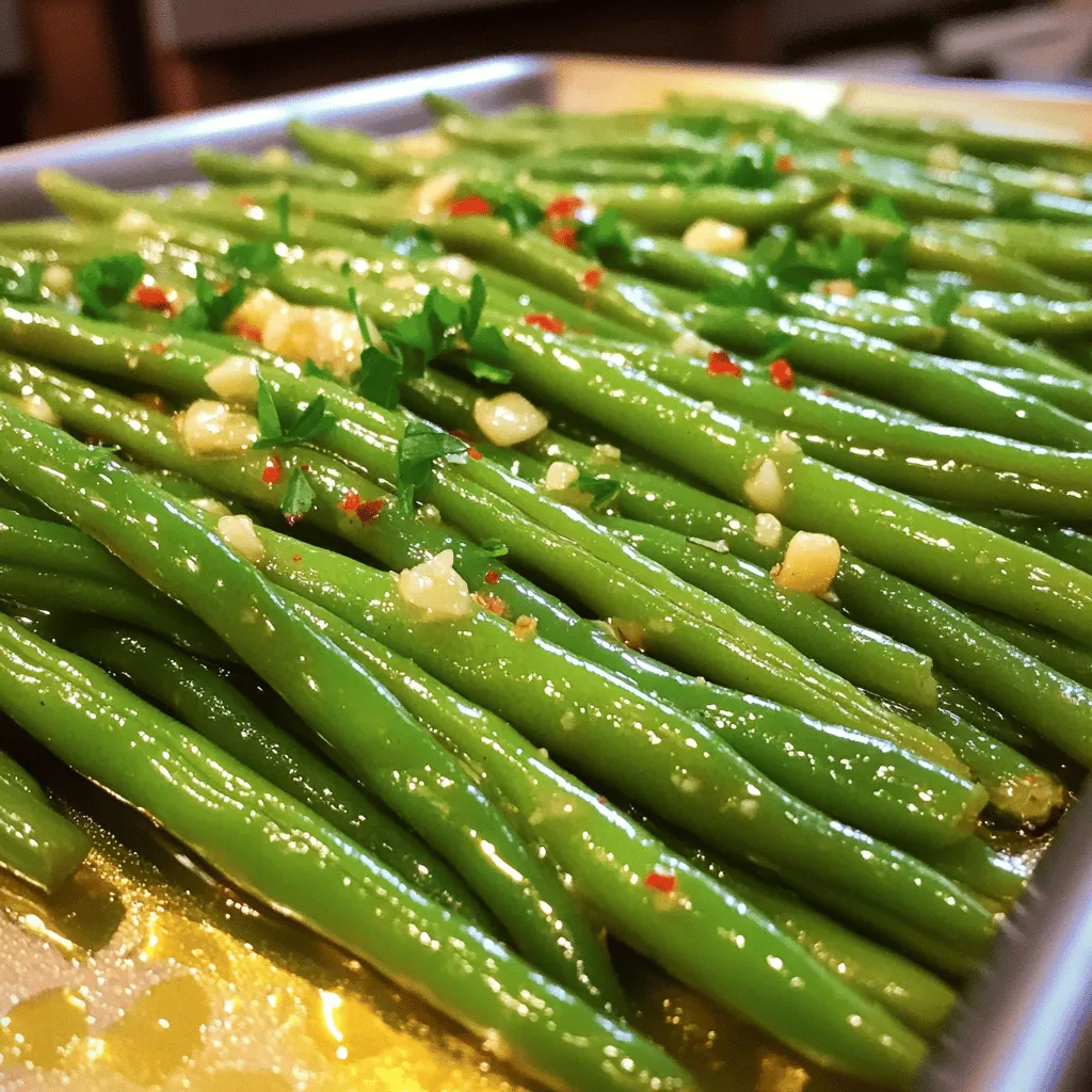 - 1 pound fresh green beans, trimmed - 4 tablespoons unsalted butter, melted - 4 cloves garlic, minced - 1 teaspoon sea salt - ½ teaspoon freshly cracked black pepper - 1 teaspoon lemon zest - 1 tablespoon fresh parsley, finely chopped - Optional: A pinch of red pepper flakes Garlic butter roasted green beans need simple, fresh ingredients for the best taste. The green beans bring a crisp texture. The melted butter and minced garlic create a rich flavor. Each ingredient plays a key role in making this dish shine. Start with fresh green beans. They should be bright green and firm. Trim the ends for a neat look. The butter must be unsalted. This lets you control the salt level. Use fresh garlic. It adds a strong, bold flavor that pairs well with the beans. For seasoning, sea salt enhances the natural taste of the beans. Freshly cracked black pepper adds a bit of warmth. Lemon zest gives a nice, bright note to the dish. Parsley adds color and freshness on top. If you like spice, red pepper flakes are a fun option. They add a mild kick without overpowering the dish. Gather these ingredients, and you are ready to create something tasty! - Preheat the oven to 425°F (220°C). - In a mixing bowl, whisk together melted butter, garlic, seasonings, and lemon zest. First, you need to get your oven nice and hot. This helps the green beans get that perfect roast. Then, grab a large bowl. Pour in the melted butter and toss in the minced garlic. Add sea salt, black pepper, and lemon zest. Whisk it all together until it looks smooth and inviting. - Toss green beans in the garlic butter mixture until fully coated. - Ensure an even distribution of the garlic and butter mixture on the green beans. Now it's time for the green beans! Toss them into the bowl with that tasty garlic butter mix. Make sure each bean gets a good coat. Use your hands or a spatula to mix them well. This step is key to making sure every bite is packed with flavor! - Line a baking sheet with parchment paper. - Spread the beans in a single layer and roast for 15-20 minutes, stirring halfway. Next, grab a baking sheet and line it with parchment paper. This makes cleanup a breeze! Spread the coated green beans out in a single layer. Avoid crowding them, or they won’t roast well. Pop them in the oven and roast for 15 to 20 minutes. Don’t forget to stir them halfway through. This ensures they cook evenly and develop those crispy tips. When done, they’ll be tender and full of flavor! - Use fresh green beans for the best texture and flavor. They taste crisp and sweet. - Experiment with herbs like thyme or rosemary to add new taste dimensions. Each herb brings its own charm. - Spread green beans in a single layer on the baking sheet. This ensures they cook evenly. - Stir the beans halfway through roasting. This step helps achieve crispy tips and a nice brown color. - Garnish the beans with fresh parsley for a nice look. It adds a burst of color. - If you like heat, sprinkle a pinch of red pepper flakes. It gives the dish a fun kick! {{image_4}} You can easily boost the flavor of your garlic butter roasted green beans. - Add grated Parmesan cheese for a cheesy twist. The salty, nutty cheese pairs well with garlic. - Include bacon bits for a savory crunch. The crispy bits add a nice texture and flavor. If you want to try something new, change the cooking method. - Try sautéing instead of roasting for a quicker method. This gives you tender green beans in no time. - Use a grill to get a smokier flavor. The char adds depth and enhances the dish. Incorporate seasonal vegetables for added color and nutrition. - Add carrots or bell peppers during the summer. They add sweetness and vibrant color to your plate. - Try zucchini or squash in the fall for a heartier dish. Each season brings unique veggies to explore. These variations keep your garlic butter roasted green beans fresh and exciting! Enjoy experimenting with flavors and textures. Store your garlic butter roasted green beans in an airtight container. They stay fresh in the refrigerator for up to 3 days. This way, you can enjoy the tasty leftovers without worrying about spoilage. To reheat, use the oven or a skillet. This method will keep the green beans crispy and flavorful. Simply warm them for a few minutes until hot. Avoid using the microwave, as it can make the beans soggy. If you want longer storage, freeze the roasted green beans. Place them in a freezer-safe bag or container. However, keep in mind that their texture may change once you thaw them. They might become softer, but the flavor will still be there. To make garlic butter roasted green beans, start by preheating your oven to 425°F (220°C). In a bowl, mix melted butter, minced garlic, sea salt, black pepper, and lemon zest. Whisk until blended. Toss in the trimmed green beans until they are well-coated. Line a baking sheet with parchment paper and spread the beans in a single layer. Roast for 15-20 minutes, stirring halfway, until tender. Drizzle leftover garlic butter from the sheet over the beans. Garnish with parsley and enjoy! Yes, you can prep the beans and the garlic butter mixture ahead of time. Trim the green beans and mix the garlic butter. Store them separately in the fridge. When you're ready to cook, toss them together and roast. This saves time and makes dinner easier! These green beans pair well with many dishes. They go great with grilled meats like chicken or steak. You can also serve them with pasta dishes for a nice balance. They work well on a vegetable platter too, adding a tasty green option. Fresh green beans are best for this recipe, but you can use frozen ones. Just keep in mind that frozen green beans may need a longer cooking time. Be sure to check for tenderness and adjust as necessary to achieve that perfect roast! In this post, I walked you through making garlic butter roasted green beans. We covered the key ingredients, preparation steps, and cooking tips. I shared variations to enhance taste and storage methods for leftovers. Fresh green beans bring the best flavor, and simple spices elevate any meal. Try new herbs for fun twists. Enjoy these beans as a side dish or snack. They are sure to please everyone. Prepare them often for a healthy, tasty treat!