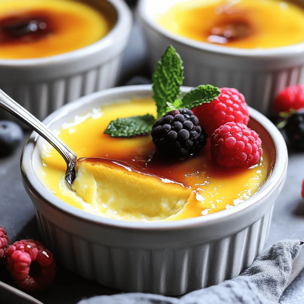 - Heavy cream: This creamy base gives the dessert its rich and smooth texture. The fat content helps create that luxurious mouthfeel we love. - Vanilla bean: Choose a fresh, high-quality vanilla bean. The flavor from a whole bean is much richer than extract. Look for beans that are plump and fragrant. - Egg yolks: These are key for a silky custard. They provide richness and help thicken the mixture, creating the perfect texture. - Fresh berries: Raspberries and strawberries make great choices. They add a pop of color and a tart balance to the sweet custard. - Mint leaves: A sprig of mint adds a fresh touch. It not only looks nice but also enhances the dessert's flavor. - Granulated sugar: Use this for caramelization. A thin, even layer on top forms the crunchy shell we crave. Make sure to sprinkle it evenly for the best results. To start, you need to simmer the heavy cream. Combine 2 cups of heavy cream with a split vanilla bean. If you prefer, you may use 2 teaspoons of vanilla extract. Heat this mixture over medium flame. Watch for the cream to just start simmering. This is when you take it off the heat. Let the mixture sit for 15 minutes. This step is very important. It allows the rich vanilla flavor to infuse into the cream. If you skip this, the flavor will be less strong. Next, you will make the custard base. In a bowl, whisk together 5 egg yolks, 1/2 cup of sugar, and 1/4 teaspoon of salt. Whisk until the mixture is pale and creamy. This should take a few minutes. Now, you will add the warm cream mixture to the egg yolks. Do this slowly while whisking. This keeps the eggs from scrambling. Once combined, strain the mixture through a fine sieve. This ensures a smooth custard that is free of lumps. Now, it’s time to bake. Arrange four ramekins in a baking dish. Pour the custard into the ramekins evenly. Next, create a water bath. Pour hot water into the baking dish until it reaches halfway up the sides of the ramekins. This helps the custard bake evenly. Bake in a preheated oven at 325°F for 30-35 minutes. The edges should be set, and the center should jiggle slightly. Once done, carefully take out the ramekins and let them cool for about 30 minutes at room temperature. After cooling, cover each ramekin with plastic wrap. Place them in the refrigerator for at least 2 hours. This chilling time is key for the flavors to develop fully. To avoid a scrambled egg texture, always whisk the egg yolks and sugar until they are pale and creamy. This step makes your custard smooth. When mixing in the warm cream, do it slowly. This helps the eggs heat gently, preventing them from cooking too fast. Straining the mixture is key for a silky finish. Use a fine sieve to catch any lumps or bits. Pour the custard slowly through the sieve into a jug. This ensures a smooth texture and removes any scrambled bits. Using a kitchen torch gives you the best results. Hold the torch about two inches above the sugar. Move it in small circles until the sugar melts and turns golden brown. This creates a perfect crust. If you don’t have a torch, you can use a broiler. Place the ramekins on a baking sheet. Set your oven to broil, and watch closely. This method can burn quickly, so stay nearby. Crème brûlée pairs well with light drinks. A nice dessert wine or a cup of strong coffee works great. These drinks balance the rich flavors of the dish. For serving, keep it simple yet elegant. Place fresh berries on top, like raspberries or strawberries. A sprig of mint adds color and flavor. Serve the ramekins directly for a lovely presentation. This makes the dessert look even more inviting. {{image_4}} You can easily change up your crème brûlée flavors. Chocolate is a great choice. Just melt some good chocolate and mix it in when you combine the cream and egg yolks. It gives a rich taste that chocolate lovers will adore. Coffee is another fun option. Brew a strong cup of coffee, and mix it with the cream. This adds a bold kick. Citrus flavors can brighten up your dessert. Add some lemon or orange zest to the cream. This twist makes the dish fresh and zesty. You can also try using spices like cinnamon or nutmeg for a warm flavor. The possibilities are endless! For those who can't have dairy, there are great options. You can use coconut cream instead of heavy cream. It gives a nice, creamy texture. Almond milk can work too, but it’s thinner. If you want a vegan version, try aquafaba. This is the liquid from a can of chickpeas. Whip it up until it's fluffy, and use it instead of egg yolks. Combine it with coconut cream for a rich flavor. You won't miss the eggs at all! Seasonal ingredients can make your crème brûlée special. In the fall, you can add pumpkin puree and spices like cinnamon or ginger. This creates a cozy dessert perfect for cooler weather. During the holidays, use peppermint extract for a festive touch. Top with crushed candy canes for extra fun. You can also make a berry version in summer. Blend fresh berries into the cream for a fruity flavor. These creative adaptations can make your crème brûlée stand out at any event! To store leftover crème brûlée, keep it in the fridge. Use plastic wrap to cover each ramekin tightly. This helps keep the custard fresh and prevents it from absorbing other smells. It’s best to refrigerate it within two hours after serving. You can freeze crème brûlée, but do this before caramelizing the sugar. Place the ramekins in the freezer without the sugar crust. Once frozen, cover them with plastic wrap. When you want to enjoy it, thaw it overnight in the fridge. After thawing, add the sugar and caramelize it just before serving. This keeps the texture smooth. Crème brûlée stays fresh in the fridge for about three days. After that, it may lose its creamy texture. Look for signs that it’s time to toss it, like a sour smell or a watery layer on top. If you see any mold or separation, it’s best to discard it. Always trust your senses to keep your dessert safe! To check if your crème brûlée is done, use the jiggle test. Gently shake the ramekin. If the center has a slight jiggle, it is ready. The edges should be set, while the middle remains soft. Look for a custard that is not too wobbly. You want it to be firm but still creamy. This visual cue helps ensure you achieve that perfect texture. Yes, you can use vanilla extract instead of vanilla beans. If you do, use about 2 teaspoons of high-quality extract. While vanilla beans give a richer flavor and specks, extract still works well. It provides a nice vanilla taste, though it may lack the depth of the beans. If you have beans, I recommend using them for the best result. Crème brûlée needs to chill for at least 2 hours before serving. Chilling allows the custard to set properly. You can also refrigerate it overnight for deeper flavor. The longer it chills, the better the taste will be. Just make sure you cover each ramekin tightly with plastic wrap. Yes, you can make crème brûlée without a torch. If you do not have one, use your oven’s broiler. After adding sugar on top, place the ramekins in the broiler for 1-2 minutes. Watch closely to avoid burning the sugar. This method creates a delicious caramelized crust, just like a torch would. In this article, we explored the key ingredients needed for a creamy vanilla bean crème brûlée. We discussed how essential heavy cream, quality vanilla beans, and egg yolks create that perfect custard texture. I shared step-by-step instructions to guide you through the cooking process, plus tips for perfecting your dish. You can get creative with flavors and presentations, too. Remember to store leftovers properly for the best taste. With this knowledge, you're ready to impress with your delicious crème brûlée. Enjoy making this classic dessert!
