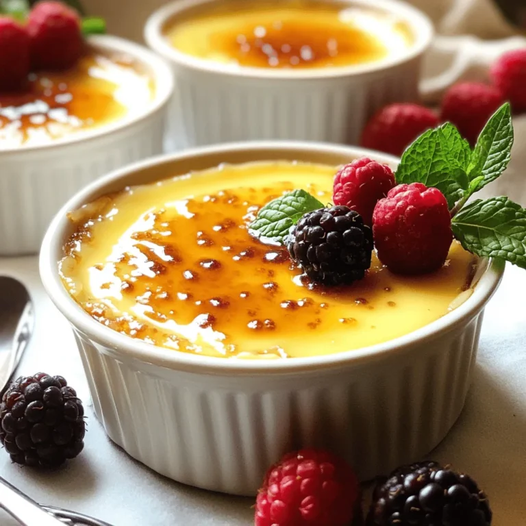 - 2 cups heavy cream - 1 vanilla bean (or 2 teaspoons pure vanilla extract) - 5 large egg yolks - 1/2 cup granulated sugar (plus extra for topping) - A pinch of salt - Fresh berries - Mint leaves To make the best vanilla bean crème brûlée, you need these main ingredients. Heavy cream gives it that rich, creamy base. I love using a vanilla bean for its strong flavor. Scraping out those tiny seeds makes a big difference. If you don’t have a vanilla bean, pure vanilla extract works well, too. You’ll also need egg yolks. They help create the custard’s smooth texture. Granulated sugar sweetens the mixture and adds that lovely crunch on top. A pinch of salt balances out the sweetness and brings all the flavors together. For a pop of color and freshness, consider adding optional garnishes. Fresh berries like strawberries or raspberries are a great choice. Mint leaves add a nice touch and taste great, too. They make your dessert look even more appealing. Gather these ingredients, and you're ready to start cooking! 1. Preheat your oven to 325°F (160°C). This makes sure your dessert bakes well. 2. In a medium saucepan, pour in 2 cups of heavy cream. If you use a vanilla bean, split it lengthwise. Scrape the seeds into the cream and add the pod. If using extract, add it after heating. 3. Heat the cream over medium heat. Stir it gently until it almost boils. Look for small bubbles around the edge. Once you see them, remove it from heat. Let it sit for a bit to soak in the vanilla flavor. 1. In a bowl, whisk together 5 large egg yolks, 1/2 cup of sugar, and a pinch of salt. Keep whisking until it turns pale and thickens a little. This makes your custard smooth. 2. Slowly pour the warm cream into the egg mixture while whisking. Doing this slowly stops the yolks from cooking too fast. 1. Strain the custard mixture through a fine-mesh sieve into a large cup or bowl. This step gets rid of any lumps and gives you a silky texture. 2. Carefully pour the custard into ramekins, filling them about three-quarters full. 3. Prepare a water bath by placing the ramekins in a baking dish. Fill the dish with hot water until it reaches halfway up the ramekins. This helps cook the custards evenly. 4. Bake them for 30-35 minutes. The edges will be set, but the center will jiggle slightly. 5. After baking, let the ramekins cool for 30 minutes. Then, put them in the fridge for at least 2 hours to set. Using a water bath helps your crème brûlée cook evenly. It prevents the edges from getting too hot while the center remains cool. Fill a baking dish with hot water to halfway up the ramekins. This simple step makes a big difference. Bake your crème brûlée at 325°F (160°C) for 30-35 minutes. The edges should set firmly, but the center should still jiggle slightly. This jiggly center is key to a creamy texture. After you bake, cool the ramekins for 30 minutes at room temperature. Then, chill them in the fridge for at least 2 hours or overnight. This allows the custard to fully set. You can use a kitchen torch to caramelize the sugar. This method gives you control over the heat. Hold the torch about 2 inches from the sugar. Move it in small circles until the sugar melts and turns golden brown. If you don’t have a torch, broiling works too. Place the ramekins under the broiler for 1-2 minutes. Watch closely to avoid burning the sugar. The sugar should melt and bubble, making a crisp top. Let the crème brûlée sit for a minute after caramelizing. This allows the sugar to harden into a crust. {{image_4}} You can switch up the flavors in crème brûlée. Try using chocolate instead of vanilla. Melt some chocolate into the cream. This adds a rich, deep taste. You can also use citrus. A little lemon or orange zest can brighten the dish. It brings a fresh twist to the classic recipe. Layering fruits can enhance your crème brûlée too. For instance, add a layer of fresh berries at the bottom of the ramekins. They will create a lovely contrast with the creamy custard. Other fruits like mango or raspberry can work well. Just remember to adjust the sweetness of the custard if the fruit is tart. Crème brûlée can be made gluten-free easily. All the main ingredients are naturally gluten-free. Just ensure your vanilla extract is pure and gluten-free. If you want a vegan version, use coconut cream instead of heavy cream. You can use cornstarch to replace the egg yolks. Mix it with a bit of plant milk for creaminess. Sweeten with maple syrup or a sugar substitute. This way, everyone can enjoy this delightful dessert! To store leftover crème brûlée, follow these steps: - Allow the ramekins to cool completely at room temperature. - Cover each ramekin with plastic wrap. - Place them in the fridge. This keeps the custard fresh and prevents it from absorbing smells. Crème brûlée lasts up to 3 days in the fridge. After that, the texture may change. For best taste and texture, enjoy it within this time. Crème brûlée is a creamy dessert with a crunchy sugar top. It hails from France, where it first appeared in the 17th century. The name means "burnt cream" in French. This dessert has three main parts: a rich custard base, a layer of caramelized sugar, and often a hint of vanilla. It’s famous for its smooth texture and delightful contrast between cool cream and warm, crispy sugar. Yes, you can make crème brûlée ahead of time. It’s a great dessert for gatherings. Prepare the custard and bake it, then cool and chill it in the fridge. You can store it for up to two days before serving. Just remember to caramelize the sugar layer right before you serve it. This keeps the topping crisp and fresh. If you lack a kitchen torch, you can use your oven's broiler. After baking, sprinkle sugar on top of each custard. Place the ramekins on a baking sheet under the broiler for 1-2 minutes. Watch closely to avoid burning. You can also use a stovetop pan to heat a metal spoon and press it onto the sugar for caramelization. Crème brûlée is a delightful dessert that blends rich flavors and smooth textures. We covered its main ingredients, like heavy cream and vanilla, and detailed each step of the cooking process. I shared tips for perfecting your custard and ways to add unique flavors. You can store leftovers easily, keeping them fresh. Remember, practice makes perfect! With these insights, you can create a delicious crème brûlée that impresses everyone. Enjoy making this classic treat at home!