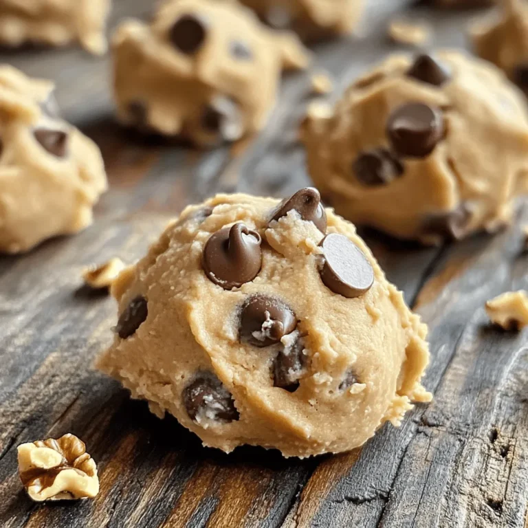 - 1 cup low-fat cottage cheese - 1/2 cup packed brown sugar - 1/4 cup granulated sugar - 1 teaspoon pure vanilla extract - 1/2 cup all-purpose flour - 1/2 teaspoon baking soda - 1/4 teaspoon fine sea salt - 1/2 cup semi-sweet chocolate chips - 1/4 cup chopped walnuts (optional for added crunch) Cottage cheese is the star of this recipe. It adds creaminess and protein to the dough. Using low-fat cottage cheese keeps this treat lighter. The brown sugar and granulated sugar give it that sweet taste we all love. Don’t forget the vanilla extract! It adds a warm and inviting flavor. The dry mix of flour, baking soda, and sea salt balances the sweetness. Chocolate chips are a must for that classic cookie feel. If you want a bit of crunch, toss in some chopped walnuts. They add texture and richness. Gather these ingredients, and you're ready to create something special. The mix of flavors in this cookie dough is simply delightful. Enjoy every bite! Start by taking a big bowl. Add 1 cup of low-fat cottage cheese. Next, mix in 1/2 cup of packed brown sugar and 1/4 cup of granulated sugar. Pour in 1 teaspoon of pure vanilla extract. Use a whisk to blend it all. Keep whisking until the mixture is creamy and smooth. You want it to be lump-free. In a smaller bowl, whisk together 1/2 cup of all-purpose flour, 1/2 teaspoon of baking soda, and 1/4 teaspoon of fine sea salt. Make sure they mix well. This step helps the dough rise and taste great. Now it’s time to combine everything. Slowly fold the dry mix into the wet mix. Use a spatula or wooden spoon. Be gentle to keep the dough soft. Once mixed, fold in 1/2 cup of semi-sweet chocolate chips. If you like, add 1/4 cup of chopped walnuts for extra crunch. Cover the bowl tightly with plastic wrap. Place it in the fridge for about 30 minutes. Chilling helps the dough firm up. This step is key for getting the right texture. After chilling, scoop out small portions with a spoon or cookie scoop. Roll the dough into bite-sized balls. You can serve them right away. They make a tasty snack or dessert. If you have leftovers, store them in an airtight container. They will stay fresh in the fridge for up to a week. To get the right texture, mix the wet ingredients well. Start with the cottage cheese, sugars, and vanilla. Whisk until smooth and creamy. This step is key. If you skip it, lumps will stay in your dough. Chilling the dough is just as important. After mixing, cover the bowl and let it sit in the fridge for about 30 minutes. This helps the dough firm up. A chilled dough makes for a better bite. It holds its shape when you scoop it. You can make this cookie dough your own. Try adding different types of chocolate. Dark chocolate or milk chocolate chips work well. You could also mix in dried fruits like cranberries or raisins. They add a nice sweetness and chewiness. For a nutty flavor, add more walnuts or try pecans. Want a hint of spice? A dash of cinnamon can do wonders. Be creative and mix what you love! How you serve your cookie dough can change the experience. Enjoy it straight from the bowl for a tasty snack. For a fun twist, scoop it onto fresh fruit. Apples or bananas pair well with the rich dough. If you're feeling indulgent, top it with a scoop of vanilla ice cream. It makes a delightful dessert. You can also drizzle some chocolate sauce over the top for extra sweetness. {{image_4}} You can make this cookie dough a bit healthier. Try using whole wheat flour instead of all-purpose flour. Whole wheat flour adds fiber and gives the dough a nice nutty taste. You can also switch out the sugars. Use coconut sugar or a sugar substitute like stevia. These options lower the calorie count and keep the sweet flavor. Want to mix things up? Add different flavors to your cookie dough. A scoop of peanut butter gives it a creamy, nutty twist. You can also sprinkle in some cinnamon for a warm spice. Try mixing in some cocoa powder if you love chocolate. Each flavor adds a fun twist to the classic taste. If you want a vegan version, swap the cottage cheese for a plant-based option. Silken tofu works great and gives a creamy texture. You can also use dairy-free yogurt. These options keep the dough rich without any animal products. Just follow the same steps, and you’ll have tasty vegan cookie dough! To keep your cottage cheese chocolate chip cookie dough fresh, store it in an airtight container. This step helps prevent air from drying out your dough. Make sure to press down the lid tightly. If you don't have a container, wrap the dough in plastic wrap. This will also keep it moist. For the best taste, use the dough within one week. After this time, the flavors may fade, and the texture might change. If you notice any strange smells, it’s best to discard it. Always trust your senses when it comes to food safety. If you want to save the dough for later, freezing is a great option. To freeze, scoop the dough into small balls and place them on a baking sheet. Make sure they aren't touching. Freeze them for about one hour until firm. Then, transfer the frozen dough balls to a freezer-safe bag or container. They can stay frozen for up to three months. When you're ready to enjoy them, thaw the dough in the fridge overnight before using. Yes, you can bake this cookie dough! To do so, preheat your oven to 350°F (175°C). Scoop the dough onto a baking sheet, leaving space between each scoop. Bake for about 10-12 minutes until the edges are golden. The cookies may be softer than traditional ones, so keep an eye on them. Let them cool before enjoying. This cookie dough is safe to eat raw. The main ingredients, cottage cheese and sugar, are safe. Using pasteurized cottage cheese helps avoid any risk. However, if you have concerns about raw flour, you can heat it in the oven at 350°F for five minutes. This step kills any bacteria present. Absolutely! You can use different types of cheese. Cream cheese works well for a richer taste. Ricotta can add a light and fluffy texture. Each cheese will change the flavor and texture slightly. Experiment to find the taste you love best! This post covered how to make a delicious cookie dough. We discussed key ingredients, mixing methods, and tips for the best texture. You learned how to store your dough and variations for health and flavor. Remember, chilling the dough enhances taste. Experiment with different mix-ins for fun flavors. Always ensure your ingredients are safe to enjoy raw. I hope you feel ready to create your own scrumptious cookie dough treats! Enjoy every bite.