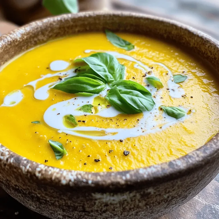 - 1 medium butternut squash, peeled and diced into 1-inch cubes - 1 medium onion, finely chopped - 3 cloves garlic, minced - 2 tablespoons extra-virgin olive oil - 4 cups vegetable broth (preferably low-sodium) - 1 can (13.5 oz) full-fat coconut milk The main ingredients create a rich and hearty soup. The butternut squash gives a nice sweetness and creaminess. The onion and garlic add depth and flavor. Olive oil helps in cooking the onions and garlic, releasing their flavors. Vegetable broth is the base that ties everything together. Coconut milk brings in a creamy texture that makes the soup luxurious. - 1 teaspoon ground cumin - ½ teaspoon ground nutmeg - Salt and black pepper, to taste - Optional: Fresh basil or cilantro leaves for garnish Seasoning is key to making this soup flavorful. Ground cumin adds warmth, while nutmeg adds a hint of sweetness. Salt and black pepper balance the flavors. Fresh herbs like basil or cilantro add a burst of color and freshness when served. They also lift the flavors, making each bite more enjoyable. This simple mix of ingredients ensures that your vegan butternut squash soup is both nourishing and delicious. Each ingredient plays its part in creating a comforting bowl of goodness. Heat 2 tablespoons of olive oil in a large pot over medium heat. Once hot, add 1 finely chopped onion. Sauté the onion for about 5-7 minutes. Stir it occasionally until it turns soft and translucent. Next, add 3 minced garlic cloves. Cook the garlic for another minute until it becomes fragrant. Be careful not to let it burn, as this can change the flavor. Now, add 1 medium butternut squash, peeled and diced into 1-inch cubes. Pour in 4 cups of vegetable broth, along with 1 teaspoon of ground cumin and ½ teaspoon of ground nutmeg. Turn the heat up to bring the mix to a boil. Once boiling, reduce the heat to low and cover the pot. Let it simmer for about 20-25 minutes. The squash should be tender enough to pierce with a fork. After cooking, carefully remove the pot from the heat. Use an immersion blender to blend the soup until it's silky smooth. If you don't have an immersion blender, ladle the soup into a high-speed blender. Blend it until smooth, then return the soup to the pot. Stir in 1 can of full-fat coconut milk until fully mixed. Season the soup with salt and black pepper to taste. Place the pot back on low heat and warm it for 5 more minutes. To make a smooth soup, cut the butternut squash into even pieces. This helps it cook evenly. Aim for 1-inch cubes. When you cook the garlic, watch it closely. If garlic burns, it makes the soup taste bitter. Cook it until just fragrant, about a minute. To make the soup creamier, try using cashew cream or almond milk. Both add richness without dairy. If the soup is too thick, add more vegetable broth or water. Adjust it to your liking. If it's too thin, let it simmer longer to thicken. {{image_4}} You can mix in other veggies to add flavor and nutrition. Try adding diced carrots or sweet potatoes for sweetness. Chopped celery brings a nice crunch. Each swap makes the soup unique and tasty. Think about what is fresh and in season. Use whatever you have on hand for a fun twist. Spices can make your soup pop. Ground cumin gives warmth, while nutmeg adds a hint of sweetness. If you like spice, try adding cayenne pepper or chopped fresh chili peppers. These add heat and depth to the dish. Adjust the amount based on your taste. Feel free to experiment and find your perfect blend! To store leftovers, let the soup cool first. Then, pour it into an airtight container. Seal it tightly and place it in the fridge. The soup stays fresh for about 4-5 days. When you want to reheat, pour the soup into a pot. Heat it over low to medium heat. Stir often to prevent sticking. If it’s too thick, add a splash of vegetable broth or water. Heat until warm and enjoy again! For long-term storage, you can freeze the soup. First, let it cool completely. Then, scoop it into freezer-safe bags or containers. Leave some space at the top for expansion. The soup can last up to 3 months in the freezer. To thaw, move the soup to the fridge overnight. For quicker thawing, place the bag in a bowl of cold water. Once thawed, heat it on the stove as mentioned above. For meal prep, you can use this soup as a base. Pair it with quinoa or rice for a filling meal. Add roasted veggies or greens for extra nutrition. This soup makes a great starting point for healthy meals! Yes, this soup is gluten-free. It uses fresh vegetables, vegetable broth, and coconut milk. None of these ingredients contain gluten. You can enjoy this soup without worry, even if you have a gluten sensitivity. Absolutely! You can make this soup up to three days in advance. Just store it in an airtight container in the fridge. When you're ready to eat, simply reheat it on the stove. Stir well to get that creamy texture back. To add some heat, try these options: - Add a pinch of cayenne pepper. - Stir in some red pepper flakes. - Mix in diced jalapeños for a fresh kick. Start with a small amount and taste as you go. Enjoy the heat! This blog post covered how to make a delicious butternut squash soup. We discussed key ingredients like butternut squash, onion, and spices while detailing each step. You learned tips for perfecting your soup, storage options, and tasty variations. By following these simple steps, you can create a dish that warms the soul. Whether you enjoy it plain or spice it up, this soup is sure to please. Get cooking and enjoy your time in the kitchen!