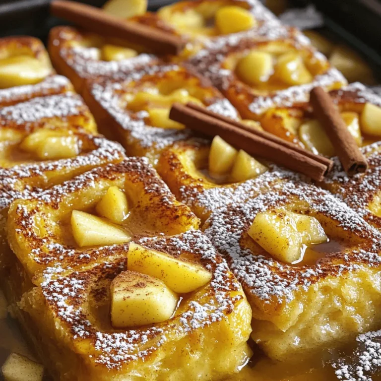 - 8 slices of thick bread (challah or brioche) - 3 medium-sized apples (peeled, cored, and diced) - 4 large eggs - 2 cups whole milk (or dairy alternative) - 1/4 cup packed brown sugar - 1 teaspoon pure vanilla extract - 1 teaspoon ground cinnamon (plus extra for garnish) - 1/4 teaspoon ground nutmeg - 1/4 cup chopped walnuts (optional) - Maple syrup (for serving) To make Apple Cinnamon French Toast Bake, you'll need the right ingredients. I love using thick bread like challah or brioche. They soak up the egg mixture well and add a rich flavor. You'll also need fresh apples, which give a nice crunch and sweetness. Eggs and milk create a creamy base. I recommend whole milk, but any dairy alternative works too. Brown sugar adds depth, while vanilla and spices like cinnamon and nutmeg bring warmth to the dish. If you want some crunch, add walnuts. Maple syrup is a must for serving. It complements the flavors and adds sweetness. Gather these ingredients before you start. Having everything ready makes cooking easier and more fun! - Preheat oven to 350°F (175°C). - Grease a 9x13-inch baking dish with butter or cooking spray. - Cube the thick bread slices into 1-inch pieces. - In a bowl, mix the diced apples with brown sugar and cinnamon. - Layer half of the bread cubes in the greased dish. - Spread the apple mixture evenly over the bread. - Add the rest of the bread cubes on top of the apple layer. - In a bowl, whisk eggs, milk, brown sugar, vanilla, cinnamon, and nutmeg. - Pour this egg mixture over the layered bread and apples. - Cover the dish with aluminum foil and let it sit for 15 minutes. - This helps the bread soak up the flavors. - After 15 minutes, remove the foil and bake for 35-40 minutes. - Look for a golden brown top and a firm center with a slight jiggle. For the best flavor and texture, I love using challah or brioche. These breads soak up the egg mixture well. Their rich taste makes the dish feel special. Cut the bread into 1-inch cubes for even cooking. Use a sharp knife to get clean cuts. This helps each piece soak up the mix evenly. You can boost the flavor by adding extra spices. Try a pinch of allspice or ginger for warmth. A splash of almond extract also works well. If you want to sweeten it differently, consider using maple sugar or honey. These options add unique notes to your bake. Get creative with your toppings! Fresh fruits like berries or sliced bananas add color and flavor. You can also sprinkle powdered sugar on top for a sweet touch. For a fancy look, place the bake on a large platter. Garnish with thin apple slices and cinnamon sticks. This makes your dish ready for any special occasion! {{image_4}} You can easily switch out the apples in this recipe. Try using berries, peaches, or pears instead. Each fruit brings a unique taste. For a twist, mix dried fruits like raisins or cranberries. Just soak them in warm water first to plump them up. This adds flavor and texture to your bake. If you need gluten-free bread, use a suitable loaf made from rice or almond flour. Look for brands that are soft to match the bread texture. For a vegan version, swap the eggs for flax eggs. Mix one tablespoon of flaxseed with three tablespoons of water. Let it sit until it thickens. Use almond or oat milk in place of whole milk. These options keep the dish tasty and friendly for everyone. To make this bake even more exciting, add chocolate chips or raisins. They melt and create sweet pockets in every bite. You can also add spices like ginger or allspice for extra warmth. Just a pinch will do! These fun additions will surprise your taste buds and keep you coming back for more. Store any leftovers in an airtight container. This keeps them fresh and tasty. Your Apple Cinnamon French Toast Bake will last about 3 to 4 days in the fridge. Make sure to cool it to room temperature before sealing it up. You can freeze the bake either before or after cooking. If freezing before baking, cover it tightly with foil. This way, it stays fresh for about 2 months. To freeze after baking, let it cool completely first. Then, wrap it in foil and place it in a freezer-safe bag. When you want to enjoy your bake, thaw it in the fridge overnight. If you froze it before baking, you can bake it straight from the freezer. Just add about 10-15 minutes to the baking time. To reheat, the oven is your best friend. Preheat it to 350°F (175°C). Place the bake in a baking dish and cover it with foil. Heat for about 15-20 minutes until warm. This keeps the texture nice and soft. If you use a microwave, slice the bake into pieces. Heat for about 30-45 seconds. Check if it’s warm enough. Microwaving may make it a bit soggy, so I prefer the oven. Enjoy your delicious treat again! Yes, you can prepare this dish the night before. Here’s how: - Mix the Ingredients: Follow the recipe until you pour the egg mixture over the bread and apples. - Cover and Chill: Cover the baking dish with foil and place it in the fridge overnight. This helps the bread soak up the flavors. - Baking: The next morning, simply preheat your oven and bake. You might need to add a few extra minutes to the baking time. This dish pairs well with many sides. Here are a few ideas: - Fresh Fruit: Sliced bananas, strawberries, or a berry medley add freshness. - Yogurt: A dollop of plain or flavored yogurt adds creaminess. - Bacon or Sausage: Crispy bacon or sausage links provide a savory contrast. - Whipped Cream: A light topping of whipped cream makes it extra special. Look for these signs to check if your bake is ready: - Color: The top should be golden brown and slightly crisp. - Firmness: The center should feel firm but still have a slight jiggle. - Toothpick Test: Insert a toothpick in the center. If it comes out clean, your bake is done. Enjoy making this delightful dish! This apple cinnamon French toast bake combines simple ingredients with easy steps. You can enjoy it with family or friends for any meal. Remember, you can tweak flavors and add your favorite fruits. Storing leftovers is simple too—just follow the tips provided. Try this dish to impress your guests or treat yourself on a cozy day. Happy cooking!