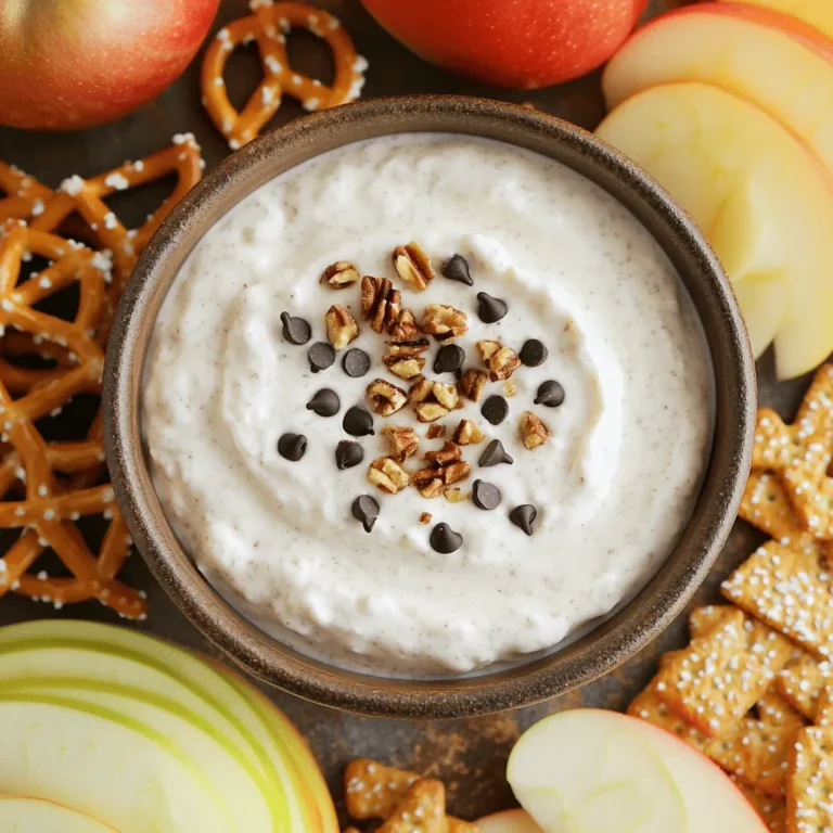 To make Cookie Dough Greek Yogurt Dip, gather these simple items: - 1 cup plain Greek yogurt - 1/4 cup almond butter (or peanut butter) - 1/4 cup maple syrup (or honey) - 1/2 teaspoon vanilla extract - 1/4 teaspoon salt - 1/2 cup mini chocolate chips - 1/4 cup finely chopped walnuts (optional) - Assorted dippers (sliced apples, pretzels, or graham crackers) These ingredients combine to create a rich, creamy dip perfect for any gathering. You can easily swap some ingredients based on your taste or what you have at home. - Use peanut butter instead of almond butter for a stronger flavor. - Honey works well instead of maple syrup if you prefer it. - If you're nut-free, try sunflower seed butter instead of nut butter. - For a crunch, skip the walnuts or use pecans instead. These alternatives let you customize the dip to your liking or dietary needs. This Cookie Dough Greek Yogurt Dip is not just tasty; it’s also nutritious. - Calories: Approximately 150 per serving - Protein: About 8 grams from Greek yogurt - Fat: 8 grams, mainly from almond or peanut butter - Sugar: 6 grams from maple syrup and chocolate chips This dip offers a balance of protein and healthy fats, making it a smart choice for a snack or dessert. Enjoy the delicious flavor while knowing you're fueling your body right! To make Cookie Dough Greek Yogurt Dip, start by gathering all your ingredients. You will need plain Greek yogurt, almond butter, maple syrup, vanilla extract, salt, mini chocolate chips, and walnuts if you like. Prepare your dippers, such as sliced apples, pretzels, or graham crackers. Set aside about 10 minutes for prep and 30 minutes to chill. In a medium bowl, add 1 cup of plain Greek yogurt. Next, mix in 1/4 cup of almond butter. If you want a different flavor, use peanut butter instead. Then, pour in 1/4 cup of maple syrup. For extra taste, add 1/2 teaspoon of vanilla extract and 1/4 teaspoon of salt. Using a whisk or spatula, blend these together until the mix is smooth and creamy. Make sure there are no lumps. Once mixed, carefully fold in 1/2 cup of mini chocolate chips. If you enjoy crunch, add 1/4 cup of finely chopped walnuts. Taste the dip and adjust the sweetness if needed by adding more maple syrup. After mixing, transfer the dip into a bowl or container. Cover it and place it in the fridge for at least 30 minutes. This chilling time lets the flavors mix well. When you're ready to serve, take the dip out of the fridge. Serve it cold with your assorted dippers. For a nice touch, sprinkle extra mini chocolate chips and chopped walnuts on top. Arrange your dippers around the bowl for an inviting look. Enjoy your delicious dip! To get the best texture, start with thick Greek yogurt. This gives your dip a creamy base. Mix the yogurt well with almond butter until smooth. Use a whisk or spatula to blend. Make sure there are no lumps. If the dip feels too thick, add a splash of milk. This keeps it easy to dip. You can control the sweetness of your dip. Start with the maple syrup. Taste the dip after mixing. If it needs more sweetness, add a bit more syrup. Honey is a great substitute too. You can also add more vanilla for a stronger flavor. Just remember to taste as you go. For a fun and inviting look, garnish your dip. Sprinkle extra mini chocolate chips on top. Add some chopped walnuts if you like crunch. Arrange colorful dippers around the bowl. Use sliced apples, pretzels, or graham crackers. This makes your dish eye-catching and tasty. Your guests will love it! {{image_4}} You can switch up the nut butter in this dip for fun. Almond butter adds a mild taste. Peanut butter gives a classic flavor that many love. Cashew butter is creamy and sweet, perfect for this dip. Sunflower seed butter works well too, especially for nut-free diets. Each nut butter brings a new twist to the taste. There are many ways to add extra flavor to your dip. Try adding a scoop of cocoa powder for a rich, chocolatey twist. You can also mix in some cinnamon for warmth. If you want a fruity flavor, add some pureed banana or a handful of berries. You can also toss in a scoop of protein powder for an extra protein boost. Each mix-in can change the dip to fit your mood. Dippers can change the whole experience of this dip. Sliced apples are sweet and crunchy, making a great choice. Pretzels add a salty crunch that pairs nicely. Graham crackers bring a sweet, soft touch. You can also try celery sticks for a fresh crunch. Even mini pancakes work as fun dippers! The right dipper can make your snack even more enjoyable. Store your Cookie Dough Greek Yogurt Dip in an airtight container. This keeps it fresh and tasty. Make sure to press the lid down tightly. Place it in the fridge right after you finish eating. The dip will stay good for about 3 to 5 days. Before serving, check for any changes in smell or texture. If it seems off, it's best to throw it away. You can freeze the dip for longer storage. Use a freezer-safe container and fill it only halfway. The dip will expand as it freezes. Seal it well to avoid freezer burn. It can last up to 2 months in the freezer. When you're ready to eat, move it to the fridge overnight to thaw. Do not refreeze once it has thawed. If your dip becomes thick after sitting, you can easily fix it. Stir in a little bit of Greek yogurt or almond butter. This will help return it to a creamy texture. If it tastes less sweet, add a touch of maple syrup. Always taste before serving to make sure it’s just right. Enjoy the dip with your favorite dippers once more! Yes, you can make this dip vegan! Use dairy-free yogurt instead of Greek yogurt. Swap almond butter for a nut-free option like sunflower seed butter. Choose maple syrup as your sweetener since it is vegan. This way, you keep the creamy texture without using animal products. You can store this dip in the fridge for up to five days. Make sure to keep it in an airtight container. If you want to enjoy it later, check for freshness before serving. If it looks or smells off, it’s best to throw it out. You have many options for dippers! Sliced apples, pretzels, and graham crackers work well. You can also try banana slices, strawberries, or mini rice cakes. For something crunchy, use carrot sticks or celery. The dip pairs nicely with sweet or salty snacks! This blog post shared a complete guide to making a delicious dip. We covered key ingredients, how to prepare and serve it, plus tips for the best texture and flavors. I shared fun variations and simple storage tips to keep your dip fresh. Remember, you can customize it to fit your taste. Whether it’s for a party or a snack, this dip is easy and fun to make. Try it out, and enjoy sharing it with friends and family!