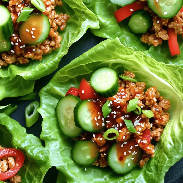 - 1 lb ground chicken - 2 tablespoons Sriracha sauce - 2 tablespoons honey - 1 tablespoon soy sauce - 1 tablespoon sesame oil - 3 green onions, finely chopped - 1 red bell pepper, diced - 1 medium carrot, grated - 1 small cucumber, thinly sliced - Sesame seeds for garnish - Salt and pepper to taste - 8 large iceberg or butter lettuce leaves For this recipe, I love using ground chicken. It cooks quickly and absorbs flavors well. Sriracha gives a spicy kick, while honey adds sweetness. I suggest using low-sodium soy sauce for a healthier touch. Sesame oil adds a rich taste that makes the dish shine. Fresh vegetables make the dish colorful and crunchy. Green onions add a mild onion taste. Red bell peppers bring sweetness, and carrots give a nice texture. Cucumbers are perfect for crunch. They balance the heat from the Sriracha. For garnishing, sprinkle sesame seeds on top for a nutty flavor. Don't forget to season with salt and pepper to enhance the taste. Finally, choose large lettuce leaves like iceberg or butter. They hold the filling well and add a fresh, crisp bite to every wrap. Start by heating sesame oil in a large skillet over medium heat. Once hot, add minced garlic and ginger. Sauté them for about 30 seconds. Watch them closely so they do not burn. This step adds a great flavor base to your chicken mix. Now, add one pound of ground chicken to the skillet. Use a spatula to break the meat into small pieces. Stir it continuously while cooking. You want the chicken to brown nicely, which takes about 5 to 7 minutes. Make sure it is cooked all the way through. Next, mix in 2 tablespoons of Sriracha sauce, 2 tablespoons of honey, and 1 tablespoon of soy sauce. Stir everything well so the chicken gets coated. Season with salt and pepper to taste. Let it simmer for 2 to 3 minutes. This helps thicken the sauce and meld the flavors. Now, add diced red bell pepper, grated carrot, and chopped green onions to the skillet. Cook them for another 2 to 3 minutes. Stir occasionally to keep them from getting too soft. You want them to stay slightly crisp and full of flavor. Take the skillet off the heat. For serving, scoop the chicken mixture into the center of each lettuce leaf. Use large iceberg or butter lettuce leaves for best results. Top with cucumber slices and a sprinkle of sesame seeds. This adds a nice crunch and visual appeal. You can easily change the heat in this dish. Start with 1 tablespoon of Sriracha sauce. Taste it and add more if you like it spicier. If you want alternative options, try using chili garlic sauce or red pepper flakes. Both can give you a nice kick. To make it even better, add fresh herbs. Chopped cilantro or mint can brighten the dish. You can also use different sauces for a twist. Teriyaki or hoisin sauce works well if you want a sweeter taste. Mix and match to find your favorite. If you don’t have a skillet, use a wok or an air fryer. Both can cook the chicken well. You can also prepare the chicken in advance. Simply cook it ahead of time and store it in the fridge. This saves you time when you are ready to eat. {{image_4}} You can use ground turkey instead of chicken. It has a lighter taste. This swap keeps the dish healthy while still being tasty. If you want plant-based options, try crumbled tofu or tempeh. These choices absorb flavors well. They also give a nice texture to your wraps. Feel free to mix in seasonal vegetables. Bell peppers, zucchini, or snap peas work great. They add color and crunch to your wraps. You can also use different lettuces. Romaine or butter lettuce are good options. Each type offers a unique taste and texture. These wraps pair well with rice or quinoa. A side of steamed veggies also complements them. For dips, try peanut sauce or soy sauce. These add extra flavor and richness. Serve everything on a platter for a fun meal. This style makes it easy for everyone to build their own wraps! To keep your Sriracha honey chicken lettuce wraps fresh, follow these tips: - Cool before storing: Let the chicken mixture cool down before putting it in the fridge. - Use airtight containers: Store the chicken in a sealed container to prevent air exposure. - Separate the lettuce: Keep the chicken and lettuce wraps separate. This avoids soggy lettuce. Shelf life information: When stored properly, the chicken mixture lasts about 3-4 days in the fridge. Lettuce can last up to 2 days when kept dry. To enjoy your chicken wraps again, here are the best ways to reheat: - Stovetop method: Warm the chicken in a skillet over medium heat. Stir often until heated through. - Microwave method: Place the chicken in a microwave-safe bowl. Heat in short bursts, stirring in between. Avoiding sogginess in lettuce: Reheat the chicken first, then assemble the wraps just before eating. This keeps the lettuce crisp and fresh. You can use several tasty options instead of lettuce. Here are some ideas: - Collard greens: These are sturdy and hold fillings well. - Rice paper: Great for a fresh, chewy wrap. - Tortillas: Flour or corn tortillas work for a soft bite. - Cabbage leaves: They add crunch and are easy to fill. Yes, you can make Sriracha Honey Chicken Lettuce Wraps gluten-free. Here are some swaps: - Use tamari instead of soy sauce for a gluten-free option. - Check your Sriracha for gluten-free labeling. Some brands are safe. - Choose gluten-free wraps like rice paper or corn tortillas. These wraps last about 3 days in the fridge. For best storage: - Store the filling in an airtight container. - Keep lettuce leaves separate to avoid wilting. - When ready to eat, assemble the wraps fresh for the best taste. This recipe for Sriracha Honey Chicken Lettuce Wraps is simple and tasty. You learned about key ingredients, step-by-step cooking, and fun variations. Remember to adjust the spice to your liking. Enjoy exploring different veggies or proteins to make it your own. Store any extras properly to keep them fresh. With these tips, you can create a meal everyone will love. Happy cooking!