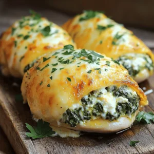 - 4 boneless, skinless chicken breasts - 2 cups fresh spinach, finely chopped - 1 cup creamy ricotta cheese - 1 cup shredded mozzarella cheese, divided - 1/4 cup freshly grated Parmesan cheese - 2 cloves garlic, minced - 1 teaspoon onion powder - 1 teaspoon Italian seasoning blend - Salt and freshly ground black pepper, to taste - 2 tablespoons extra virgin olive oil - 1/2 teaspoon crushed red pepper flakes (optional for a spicy kick) - Fresh parsley, finely chopped, for garnish When I choose ingredients, I think about balance. The chicken gives us protein, while spinach adds nutrients. Ricotta and mozzarella create a creamy texture. Parmesan adds a sharp flavor. Garlic and spices bring warmth and depth. Fresh spinach is best, but frozen can work too. If you use frozen, drain it well before mixing. The olive oil helps with cooking and flavor. You can adjust the salt and pepper to your taste. This mix of flavors makes each bite special. You can even switch up cheeses if you want. Goat cheese or feta can add fun twists. - Preheat the oven to 375°F (190°C). - Sauté garlic and spinach in a skillet. Start by setting your oven to 375°F. This helps the chicken cook evenly. Next, take a medium skillet and add one tablespoon of olive oil. Heat it over medium heat. Once the oil shimmers, add minced garlic. Sauté until it smells great, about 30 seconds. Then, add two cups of finely chopped spinach. Cook for about 2-3 minutes until the spinach wilts. Once done, take the skillet off the heat and let it cool a bit. - Combine spinach mixture with cheeses and seasonings. - Cut pockets in the chicken breasts and stuff them. In a large bowl, mix the spinach with one cup of ricotta cheese, half of the mozzarella, and Parmesan cheese. Add one teaspoon of onion powder and one teaspoon of Italian seasoning. Sprinkle salt and pepper to taste. Stir until it’s creamy and well mixed. Now, take four chicken breasts. Use a sharp knife to cut pockets into each one, making sure not to cut all the way through. Stuff each pocket with the cheesy spinach mixture. If needed, use toothpicks to hold the chicken shut. - Season, sear, and bake the stuffed chicken. - Ensure it reaches an internal temperature of 165°F (75°C). Lightly sprinkle salt and pepper on the outside of each chicken breast. Heat the remaining tablespoon of olive oil in a large, oven-safe skillet over medium-high heat. Once hot, add the stuffed chicken. Sear each side for 3-4 minutes until golden brown. After searing, sprinkle the remaining mozzarella cheese on top. Transfer the skillet to your preheated oven. Bake for 20-25 minutes. Check the internal temperature; it should reach 165°F (75°C). - Avoid overstuffing the chicken pockets. You want the filling to stay inside. - Ensure even seasoning on the chicken. A sprinkle of salt and pepper works well. - Consider adding cream cheese for a richer filling. It makes the dish creamier. - Pair with marinara or Alfredo sauce for serving. This adds a nice touch. - Serve on sautéed vegetables or creamy mashed potatoes. Both options taste great. - Drizzle with balsamic glaze or herbs for garnish. This makes the dish pop visually. {{image_4}} You can change a few things for different diets. - Substitute spinach with kale or Swiss chard. These greens work well. - If you're vegan, use dairy-free cheese. It keeps the filling creamy. You can make the filling even tastier. - Add sun-dried tomatoes or artichokes. They give a nice twist to the flavor. - Use different herbs like basil or oregano for extra taste. Fresh herbs add brightness. You can cook this dish in different ways. - Grill the chicken instead of baking. This gives it a smoky flavor. - Use a slow cooker for tender, juicy stuffed chicken. It cooks slowly and stays moist. Store any leftover cheesy spinach stuffed chicken in an airtight container. This keeps it fresh and tasty. You should eat it within 3-4 days for the best flavor. You can freeze cooked chicken for up to 3 months. Just make sure to let it cool completely first. When you want to eat it again, thaw the chicken in the refrigerator overnight before reheating. For the best texture, reheat the chicken in the oven. Set the oven to a low temperature and cover the chicken to keep it moist. If you're in a hurry, you can use the microwave. Just reheat in short intervals, covered to help retain moisture. Yes, you can prepare and stuff the chicken a day in advance. This saves time on busy days. Just store the stuffed chicken in the fridge until you are ready to cook it. Mashed potatoes, rice, or a fresh salad complement well. These sides balance the rich flavors of the chicken. You can also add some steamed veggies for color. Yes, thaw and drain it well before use. Frozen spinach is convenient and saves time. Just make sure to squeeze out excess water to avoid a soggy filling. Use a meat thermometer; the internal temperature should reach 165°F (75°C). This ensures the chicken is safe to eat. Check the thickest part of the chicken for an accurate reading. Goat cheese or feta can add a unique flavor to the dish. These cheeses bring a tangy taste that pairs well with spinach. Feel free to mix and match based on your preference! This recipe for Cheesy Spinach Stuffed Chicken is simple and delicious. You learned how to fill and cook chicken breasts, ensuring they are juicy and flavorful. You can substitute ingredients for your diet or taste. Store leftovers properly or make the dish ahead. Remember, cooking should be fun and creative. Enjoy crafting your meals with these tips and ideas for a tasty twist. Happy cooking!