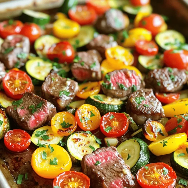 - 1 lb sirloin steak, cut into 1-inch bite-sized pieces - 1 cup cherry tomatoes, halved - 1 bell pepper, sliced into strips - 1 zucchini, sliced into half-moons - 1 yellow squash, sliced into half-moons - 4 cloves garlic, minced finely - 1/4 cup unsalted butter, melted - 2 tablespoons extra virgin olive oil - 1 teaspoon dried Italian herb blend (oregano, basil, thyme) - Salt and freshly ground black pepper to taste These ingredients come together to create a dish that is both hearty and vibrant. The sirloin steak provides rich flavors and protein, while the veggies add color and nutrients. - Fresh parsley, chopped - Extra sprinkle of Italian herbs - A squeeze of lemon juice Adding these garnishes can enhance the dish. Fresh parsley gives a pop of color and freshness. A squeeze of lemon juice can brighten up the flavors. - Instead of sirloin, use flank steak or chicken breast. - Swap cherry tomatoes for diced bell peppers or asparagus. - Replace zucchini and yellow squash with broccoli or carrots. These substitutions allow you to customize the dish to your taste or to use what you have on hand. You can easily adapt this recipe to fit your favorite flavors. First, you need to preheat your oven to 400°F (200°C). This is a key step to get your meal cooking evenly. While the oven heats, line a large baking sheet with parchment paper. This makes for easy cleanup later. Next, grab a large mixing bowl. Add 1 pound of sirloin steak cut into 1-inch pieces. Then, toss in 1 cup of halved cherry tomatoes, 1 sliced bell pepper, 1 sliced zucchini, and 1 sliced yellow squash. Be gentle when mixing to keep the tomatoes intact. In a small bowl, whisk together 1/4 cup of melted unsalted butter, 4 finely minced garlic cloves, and 2 tablespoons of extra virgin olive oil. Add 1 teaspoon of dried Italian herbs, salt, and black pepper to taste. Mix until smooth. Pour the garlic butter mixture over the steak and veggies. Use a strong spatula to mix everything well. Ensure each piece is coated with the garlic butter. Then, spread this mixture evenly on the baking sheet. Place the baking sheet in the oven. Bake for 20 to 25 minutes. Check the steak for your favorite doneness. Medium-rare should hit about 135°F (57°C). The veggies should be tender and slightly caramelized. After baking, take the pan out of the oven. Let it rest for about 5 minutes. This helps the flavors come together. For a fresh touch, sprinkle some chopped parsley on top before serving. Enjoy your delicious meal! To get the best steak, use sirloin. Cut it into 1-inch pieces. This helps it cook evenly. Preheat your oven to 400°F (200°C). Spread the steak on the sheet pan in a single layer. This ensures it cooks well. Bake for 20-25 minutes. For medium-rare, check that it reaches 135°F (57°C). Let it rest for 5 minutes after baking. This step keeps the juices inside. Cherry tomatoes, bell peppers, zucchini, and yellow squash work great in this dish. They bring color and flavor. But you can mix in other veggies too. Try asparagus, broccoli, or carrots. These choices add different tastes and textures. Just remember to cut them to similar sizes for even cooking. This way, all veggies will be tender and tasty. To avoid mushy veggies, watch the cooking time. Bake the dish for 20-25 minutes, but check at the 15-minute mark. If the veggies look soft, they’re ready. You can also cut thicker pieces smaller. Thinner pieces cook faster and stay crisp. If you like crunch, you can add the veggies halfway through baking. This keeps them bright and fresh. {{image_4}} You can swap steak for other proteins. Chicken breast works well here. Cut it into small pieces like the steak. You can also try shrimp for a quick cook. Just add shrimp in the last 10 minutes to keep them tender. Tofu is great if you want a plant-based option. Use firm tofu and press it to remove excess water. Change the veggies based on what’s in season. In spring, use asparagus and snap peas. In summer, try adding corn and eggplant. Fall brings great options like Brussels sprouts and carrots. You can even mix in some kale or spinach for a nutrient boost in winter. You can play with flavors too! For a spicy kick, add chili flakes or diced jalapeños. If you like sweet, toss in some sliced carrots or sweet potatoes. To get a smoky taste, add smoked paprika or use smoked salt. Each choice gives a unique twist to the dish, making it fun to experiment. To keep your sheet-pan garlic butter steak and veggies fresh, follow these steps: - Let the dish cool down to room temperature. - Transfer leftovers to an airtight container. - Store in the fridge for up to 3 days. This keeps the flavors intact and helps maintain the texture. When you're ready to enjoy leftovers, consider these easy methods: - Oven: Preheat your oven to 350°F (175°C). Spread the steak and veggies on a baking sheet. Heat for about 10-15 minutes until warm. - Microwave: Place a portion in a microwave-safe dish. Cover it with a damp paper towel. Heat for about 1-2 minutes until hot. Both methods help retain flavors and textures. If you want to save some for later, freezing works well: - Cool the dish completely before freezing. - Place the steak and veggies in a freezer-safe container. - It can last up to 3 months in the freezer. When ready to eat, thaw in the fridge overnight before reheating. This keeps your meal tasty and safe to eat. Yes, you can use other cuts of steak. Flank steak or ribeye works well. These cuts have good flavor and tenderness. Just remember to cut them into bite-sized pieces. This helps them cook evenly with the veggies. To keep your veggies crisp, don’t overcrowd the baking sheet. Spread them out in a single layer. Make sure to pat them dry before mixing. Excess moisture leads to sogginess. You can also use a higher oven temperature, like 425°F (220°C), for a crispier texture. This dish goes great with simple sides. Try serving it with rice or quinoa. A fresh green salad complements the meal well. Garlic bread also adds a nice touch. These sides balance the rich flavors of the steak and veggies. Ovens can cook differently, so check your food often. If your oven runs hot, reduce cooking time by a few minutes. For slower ovens, add a few minutes. Use a meat thermometer to check steak doneness. This ensures that your meal is just right. This blog post covered everything you need for making garlic butter steak and veggies. We discussed ingredients, cooking steps, and useful tips. You learned how to choose your steak, prep your veggies, and create a tasty garlic mixture. I also shared ways to change ingredients for different tastes and how to store your leftovers. With these tips, you can make an easy, satisfying meal. Enjoy your cooking, and have fun experimenting in the kitchen!