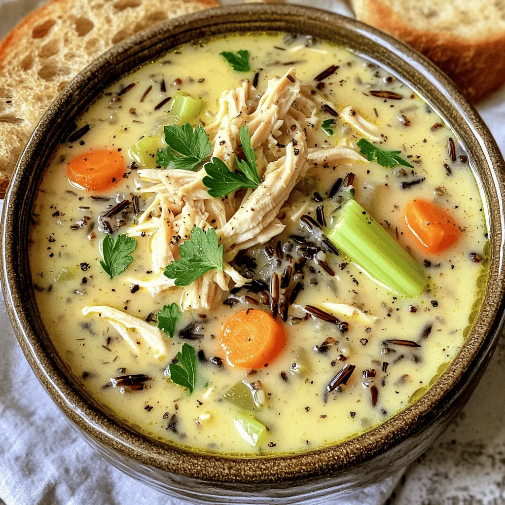 - 2 tablespoons extra virgin olive oil - 1 medium onion, finely diced - 2 cloves garlic, minced - 2 medium carrots, peeled and diced - 2 celery stalks, cleaned and diced - 1 teaspoon dried thyme - 1 teaspoon dried parsley - 1 teaspoon garlic powder - 1 lb cooked chicken, shredded or cubed - 1 cup wild rice, rinsed and uncooked - 6 cups low-sodium chicken broth - 1 cup heavy cream - 1 tablespoon fresh lemon juice - Sea salt and freshly ground black pepper to taste - Fresh parsley, chopped, for garnish The herbs and spices in this soup make it special. I use dried thyme, dried parsley, and garlic powder to give it depth. These add warmth and a hint of earthiness. The low-sodium chicken broth acts as a base, enhancing the chicken flavor. A splash of fresh lemon juice brightens it up, giving that zesty kick. I love to top my soup with fresh parsley. It adds a pop of color and freshness. A sprinkle of black pepper gives a nice touch without overpowering the soup. These simple garnishes make each bowl look inviting and delicious. Sautéing the Vegetables Start by heating 2 tablespoons of extra virgin olive oil in a large pot over medium heat. Once the oil is hot, add 1 medium onion, finely diced. Stir in 2 medium carrots, peeled and diced, and 2 diced celery stalks. Sauté for about 5 to 7 minutes. You want the vegetables to soften and the onion to turn translucent. Adding Aromatics Next, add 2 cloves of minced garlic along with 1 teaspoon each of dried thyme, dried parsley, and garlic powder. Stir the mixture constantly for about 1 minute. This step helps the garlic release its lovely aroma without burning. Combining Chicken and Rice Now, it’s time to add flavor. Incorporate 1 pound of cooked chicken, shredded or cubed, and 1 cup of rinsed wild rice into the pot. Mix everything well to ensure that the chicken and rice are coated in the aromatic blend. Bringing to a Boil Carefully pour in 6 cups of low-sodium chicken broth. Increase the heat to bring the soup to a vigorous boil. Once it’s boiling, reduce the heat to a gentle simmer and cover the pot with a lid. Simmering for Flavor Let the soup simmer for about 45 minutes. This allows the wild rice to become tender and expand. The longer it simmers, the more the flavors blend together. Incorporating Cream After the wild rice is cooked, lower the heat. Gently stir in 1 cup of heavy cream and 1 tablespoon of fresh lemon juice. Let it simmer for an additional 5 minutes. This step adds a rich, creamy texture to the soup. Adjusting Seasoning Taste your soup and season it with sea salt and freshly ground black pepper to your liking. Adjust the seasoning as needed to achieve a balanced flavor. This step-by-step guide ensures you create a cozy and flavorful chicken wild rice soup that warms the soul. Cooking Wild Rice Cook wild rice properly to get the best flavor and texture. Rinse it well before cooking. This removes any dust and helps it cook evenly. Use a 1:3 ratio of rice to water or broth. Bring it to a boil, then let it simmer for about 45 minutes. Check the rice for tenderness. It should be chewy, not mushy. Achieving Creaminess To make the soup creamy, add heavy cream at the end. Stir it in gently after the rice cooks. This keeps the cream from curdling. If you want a lighter soup, use half-and-half or milk. For a vegan version, try coconut milk or cashew cream. Ideal Side Dishes Pair this soup with warm, crusty bread. It’s perfect for dipping. You can also serve a light salad on the side. A simple green salad with a lemon dressing works well. Presentation Ideas Serve the soup in deep bowls. Add a sprinkle of fresh parsley on top. A dash of black pepper adds a nice touch. For a fancy look, use a swirl of cream on top. Overcooking Rice Be careful not to overcook the wild rice. It can become mushy and lose its texture. Check it after 45 minutes, and keep an eye on it as it cooks. Imbalance of Seasoning Taste the soup as you cook. Adjust the seasonings to your liking. Add salt and pepper gradually. This way, you can avoid a soup that is too salty or bland. {{image_4}} You can change the protein in this soup to suit your taste. Instead of chicken, try turkey or shredded pork. You can even use rotisserie chicken for a quick fix. If you prefer, tofu works well for a plant-based option. Just remember to adjust cooking times based on the protein you choose. For a creamy soup without dairy, coconut milk is a great choice. It adds a nice richness while keeping the soup light. Almond milk or oat milk can also work, but they may change the taste slightly. Be sure to add a bit more seasoning to balance out the flavors. You can boost the nutrition and flavor by adding more vegetables. Spinach or kale adds great color and nutrients. Zucchini or bell peppers can add sweetness and crunch. Just chop them into small pieces and add them when you add the garlic. Want to spice things up? Add a pinch of cayenne pepper or red pepper flakes for heat. A dash of smoked paprika gives a lovely depth. Try adding fresh herbs like dill or cilantro for a fresh twist that brightens the soup. Using a slow cooker can make this soup even easier. Just sauté the veggies first, then add everything to the slow cooker. Cook on low for 6-8 hours. Add cream at the end, just like in the stovetop version. The Instant Pot is perfect for quick meals. Sauté the veggies using the sauté function. Then add the rest of the ingredients, seal the lid, and cook on high pressure for 20 minutes. Let it naturally release for 10 minutes before adding the cream. This method saves time and keeps the flavors locked in. - Store leftovers in an airtight container. - Let the soup cool before sealing it. - It stays fresh for up to three days. - Reheat only what you plan to eat. - To freeze, let the soup cool completely. - Pour it into freezer-safe containers. - Leave some space for expansion. - Label each container with the date. - Thaw in the fridge overnight. - For a quick thaw, use the microwave. - Avoid thawing at room temperature. - Reheat on the stove over low heat. - Stir occasionally to prevent sticking. - You can also use the microwave. - Ensure the soup is hot throughout. - Add a splash of cream when reheating. - This helps keep the soup creamy. - Taste and adjust seasoning as needed. Yes, you can make this soup ahead of time. It tastes even better the next day! To prepare for meal prep, follow these tips: - Cook the soup as directed. - Let it cool completely. - Store it in an airtight container in the fridge. - Reheat on the stove or in a microwave. This soup will stay fresh in the fridge for up to three days. If you can't find wild rice, use these alternatives: - Brown rice - Quinoa - Barley These grains add their own flavor and texture. Adjust cooking times as needed. You can easily turn this soup into a vegetarian dish. Here’s how: - Replace chicken with mushrooms or tofu for protein. - Use vegetable broth instead of chicken broth. - Add more veggies like spinach or kale for extra nutrients. This way, you can enjoy a rich, creamy soup while keeping it meat-free. This blog covered how to make a tasty soup using chicken, wild rice, and veggies. You learned about the main ingredients, cooking steps, and tips for perfecting your soup. I shared possible variations and best storage practices to keep your meal fresh. Remember, experimenting with flavors and methods can make each batch unique. Trust these guidelines to help you create a comforting dish every time. Enjoy your cooking journey!