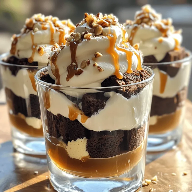 To create these tasty trifles, gather these key ingredients: - 1 batch of brownies (homemade or store-bought), cooled and cut into cubes - 1 cup caramel sauce (either store-bought or homemade) - 1 cup whipped cream (or a plant-based whipped topping) - 1 teaspoon sea salt (plus extra for garnishing) - ½ cup chocolate ganache (made with equal parts chocolate and cream) - ½ cup crushed nuts (such as pecans or almonds) for added texture - Fresh sea salt flakes for an elegant finish You can add extra flavors to make your trifles even better: - A splash of vanilla extract in the whipped cream - A pinch of espresso powder in the ganache - Caramel-flavored liqueur for an adult twist - Fresh fruit like berries for a bright touch For the best taste, I recommend these brands: - Look for Ghirardelli or Hershey's chocolate for ganache. - For caramel, try Smucker's or homemade to ensure quality. These brands give a rich flavor that makes your trifles stand out. Making brownies is easy. If you have a favorite recipe, use it. After baking, let them cool completely on a wire rack. This step is key to avoid mushy layers. Once cool, cut the brownies into small 1-inch cubes. These cubes will make layering simple and neat. To make caramel, start with a medium saucepan. Combine 1 cup of granulated sugar with ¼ cup of water. Place this over medium heat. Stir gently until the sugar dissolves. Once dissolved, stop stirring. Let it cook until it turns a golden-brown color. This can take a few minutes, so watch closely. When it reaches the right color, remove it from heat. Carefully whisk in ½ cup of heavy cream. This will bubble up, so be cautious. Let the mixture cool slightly. If you prefer, you can use store-bought caramel. Just warm it in the microwave for easy drizzling. For the whipped cream, use an electric mixer. Beat the cream on medium speed until soft peaks form. This step gives your trifles a light texture. After whipping, gently fold in 1 teaspoon of sea salt. This helps balance the sweetness. Be careful not to deflate the whipped cream. Use a spatula to fold it in lightly. This keeps the whipped cream fluffy. Remember, the salt adds a nice touch to the sweet layers. To make your trifles shine, use clear cups or jars. Start with a layer of brownie cubes. Make it neat and even for a pretty look. Drizzle on some caramel sauce next. This adds both flavor and a beautiful golden color. Then, add a layer of whipped cream. You can use a piping bag for a fancy touch. Follow this with a drizzle of chocolate ganache. Repeat these layers until you reach the top. Finish with whipped cream and a sprinkle of nuts for crunch. This creates a stunning visual effect that will impress everyone. After assembling your trifles, cover them with plastic wrap. Chill them in the fridge for at least 30 minutes. This helps the flavors blend well and the textures set. When ready to serve, remove the wrap gently. Look for a smooth surface on the whipped cream layer. You can garnish with extra sea salt or a sprig of mint. Serve them cold for the best taste. This way, you keep the cream light and fluffy. One big mistake is not letting the brownies cool fully. Warm brownies can melt the whipped cream. This makes the layers all run together, and we want distinct layers. Another mistake is overloading the layers. Keep portions balanced for better flavor and texture. Also, avoid using too much caramel sauce. It can make the trifles too sweet. Lastly, don’t skip the chilling step. This is crucial for the trifles to hold their shape. Following these tips will help you create a perfect dessert. {{image_4}} You can switch up flavors to make your trifles unique. For a lighter touch, use vanilla in the whipped cream. This will give a nice contrast to the rich brownie. If you want a coffee kick, try mocha-flavored cream. Just mix in some cocoa powder or coffee extract. These changes can make your trifles fun and fresh. You can easily adapt this recipe for dietary needs. To make it gluten-free, use gluten-free brownies. Many brands offer great options that taste just as good. For a vegan version, swap the whipped cream for a plant-based alternative. You can also find vegan caramel sauces in stores. These simple swaps let everyone enjoy the dessert. Adding flavors to your caramel can boost its taste. A splash of vanilla or almond extract makes it richer. You could also try a hint of whiskey for a fun twist. For the ganache, mix in peppermint extract for a festive touch. These flavor boosts can take your trifles to the next level. Experimenting with these ideas makes cooking exciting and creative. To store leftover trifles, cover them with plastic wrap or a lid. This keeps them fresh and protects them from odors in the fridge. Keep the trifles in their glass cups for easy access. If you use a large bowl, place a layer of plastic wrap over the top. In the fridge, your trifles can last up to three days. The flavors will blend and taste even better. If you want to freeze them, do so without the whipped cream. Store them in an airtight container for up to a month. When you’re ready to enjoy, thaw in the fridge overnight before adding fresh whipped cream. If your brownies need a little warmth, microwave them for ten seconds at a time. Be careful not to overheat, or they may dry out. You can also warm them in the oven at 350°F for about five minutes. Let them cool before adding to your trifles. This way, you keep the layers fresh and tasty. Salted Caramel Brownie Trifles can last up to four days in the fridge. Keep them covered to stay fresh. The brownies may soften a bit, but they still taste great. Yes, you can make these trifles a day ahead. Just layer them and refrigerate. This helps the flavors blend well and makes for an easy dessert. If you want a dairy-free option, use coconut cream or any plant-based whipped topping. Both options work well and still give a nice texture. To keep your caramel sauce smooth, store it in a sealed container in the fridge. Warm it up slightly before using, either in the microwave or on the stove. Use a sturdy container with a tight lid. Clear jars work best for showing off the layers. If you need to stack them, use parchment paper in between to prevent sticking. This blog covered the key steps to make Salted Caramel Brownie Trifles. We explored essential and optional ingredients, plus recommended brands. I shared easy instructions for brownies and caramel. You learned how to layer for beauty and avoid common mistakes. We reviewed delicious variations and storage tips. Enjoy making these trifles for any occasion. They are tasty, fun, and a crowd-pleaser. Your friends and family will love them!