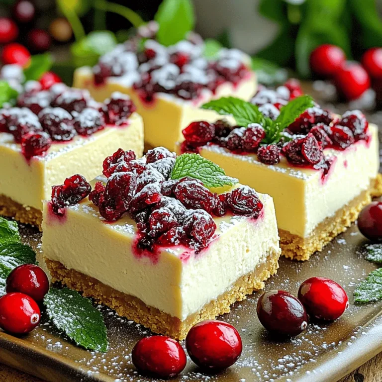 To make these delicious White Chocolate Cranberry Cheesecake Bars, gather these items: - 1 ½ cups graham cracker crumbs - ½ cup unsalted butter, melted - 2 cups cream cheese, softened to room temperature - 1 cup white chocolate chips, melted and slightly cooled - ½ cup powdered sugar - 1 teaspoon pure vanilla extract - 1 cup sour cream - 1 cup dried cranberries, roughly chopped - Zest of 1 lemon (about 1 tablespoon) - Pinch of fine sea salt Fresh ingredients make a big difference in taste. Use high-quality cream cheese for a smooth texture. Choose unsalted butter to control salt levels. When selecting dried cranberries, look for plump and juicy ones. They add nice flavor. Fresh lemon zest brightens the bars, so always zest right before using. You can easily adapt this recipe for different diets. For a gluten-free option, swap graham crackers for gluten-free crumbs. Use dairy-free cream cheese and sour cream for a vegan version. If you're avoiding sugar, try a sugar substitute in place of powdered sugar. Adjust the ratios if needed for best results. To make the crust, start by mixing 1 ½ cups of graham cracker crumbs with ½ cup of melted unsalted butter in a medium bowl. Stir until the crumbs soak up the butter. This step is key for a rich flavor. Next, press the mixture into a 9x9 inch baking pan. Make sure it is even and packed tight. This creates a strong base for the bars. Once it's done, place the pan in the fridge. Let it chill while you make the filling. Now, let’s make the creamy filling. In a large bowl, beat 2 cups of softened cream cheese with a mixer on medium speed. Mix until smooth, which should take about 2–3 minutes. Then, pour in 1 cup of melted white chocolate. Keep mixing until everything blends well. Add in ½ cup of powdered sugar, 1 teaspoon of vanilla extract, and a pinch of salt. Continue mixing until the filling is creamy and smooth. Next, gently fold in 1 cup of sour cream, 1 cup of chopped dried cranberries, and the zest of 1 lemon. Be careful not to overmix; you want the cranberries and zest evenly spread. Pour the cheesecake mixture over your chilled graham cracker crust. Use a spatula to spread it evenly. Cover the pan with plastic wrap and place it back in the fridge. Let it chill for at least 4 hours. This allows the filling to set well. After chilling, lift the bars out of the pan and place them on a cutting board. Cut them into even squares. For a nice touch, garnish each piece with a few dried cranberries before serving. Enjoy your tasty treats! To get the best texture for your cheesecake bars, start with room-temperature cream cheese. Cold cream cheese can lead to lumps. Mix on medium speed for a smooth finish. When adding melted white chocolate, let it cool slightly. This helps blend it in without cooking the cream cheese. Always fold in the sour cream and cranberries gently. This keeps the mixture light and airy. Aim for a creamy filling that holds together but is not too stiff. One common mistake is overmixing. This can make your cheesecake bars too dense. Mix just until you see no lumps. Another mistake is not chilling long enough. The bars need at least four hours to set properly. If you cut them too soon, they may fall apart. Lastly, ensure your crust is packed tightly. A loose crust will crumble when you cut the bars. Presentation is key to any dessert. Arrange your cheesecake bars on a pretty platter. Add fresh cranberries and mint leaves for color. A light dusting of powdered sugar adds a nice touch. Serve chilled for the best taste. You can also drizzle some white chocolate on top for extra flair. Each piece should look inviting and delicious. {{image_4}} You can easily boost the taste of your cheesecake bars. Adding nuts brings a nice crunch and flavor. I love using chopped pecans or walnuts. They pair well with the cream cheese and white chocolate. Just fold in about half a cup of your favorite nuts into the filling. This small change adds texture and richness. Toppings can change the whole look and taste of your bars. Instead of just cranberries on top, consider using fresh berries. Strawberries or raspberries add a bright touch. You can also drizzle some chocolate over the bars for extra sweetness. A sprinkle of crushed nuts or a dusting of powdered sugar gives a nice finish, too. If you need a gluten-free version, swap the graham crackers for gluten-free cookies. Many brands offer tasty options. For a vegan version, use vegan cream cheese and coconut cream in place of sour cream. Melted dairy-free chocolate chips can replace white chocolate. These simple swaps will keep your bars delicious and suitable for everyone. To keep your white chocolate cranberry cheesecake bars fresh, store them in the fridge. Place the bars in an airtight container. If you don't have one, wrap them tightly in plastic wrap. This will help keep moisture out and flavors in. Always chill the bars before storing. This prevents any melting or shifting of layers. These cheesecake bars stay fresh for about one week in the fridge. After that, they may lose texture and flavor. If you want to enjoy them later, consider freezing them. Always check for any signs of spoilage before serving. You can freeze the cheesecake bars for up to three months. Cut the bars into squares before freezing. Wrap each piece tightly in plastic wrap. Place them in a freezer-safe bag or container. When you want to eat them, thaw them in the fridge overnight. This gives you a quick and easy treat whenever you crave something sweet. You can use fresh cranberries, but they will change the taste. Fresh berries are tart and juicy, which can make your bars more sour. If you want to use them, chop them into smaller pieces. You may want to add more sugar to balance the tartness. Dried cranberries are sweeter and blend well with the creamy filling. The cheesecake bars are set when they feel firm to the touch. After chilling for at least 4 hours, gently press the top with your finger. If it bounces back, they are ready. If not, give them more time in the fridge. You can also check the edges; they should look slightly pulled away from the pan. If you don't have sour cream, you can use plain yogurt. Greek yogurt works well too. Both will keep the bars creamy. You can also try cream cheese mixed with a little milk for a similar texture. Just make sure to mix it well to avoid lumps. In this post, we covered how to make delicious cheesecake bars. You learned about the key ingredients, tips for freshness, and dietary substitutions. I shared step-by-step instructions for the crust and filling, along with assembly. You gained valuable tips to perfect consistency and avoid common mistakes. We explored fun variations and easy storage methods. Try out these ideas for tasty cheesecake bars. With practice, you’ll impress your family and friends! Enjoy baking!