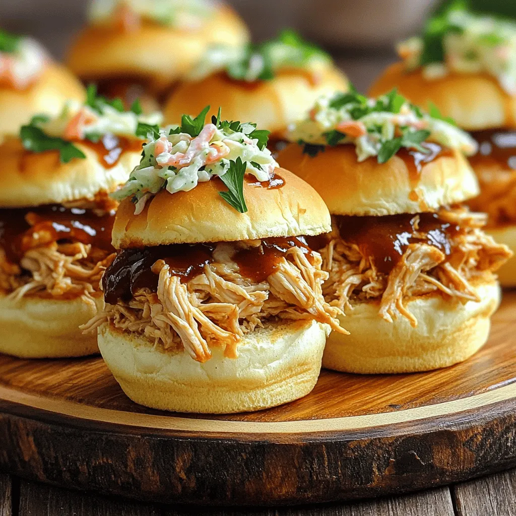 - 2 lbs boneless, skinless chicken breasts - 1 cup BBQ sauce (store-bought or homemade) - Slider buns (12 count) - 1/2 cup chicken broth - 1 tablespoon apple cider vinegar - 1 tablespoon brown sugar - 1 teaspoon garlic powder - 1 teaspoon onion powder - 1/2 teaspoon smoked paprika - Salt and pepper to taste - Coleslaw (optional) - Freshly chopped parsley (for garnish) For this recipe, the main ingredients are quite simple. You need chicken breasts, BBQ sauce, and slider buns. The chicken forms the base. The BBQ sauce gives it that sweet, tangy flavor we love. The slider buns hold everything together. Now, let’s talk about the flavor enhancers. Chicken broth adds moisture. Apple cider vinegar gives a nice tang. Brown sugar balances the flavors with sweetness. Garlic and onion powders add depth. Smoked paprika gives a hint of smokiness, while salt and pepper round out the taste. For toppings, coleslaw is a great choice. It adds crunch and creaminess. A sprinkle of fresh parsley on top makes the sliders look nice. It also adds a touch of freshness. With these ingredients, you can create a tasty meal that everyone will enjoy. To start, layer the chicken breasts evenly in your slow cooker. This helps them cook well. Next, grab a mixing bowl and combine your sauce ingredients. You need BBQ sauce, chicken broth, apple cider vinegar, brown sugar, garlic powder, onion powder, and smoked paprika. Add salt and pepper to taste. Mix all these ingredients until they blend nicely. This step gives the chicken great flavor. Now it’s time to cook! Set your slow cooker to low for 6-8 hours. You can also choose the high setting for 3-4 hours. When the chicken is done, it should be tender. You’ll know it’s ready when you can easily shred it with a fork. This means all those tasty flavors soaked in well. Once the chicken is cooked, carefully take it out of the slow cooker. Place it in a large bowl. Use two forks to shred the chicken into small pieces. This makes it easy to put on your sliders. After shredding, mix the chicken with the remaining sauce in the slow cooker. This ensures every bite is full of flavor. Now, prepare your slider buns. You can lightly toast them under a broiler or in a toaster until golden brown. This adds a nice crunch. Finally, serve the pulled chicken on the slider buns. If you like, add a spoonful of coleslaw on top for some extra crunch. Enjoy your delicious sliders! To boost the taste of your BBQ pulled chicken, consider making your own BBQ sauce. A mix of ketchup, vinegar, and spices gives great flavor. You can also adjust the sweetness by adding brown sugar. Start with one tablespoon and add more if you like it sweeter. When it comes to shredding chicken, use two forks. This method gives you nice, even pieces. For even cooking in the slow cooker, place the chicken in a single layer. Arrange it well to help it cook evenly and soak up all that sauce. Arrange your sliders neatly on a large platter. This makes them look great for a party. Consider adding a spoonful of coleslaw on top for crunch. For drinks, iced tea or lemonade pairs well with the sliders. {{image_4}} If you need gluten-free sliders, here are some easy swaps. Use gluten-free buns instead of regular ones. Look for BBQ sauces that are marked gluten-free. Many brands offer tasty options that fit this need. You can also reduce sugar in your dish. Choose a low-sugar BBQ sauce. Some brands use natural sweeteners or extra spices to keep flavor high and sugar low. This way, you can enjoy your sliders without worry. Want to spice things up? Add some cayenne pepper or chili powder to your sauce. Just a pinch can bring a nice kick. If you like it hot, try using hot sauce in the mix too. You can also switch the type of chicken you use. Chicken thighs are great for a richer taste. They stay juicy and tender, which is perfect for pulled chicken. You can also try cooking with bone-in chicken for extra flavor. You don’t have to stick to regular slider buns. Try serving your pulled chicken on pita or tortillas. These options add fun and are easy to handle. For coleslaw, mix it up! You can add apples for a sweet crunch or jalapeños for some heat. A zesty dressing can also add a new twist. Choose what you love, and make your sliders even more exciting! After your meal, store any leftover pulled chicken in the fridge. Place it in an airtight container. This will keep it fresh and flavorful. The chicken will stay good for about 3 to 4 days. When you’re ready to enjoy the leftovers, reheating is easy. You can use the microwave or the stovetop. For the microwave, put the chicken in a bowl. Heat it for 1-2 minutes. Stir halfway through to warm it evenly. On the stovetop, place the chicken in a pan over low heat. Stir occasionally until it’s hot. To save your BBQ pulled chicken for later, freezing is a great option. First, let the chicken cool down completely. Then, transfer it to a freezer-safe bag or container. Squeeze out as much air as you can. This helps prevent freezer burn. You can freeze it for up to 3 months. When you want to eat it, thaw the chicken in the fridge overnight. For a quicker method, you can microwave it on the defrost setting. After thawing, reheat it using the same methods as before. The shelf life of your pulled chicken varies by storage method. In the fridge, it lasts about 3 to 4 days. In the freezer, it can stay good for about 3 months. Always check for signs of spoilage before eating. If it smells off or looks strange, it’s best to throw it away. Can I use frozen chicken for this recipe? Yes, you can use frozen chicken. Just add a bit more cooking time. When using frozen chicken, cook on high for 4-5 hours or low for 8-10 hours. Always check that it reaches 165°F. How do I make the sliders spicier? To spice things up, add hot sauce to the BBQ sauce. You can also mix in cayenne pepper or diced jalapeños. Start with a little and taste as you go. What BBQ sauce is best for this recipe? Choose a BBQ sauce you love. A tangy or sweet sauce works well. You can use store-bought or make your own at home. Can I use other meats besides chicken? Yes, you can use pork or beef. For pulled pork, use a pork shoulder. For beef, try brisket or chuck roast. Just adjust cooking times as needed. How long can I keep leftovers? Store leftovers in the fridge for up to four days. Keep them in an airtight container. You can also freeze them for up to three months. This article covered all you need for making tasty slow cooker BBQ pulled chicken sliders. We discussed essential ingredients, flavorful enhancers, and how to prepare and cook the chicken perfectly. You learned tips for serving and adjusting flavors. Now you can enjoy these sliders at any gathering. They are easy, fun, and full of flavor. You also have options for dietary needs and creative toppings. So, get cooking and impress your friends with your delicious sliders!