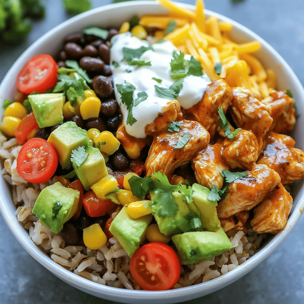 - 1 pound chicken breast, diced - 2 tablespoons chipotle sauce - 1 teaspoon ground cumin - 1 teaspoon garlic powder - 1 cup brown rice - 2 cups chicken broth (or water) The heart of the Chipotle Chicken Burrito Bowl is the chicken. I use diced chicken breast, as it cooks quickly and stays juicy. Marinating it in chipotle sauce, ground cumin, and garlic powder gives it a smoky kick. The brown rice adds a hearty base, and using chicken broth instead of water enhances the flavor. - 1 can black beans, drained and rinsed - 1 cup corn (fresh or frozen) - 1 red bell pepper, diced - 1 avocado, diced - 1 cup cherry tomatoes, halved - ½ cup fresh cilantro, chopped I love to load my burrito bowls with fresh toppings. Black beans and corn add protein and sweetness. Red bell pepper gives a nice crunch, while cherry tomatoes bring juiciness. Diced avocado adds creaminess, and fresh cilantro brightens the dish. - Shredded cheese, sour cream, sliced jalapeños - Olive oil for cooking - Salt and pepper to taste - Juice of 1 lime For those who want extra flavor, I recommend adding shredded cheese and sour cream. Sliced jalapeños can bring heat. A splash of lime juice ties everything together, while a drizzle of olive oil enhances the cooking process. Don't forget to season with salt and pepper! To start, take 1 pound of diced chicken breast. In a medium bowl, mix the chicken with 2 tablespoons of chipotle sauce, 1 teaspoon of ground cumin, and 1 teaspoon of garlic powder. Add salt and pepper to taste. Stir well so each piece is coated. Cover the bowl and place it in the fridge. Chill for at least 30 minutes. This marination makes the chicken flavorful and tender. Next, let's cook the rice. Boil 2 cups of chicken broth or water in a medium saucepan. Once it reaches a rapid boil, stir in 1 cup of brown rice. Lower the heat and cover the pot. Let it simmer for 30-35 minutes. When the rice is done, remove it from heat. Use a fork to fluff the rice gently. This will give it a nice texture. Now, heat 1 tablespoon of olive oil in a large skillet over medium-high heat. Add the marinated chicken to the pan, making sure it spreads out. Cook for 7-10 minutes. Stir occasionally until the chicken is golden and cooked through. In the same skillet, add more olive oil if needed. Sauté 1 diced red bell pepper for 3-4 minutes. If you have corn, toss it in now to warm it up. It's time to build your burrito bowls! In individual serving bowls, start with a base of fluffy brown rice. Layer on the sautéed chicken, black beans, bell pepper, and corn. Add halved cherry tomatoes and diced avocado on top. This creates a colorful and tasty dish. To finish, squeeze fresh lime juice over each bowl. This adds a zesty kick. You can also sprinkle chopped cilantro on top for freshness. For extra flavor, offer optional toppings like shredded cheese, sour cream, or spicy sliced jalapeños. These small additions can make a big difference! For the best flavor, marinate your chicken for at least 30 minutes. If you have time, try to let it sit longer. This helps the spices soak in well. When cooking, use medium-high heat to get a nice sear. This gives the chicken a golden color. Stir it a few times to cook evenly. Aim for 7 to 10 minutes until it is fully cooked and juicy. To avoid mushy rice, start with boiling chicken broth or water. Once it boils, add the brown rice and lower the heat. Cover the pot tightly and let it simmer. Cooking for 30 to 35 minutes gets the rice tender. After cooking, fluff it with a fork to separate the grains. If you want alternatives, consider quinoa or cauliflower rice. Both options add unique flavors and textures. Quinoa is high in protein, while cauliflower rice is low in carbs. For extra taste, try adding spices like smoked paprika or chili powder. You can also mix in some fresh herbs like oregano or thyme. Adjust the spice levels to your liking. If you enjoy heat, add more chipotle sauce or diced jalapeños. Customizing ingredient ratios can make your burrito bowl unique. If you love avocado, add more. If you prefer less rice, reduce the amount. This way, every bowl will suit your taste perfectly. {{image_4}} For a vegetarian version, you can swap out the chicken for hearty substitutes. Try using grilled tofu, tempeh, or even jackfruit. These plant-based proteins soak up flavors well. You can marinate them just like the chicken. This keeps the dish packed with flavor. Want to lower carbs? Use cauliflower rice instead of brown rice. Just pulse cauliflower in a food processor until it resembles rice. Sauté it with olive oil for a tasty base. You can also use vegan cheese or skip cheese for a dairy-free option. These swaps help keep it light. Add different sauces to change the taste. Try salsa verde for a zesty kick or a creamy chipotle sauce for more heat. You can also add fruits for sweetness. Diced mango or pineapple brighten up your bowl. Mix and match to find your favorite combination. To keep your Chipotle chicken burrito bowls fresh, choose good storage containers. Glass or BPA-free plastic containers work best. Make sure they have tight lids to keep air out. Let the food cool down before sealing it. This step helps avoid condensation, which can make your food soggy. I usually let the bowls sit out for about 30 minutes before storing them. When it's time to eat again, use the microwave for quick reheating. Place the bowl in the microwave and cover it with a damp paper towel. This method keeps the food moist. Heat in 30-second intervals until hot. You can also reheat on the stove. Just add a bit of olive oil to a pan and cook over medium heat. Stir gently to warm all parts evenly. To keep ingredients fresh, separate the toppings. Store items like avocado and tomatoes in separate containers. This way, they won’t get mushy or lose their crunch. Yes, you can freeze burrito bowl components! Cooked chicken, rice, and beans freeze well. Just make sure they cool completely before freezing. Use airtight containers or freezer bags to prevent freezer burn. When you're ready to use them, let them thaw in the fridge overnight. You can also use the microwave for quick thawing. Just be sure not to overheat, as this can dry them out. Once thawed, reheat as mentioned before and add fresh toppings for a delicious meal! It takes about 40 minutes to prep and cook these bowls. You will spend 30 minutes marinating the chicken. The rice cooks for about 30-35 minutes. Overall, from start to finish, you can enjoy these flavorful bowls in about an hour. Yes! You can add any toppings you like. Try using shredded cheese or sour cream. You can also include spicy jalapeños or fresh herbs. Personalize your burrito bowl to match your taste. Mix and match your favorite flavors for a unique meal. Absolutely! You can prep the chicken and rice a day before. Store them in the fridge in airtight containers. When ready to eat, simply reheat and assemble your bowls. This makes for an easy meal prep option that saves time. Pair these bowls with tortilla chips and salsa for a fun crunch. You might also enjoy a fresh side salad for extra veggies. A zesty corn salad can complement the flavors too. These sides enhance the meal and make it more filling. You can find similar burrito bowls at many fast-casual restaurants. Look for places that specialize in Mexican or Tex-Mex food. Some popular chains offer burrito bowls with customizable options. Check local eateries for fresh and tasty versions too. In this post, we explored how to make delicious Chipotle Chicken Burrito Bowls. We covered key ingredients, step-by-step cooking instructions, and helpful tips. You can customize your bowl with fresh toppings or even make a vegetarian version. Remember, storing and reheating leftovers properly will keep them tasting great. Enjoy crafting these tasty meals that fit your taste and lifestyle. Start your cooking journey today and impress your family and friends!