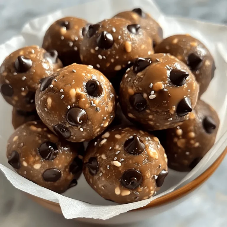 To make chocolate peanut butter energy balls, you will need these simple ingredients: - 1 cup rolled oats - ¼ cup natural peanut butter - ¼ cup honey or maple syrup - ¼ cup dark chocolate chips - 2 tablespoons ground flaxseed - 2 tablespoons chia seeds - 1 teaspoon vanilla extract - A pinch of salt These ingredients come together to create a tasty snack full of flavor and energy. You can easily swap some ingredients if you need to. Here are some ideas: - Rolled oats: You can use quick oats or gluten-free oats. - Natural peanut butter: Almond butter or sunflower seed butter works well too. - Honey or maple syrup: Agave syrup or brown rice syrup can be a good choice. - Dark chocolate chips: Use milk chocolate chips or carob chips for a different taste. - Ground flaxseed: Chia seeds can replace flaxseed in equal amounts. - Chia seeds: You can skip these, but they add great nutrition. These swaps help you tailor the recipe to what you have on hand. Each energy ball packs a punch! Here’s a rough breakdown: - Calories: About 100 per ball - Protein: 3 grams - Fat: 5 grams - Carbohydrates: 12 grams - Fiber: 2 grams - Sugar: 4 grams These energy balls provide a balanced mix of nutrients, making them a great snack choice. Enjoy these tasty bites anytime! First, grab a large mixing bowl. Add 1 cup of rolled oats, 2 tablespoons of ground flaxseed, 2 tablespoons of chia seeds, and a pinch of salt. Mix these dry ingredients well. Use a spoon or spatula to stir until everything is blended. This blend gives your energy balls a great base. Next, take a smaller bowl. Combine ¼ cup of natural peanut butter, ¼ cup of honey or maple syrup, and 1 teaspoon of vanilla extract. Use a whisk or fork to mix until smooth. Make sure there are no lumps. This mixture adds sweetness and flavor to your energy balls. Now, pour the wet mixture into the dry ingredients. Add ¼ cup of dark chocolate chips at this stage. Stir until the mixture is sticky and well combined. Use your hands to scoop out small portions, about the size of a tablespoon. Roll them into balls, roughly 1 inch in diameter. You should make about 12 to 15 energy balls. Line a baking sheet with parchment paper. Place the rolled energy balls on it, leaving space between each one. Chill the baking sheet in the fridge for at least 30 minutes. This helps them firm up. After chilling, store them in an airtight container. Enjoy these bites for up to a week in the fridge, or freeze them for later! To get the right texture, make sure your oats are rolled, not instant. Mix your dry ingredients well before adding wet ones. The mix should feel sticky but not too wet. If it's too dry, add a bit more peanut butter or honey. If it's too wet, add extra oats. This helps you form perfect little balls. These energy balls are great for snacks. You can serve them in a bowl or pack them for lunch. Try placing them in snack-sized bags for easy grab-and-go options. Kids love them too! You can even use them as a sweet treat after school. They pair well with a glass of milk or a smoothie. Want to spice things up? Add cinnamon or nutmeg to your dry mix. A pinch of sea salt can also boost the chocolate flavor. If you want something extra, try adding a dash of cayenne for a kick. These small changes make each bite more exciting. {{image_4}} You can make these energy balls without nuts. Just swap the peanut butter for sun butter or soy nut butter. Both options add creaminess and flavor without the nuts. This is great for kids or anyone with nut allergies. To make a vegan version, use maple syrup instead of honey. Both sweeteners work well, but maple syrup fits the vegan diet. You can also use a plant-based chocolate chip to keep it fully vegan. You can get creative with your energy balls. Try adding dried fruit like raisins, cranberries, or chopped dates. Seeds like pumpkin or hemp seeds also add nice crunch and nutrition. Mix and match to find your favorite mix! To keep your chocolate peanut butter energy balls fresh, store them in the fridge. Use an airtight container to seal in flavor and moisture. They will stay good for up to one week. Just make sure to grab one when you need a quick snack! If you want to save some for later, freezing is the way to go. Place the energy balls in a single layer on a baking sheet. Freeze them for about two hours until solid. Once frozen, transfer them to a freezer bag. They can last for up to three months in the freezer. Just thaw them in the fridge before you enjoy. These energy balls are perfect for busy days. Their shelf life makes them an easy snack option. You can take them on hikes, pack them in lunch boxes, or enjoy them after a workout. Just remember to check for freshness if they sit for a while. To make chocolate peanut butter energy balls, start with a large bowl. Add 1 cup of rolled oats, 2 tablespoons of ground flaxseed, 2 tablespoons of chia seeds, and a pinch of salt. Mix these dry ingredients well. In a smaller bowl, combine ¼ cup of natural peanut butter, ¼ cup of honey (or maple syrup), and 1 teaspoon of vanilla extract. Stir this mixture until it is smooth. Pour the wet mixture into the dry ingredients. Add ¼ cup of dark chocolate chips. Mix everything until well combined. Roll small portions into balls about 1 inch in size. Chill them in the fridge for at least 30 minutes. Yes, you can use different types of nut butter. Almond butter works well and adds a nice flavor. Cashew butter is another great choice. Just make sure to use a nut butter that is creamy. Avoid chunky nut butter, as it can change the texture of the energy balls. The best way to store energy balls is in an airtight container. Keep them in the fridge for up to one week. If you want them to last longer, you can freeze them. Just place them in a freezer-safe bag and remove as much air as possible. They will stay good for about three months in the freezer. In this blog post, we covered how to make tasty energy balls. We discussed ingredients, step-by-step instructions, and helpful tips. You learned how to prepare dry and wet ingredients and shape them well. We also looked at variations to fit your needs, like nut-free and vegan options. Finally, we shared storage tips to keep your energy balls fresh. Now, you can enjoy making your own energy balls that suit your taste!
