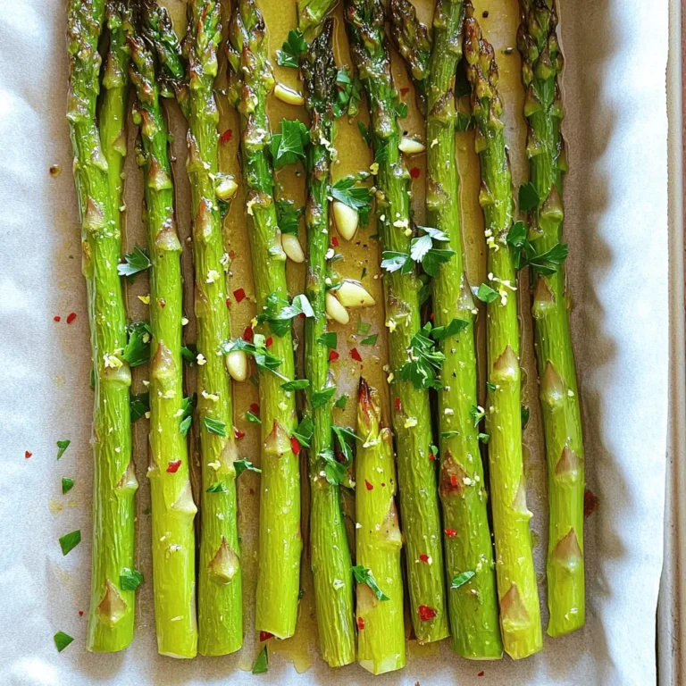 For this dish, you need 1 pound of fresh asparagus. Pick bright green spears with firm stalks. Trim the ends to remove any tough parts. This helps the asparagus cook evenly. The marinade brings flavor to the asparagus. You will need: - 3 tablespoons extra virgin olive oil - 3 cloves garlic, finely minced - Zest of 1 medium lemon - Juice of 1 medium lemon The olive oil adds richness. Garlic gives a nice kick. Lemon zest and juice bring bright, fresh notes. To season the dish, gather these: - 1 teaspoon flaky sea salt - ½ teaspoon freshly ground black pepper - ½ teaspoon crushed red pepper flakes (optional) These seasonings enhance the flavors. The sea salt and black pepper balance the dish. If you like heat, add red pepper flakes for a spicy twist. First, set your oven to 400°F (200°C). This temperature helps the asparagus cook evenly. Preheating makes sure the oven is hot when you add the asparagus. It gives the dish a nice crispness. In a medium bowl, mix 3 tablespoons of extra virgin olive oil, 3 minced garlic cloves, lemon zest, and lemon juice. Add 1 teaspoon of flaky sea salt, ½ teaspoon of black pepper, and optional red pepper flakes. Whisk it all together until smooth. This marinade brings great flavor to the asparagus. Take 1 pound of trimmed asparagus and place it on a large baking sheet lined with parchment paper. This keeps the asparagus from sticking. Drizzle the marinade over the asparagus. Use a spatula or your hands to toss gently until all the spears are coated. Make sure each piece has some marinade for the best taste. Put the baking sheet in the oven and roast for 15 to 20 minutes. Check the asparagus by using a fork. If it goes through the thicker stalks easily, it’s done. You want the tips to be slightly crisp. This step is key for a perfect texture. Once done, take the baking sheet out of the oven. Sprinkle freshly chopped parsley over the asparagus for a pop of color. Serve the asparagus warm. It makes a bright and zesty side dish that pairs well with many meals. Enjoy your tasty creation! To pick the best asparagus, look for bright green stalks. The tips should be closed and firm. Avoid limp or wilted stalks. Fresh asparagus has a nice snap when you bend it. You can also check the base. It should be moist, not dry. If you find thin spears, they can be tender and sweet. Thicker stalks are more robust but may need longer cooking. Cooking time can change based on the thickness of your asparagus. For thin stalks, roast for 10 to 15 minutes. For medium stalks, stick to 15 to 20 minutes. For thicker stalks, you may need up to 25 minutes. Always check for doneness by piercing with a fork. If it goes in easily, your asparagus is ready. Remember, the tips should be slightly crisp for the best texture. Presentation is key for any dish. To make your lemon garlic roasted asparagus pop, use a nice platter. Arrange the spears in a single layer. This helps show off their bright color. For a fun touch, add lemon wedges on the side. This gives a fresh look and adds flavor when squeezed. You can also sprinkle extra parsley for a vibrant finish. A colorful presentation makes the dish more inviting. {{image_4}} You can boost this dish with protein. Try adding grilled chicken or shrimp. Both pair well with the lemon and garlic flavors. Simply cook the protein separately, then serve it on top of the asparagus. For a plant-based option, add chickpeas or tofu. They absorb the marinade and add great texture. Want to amp up the taste? Add some lemon slices on top before roasting. They will caramelize and deepen the lemon flavor. You can also sprinkle some parmesan cheese before serving. It melts slightly and adds a rich, salty touch. For more spice, toss in some chili flakes or a dash of hot sauce. Asparagus is great, but you can mix in other veggies too. Broccoli, green beans, or bell peppers work well. Cut them to similar sizes for even cooking. You can roast them together with the asparagus. This adds color and variety, making your dish even more appealing. After you enjoy your Lemon Garlic Roasted Asparagus, store any leftovers in the fridge. Place the asparagus in an airtight container. This keeps it fresh for up to three days. Make sure the asparagus cools down before sealing the container. When you're ready to eat the leftovers, you can reheat them easily. Preheat your oven to 350°F (175°C). Spread the asparagus on a baking sheet. Heat them for about 10 minutes. You can also use a microwave. Just place them on a plate and heat for 30 seconds to 1 minute. If you want to save the asparagus for a longer time, freezing is a good option. First, blanch the asparagus in boiling water for 2 minutes. Then, immediately place them in ice water to stop the cooking. Drain and dry the spears. Store them in a freezer-safe bag. You can keep them in the freezer for up to three months. Yes, you can use frozen asparagus. Just thaw it first and pat it dry. This helps remove excess moisture. Frozen asparagus may not get as crisp as fresh, but it still tastes great. This recipe is perfect for meal prep. You can roast a big batch and store it. Keep it in the fridge for up to four days. Just reheat in the oven or microwave before serving. You can serve this dish with many meals. It pairs well with grilled chicken, fish, or steak. You can also add it to pasta or grain bowls for extra flavor. Check the asparagus after 15 minutes. Insert a fork into a thicker stalk. If it goes in easily, the asparagus is done. The tips should be slightly crispy and golden. This dish is already vegan-friendly! It uses only plant-based ingredients. Enjoy it guilt-free as a tasty side dish or main meal. Lemon Garlic Roasted Asparagus is simple and tasty. You learned about fresh ingredients, step-by-step cooking, and tips to enhance your dish. Remember to choose quality asparagus and adjust cooking times for the best taste. Enjoy trying different variations to keep things interesting. Store leftovers properly to extend freshness. You now have the knowledge to make delicious asparagus every time. Happy cooking!