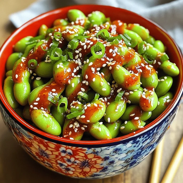 - 2 cups edamame (fresh or frozen, shelled) - 1 tablespoon extra virgin olive oil - 2 tablespoons sweet chili sauce - 1 tablespoon low-sodium soy sauce - 1 teaspoon toasted sesame oil - 1 teaspoon garlic, finely minced - 1 teaspoon white sesame seeds - 2 green onions, finely sliced - Salt, to taste - Red pepper flakes for extra heat - Fresh cilantro for garnish - Lemon zest for a citrus twist Edamame is a young soybean packed with protein, fiber, and nutrients. It has many health benefits. - High in Protein: Edamame contains about 17 grams of protein per cup. This helps build and repair body tissue. - Rich in Fiber: One cup has around 8 grams of fiber. Fiber aids digestion and keeps you full. - Packed with Vitamins: Edamame provides vitamins A, C, and K. These support your immune system and skin health. - Contains Healthy Fats: The fat in edamame is mostly unsaturated, which is good for heart health. - Low in Calories: With about 120 calories per cup, it’s a smart snack choice. In short, edamame is a tasty and healthy snack. It adds flavor and nutrition to your meals. To start, you need to prepare the edamame. If you have frozen edamame, just follow the package instructions. Usually, this means boiling them in salted water for about 3 to 5 minutes. Once cooked, drain the edamame well and set them aside. Fresh edamame can be used too. Just make sure they are shelled and ready to go! Next, it's time to cook the edamame. Grab a large skillet and set it on medium heat. Add 1 tablespoon of extra virgin olive oil. Let it warm for a minute or two. When the oil is hot, add 1 teaspoon of minced garlic. Sauté it for about 1 to 2 minutes. You want it to smell great but not brown. If it browns, it can taste bitter. Now, add your cooked edamame to the skillet. Toss them gently in the garlic oil. Make sure they are well coated. This step helps the flavors stick to the beans. Now for the fun part—adding the sauces! Pour in 2 tablespoons of sweet chili sauce and 1 tablespoon of low-sodium soy sauce. Stir it well to coat the edamame. Lower the heat and let it simmer for 2 to 3 minutes. This helps all the flavors blend together. After that, take the skillet off the heat. Drizzle 1 teaspoon of toasted sesame oil over the edamame. This adds a nice nutty flavor. Next, it’s time to garnish! Sprinkle 1 teaspoon of white sesame seeds and 2 sliced green onions over the top. This adds a fresh touch and makes it look pretty. Finally, taste your snack. If it needs it, add a pinch of salt. Give everything a gentle toss to mix. Now you have a tasty sweet chili edamame snack ready to enjoy! When making sweet chili edamame, some mistakes can ruin your dish. First, avoid overcooking the edamame. If you cook them too long, they become mushy. Stick to boiling for just 3-5 minutes. Second, don’t skip the garlic sautéing step. This adds a deep flavor. If you burn the garlic, it can taste bitter. Lastly, be careful with the salt. The soy sauce is salty, so taste first before adding more. To make your sweet chili edamame even better, try adding fresh herbs. Cilantro or basil can add a bright touch. You can also sprinkle in some chili flakes for a spicy kick. If you want more umami, a dash of mushroom powder can work wonders. Another great trick is to let the edamame sit after cooking. This allows the flavors to blend and deepen. Presentation matters! Serve your sweet chili edamame in a colorful bowl. Top it with extra sesame seeds and green onions. For a fun touch, use chopsticks for serving. This makes it feel special. Pair it with drinks like iced tea or sparkling water. It also makes a great appetizer for parties. Enjoy your tasty treat with friends or family! {{image_4}} To make spicy sweet chili edamame, add some heat. Mix in one tablespoon of sriracha or chili flakes with the sweet chili sauce. This will give your snack a nice kick. You can adjust the spice level to suit your taste. Enjoy the blend of sweet and spicy in each bite! For a cheesy twist, try garlic parmesan edamame. Just sprinkle in two tablespoons of grated parmesan cheese after you remove the skillet from the heat. This adds a creamy, savory layer to the dish. The garlic flavor pairs well with the cheese, making each mouthful rich and satisfying. To create an Asian-inspired mix, add roasted seaweed flakes and a splash of rice vinegar. This twist gives your edamame a unique taste. The seaweed adds umami, while the vinegar brightens the dish. You can also toss in some chopped nuts for crunch. This mix is a fun way to enjoy edamame with a new flair! To keep your sweet chili edamame fresh, store it in an airtight container. Allow it to cool completely before sealing. Place the container in the fridge. It will last for up to three days. When you're ready to enjoy your leftovers, reheat them in a skillet. Heat on medium for about 3-5 minutes. Stir occasionally to warm evenly. You can also microwave them for about 1-2 minutes. Cover with a damp paper towel to keep moisture in. This dish tastes best warm. Serve it right after cooking for full flavor. If you're enjoying leftovers, warm them gently. This helps revive the sweet chili taste and keep the edamame tender. Sweet chili edamame is a tasty snack made from young soybeans. You cook the edamame and toss it with sweet chili sauce, soy sauce, and garlic. This mix gives it a bright flavor and a fun twist. You can eat it warm or chilled. It’s perfect for a light snack or as a party treat. Yes, edamame is very healthy! It is high in protein, fiber, and important vitamins. This snack can help you feel full and satisfied. It also has antioxidants that can support your health. Eating edamame is a great way to add nutrients to your diet. You can find pre-made sweet chili edamame at many grocery stores. Look in the snack aisle or the frozen food section. Some health food stores or Asian markets might have them too. Always check the ingredient list for added sugars or preservatives. Yes! Frozen edamame works great for this recipe. It is often already cooked and just needs heating. Follow the package instructions for cooking time. This makes it super easy to create this snack in just minutes. Leftover edamame can last about 3 to 5 days in the fridge. Store it in an airtight container to keep it fresh. If you want to keep it longer, you can freeze it. Just make sure to thaw it before enjoying it again. In this blog post, we explored how to prepare edamame, including tasty variations and storage tips. Edamame is not only delicious but also packed with nutrients. I shared common mistakes to avoid and ways to enhance flavor. You can enjoy classic preparations or try spicy or garlic versions. Remember to store leftovers well for later use. Enjoy experimenting with edamame to create your perfect snack!