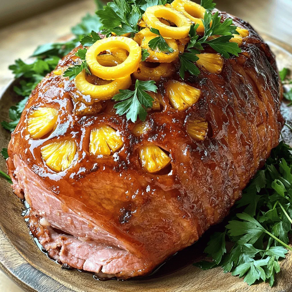 - Fully cooked bone-in ham - Pure maple syrup - Fresh pineapple juice - Brown sugar - Dijon mustard - Ground spices (cinnamon, ginger) - Pineapple rings - Fresh parsley In this recipe, the main ingredients shine bright. The fully cooked bone-in ham serves as the star of the show. You want one that weighs about 5 to 7 pounds. It will be juicy and tender. Next, we have pure maple syrup. This sweet syrup adds a rich flavor. It brings a lovely shine to the glaze. Fresh pineapple juice is also key. It gives the ham a bright and fruity note. You can add some optional ingredients for extra flavor. Brown sugar adds sweetness and depth. Dijon mustard brings a bit of tang. Ground cinnamon and ginger offer warm spices that enhance the blend. For garnishing, pineapple rings make a beautiful touch. They add color and flavor. Fresh parsley brightens the plate and looks great too. These simple ingredients come together to create a delightful feast. 1. Preheat your oven to 350°F (175°C) for roasting the ham. 2. Place the ham in a large roasting pan with the cut side down. This helps keep it moist. 3. In a medium saucepan, mix together: - 1 cup pure maple syrup - 1 cup fresh pineapple juice - 1/2 cup packed brown sugar - 1 tablespoon Dijon mustard - 1 teaspoon ground cinnamon - 1/2 teaspoon ground ginger Stir these over medium heat until the sugar dissolves. 4. Let the glaze simmer gently for about 5 minutes. This thickens it nicely. 5. Use a brush to coat half of the glaze on the ham. Get it into the crevices. 6. Cover the ham loosely with aluminum foil. Bake it in the oven for 1.5 to 2 hours. 7. Baste the ham with the remaining glaze every 30 minutes. This gives it a nice finish. 8. About 30 minutes before it’s done, take off the foil and add pineapple rings on top. 9. Bake uncovered until the ham reaches 140°F (60°C) and the glaze is bubbly and caramelized. 10. Once cooked, remove the ham from the oven and let it rest for 10-15 minutes. This helps keep it juicy. 11. Slice the ham and garnish it with fresh parsley and extra pineapple rings for a great look. - Optimal temperature and doneness: Cook your ham to an internal temperature of 140°F (60°C). This ensures it is warm and safe to eat. - Basting frequency for best results: Baste the ham every 30 minutes. This adds flavor and helps the glaze caramelize beautifully. - Arranging for a festive look: Place your ham on a large platter. Surround it with extra pineapple rings and bright parsley sprigs. This makes your dish look inviting and festive. - Use of garnishes for visual appeal: Add fresh parsley on top of the ham. This bright green adds color and freshness to your meal. - Additional spices to consider: Try adding a pinch of nutmeg or allspice to the glaze. These spices can bring a warm, cozy flavor. - Alternate glazing methods: You can mix in orange juice or apple cider for a twist. This gives a sweet and tangy taste that pairs well with ham. {{image_4}} You can use a boneless ham if you want less meat waste. Boneless ham cooks faster and is easy to slice. It absorbs the glaze well. If you prefer, you can also use pork loin or turkey. Both meats can take on the sweet maple flavor nicely. You can add fruit juices or zests to change the glaze. Try orange or lemon juice for a fresh twist. You can also play with different mustards. Spicy brown mustard can add a nice kick. Honey mustard gives a sweeter taste that pairs well with the maple. For gluten-free needs, ensure all ingredients are gluten-free. Many mustard brands offer gluten-free options. If you want a low-sugar ham, use sugar substitutes like monk fruit or stevia. These keep the sweet taste but lower the sugar content. To keep your leftover maple glazed ham fresh, store it right away. Wrap the ham tightly in plastic wrap or aluminum foil. Place it in an airtight container. This helps keep moisture in and air out. You can store it in the fridge for up to 5 days. Make sure to label it with the date, so you know when it’s best to eat. If you want to save your ham for later, freezing is a great option. Slice the ham before freezing. This makes it easier to thaw only what you need. Wrap each slice in plastic wrap and then in aluminum foil. You can also use freezer bags. Squeeze out all the air before sealing. Store it in the freezer for up to 3 months. When you’re ready to eat, thaw it in the fridge overnight or place it in cold water for faster thawing. Reheating your ham can be tricky, but I have some tips! The best way to maintain flavor is to use the oven. Preheat your oven to 325°F (160°C). Place the ham in a baking dish and cover it with foil. Heat it for about 10-15 minutes per pound. This keeps it moist and tasty. If you're in a hurry, you can use the microwave. Place slices on a microwave-safe plate and cover with a damp paper towel. Heat for 1-2 minutes, but check often to avoid drying it out. Enjoy your ham warm! - How long do I cook the ham per pound? Cook the ham for about 15 minutes per pound. This means a 5-pound ham needs around 1 hour and 15 minutes. Make sure to check the temperature at the end. - Can I use maple syrup instead of brown sugar? Yes, you can use maple syrup instead of brown sugar. Just adjust the amount of maple syrup in the glaze for sweetness. It will add a nice flavor! - What to serve with maple glazed ham? Maple glazed ham pairs well with roasted vegetables, mashed potatoes, or a fresh salad. These sides balance the sweet and savory notes of the ham. - Side dishes that pair well Consider dishes like green beans, sweet potato casserole, or cornbread. These will add variety and enhance your meal. - What’s the best temperature for cooked ham? The best internal temperature for cooked ham is 140°F (60°C). This ensures it is safe and tasty to eat. - How to tell if the ham is fully cooked? Use a meat thermometer to check the thickest part of the ham. If it reads 140°F, it is ready to serve! Always ensure your thermometer does not touch the bone for an accurate reading. This blog post covered how to prepare a delicious maple-glazed ham. We explored key ingredients like fully cooked ham, pure maple syrup, and fresh pineapple juice. You learned the step-by-step process, cooking tips, and how to present your dish beautifully. We also discussed variations, storage tips, and answered common questions to help you succeed. Enjoy making this dish for your next gathering, and remember, cooking brings joy.