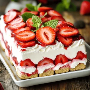 - 2 cups fresh strawberries, hulled and sliced - 3 tablespoons granulated sugar - 2 cups heavy whipping cream - 1 teaspoon vanilla extract - 1 tablespoon powdered sugar - 1 box (14 oz) of graham crackers - Fresh mint leaves for garnish (optional) Fresh strawberries are the star of this cake. Choose ripe, juicy ones for the best flavor. The granulated sugar helps to sweeten them and creates a syrup that adds depth. Heavy whipping cream is essential for the whipped topping. It gives the cake a rich, creamy texture. Vanilla extract adds warmth to the cream. The powdered sugar helps stabilize the whipped cream, making it light and fluffy. Graham crackers serve as the perfect base. Their crunchy texture balances the softness of the cream and strawberries. You can add fresh mint leaves on top for a pop of color. This optional garnish also gives a fresh taste. Each ingredient plays its part in making this dessert a true delight. First, take your fresh strawberries. Slice them and add them to a medium bowl. Sprinkle 3 tablespoons of granulated sugar over the strawberries. Gently stir, making sure the sugar coats each piece. Let the strawberries sit for about 15 to 20 minutes. This process is called maceration. It draws out the juices and makes the strawberries taste sweeter. The syrup that forms adds a lovely flavor to the cake. Next, grab a large bowl and pour in 2 cups of heavy whipping cream. Use a hand mixer or stand mixer. Beat the cream on medium speed until soft peaks form. This should take a couple of minutes. Once you see soft peaks, add in 1 teaspoon of vanilla extract and 1 tablespoon of powdered sugar. Keep whipping until stiff peaks form. Stiff peaks will hold their shape when you lift the beaters out. This whipped cream is key to your cake's texture. Now it’s time to build your cake. Take a box of graham crackers and dip each one into the syrup from the strawberries. Be quick; you want them moistened, but not soaked. Start placing the dipped graham crackers on a serving plate. This will be your cake's base. Spread a nice layer of whipped cream over the crackers, then top it with some macerated strawberries. Make sure to spread everything evenly. Continue layering: graham crackers, whipped cream, and strawberries. Do this until you reach your desired height. Finish with a layer of whipped cream on top. To finish, wrap your entire cake in plastic wrap. This keeps it fresh and stops it from soaking up fridge odors. Place it in the fridge for at least 4 hours. If you can, leave it overnight. Chilling allows the flavors to mix and helps the graham crackers soften. This makes every bite delicious and creamy. - For a pretty look, serve slices on individual plates. - Add a sprig of mint and extra strawberries for color. - Serve chilled for the best taste. - Try adding whipped topping or crushed nuts on top. - You can use blueberries or raspberries instead of strawberries. - Swap graham crackers for chocolate wafers for a twist. - If your whipped cream is runny, beat it longer until stiff peaks form. - For soggy graham crackers, dip them very quickly, just to moisten. - Ensure you chill the cake long enough for the layers to set. {{image_4}} You can change the strawberries in this cake to other fruits. Using raspberries or blueberries gives a nice twist. You can even mix different berries together. Seasonal fruits like peaches or cherries work great too. Just remember to adjust the sugar based on the fruit's sweetness. Adding citrus zest can brighten up the cake. A touch of lemon or orange zest adds a fresh taste. You can also layer in some chocolate. Use thin chocolate sheets or chips for a rich flavor. This makes the cake even more exciting. If you want a low-sugar option, use a sugar substitute. Stevia or monk fruit can work well. For a dairy-free version, swap heavy cream with coconut cream. This keeps the cake rich and creamy without dairy. Both options let you enjoy this treat guilt-free. After you make the cake, store it in the fridge. Wrap it tightly with plastic wrap. This keeps it fresh and stops it from absorbing other smells. The cake tastes best if you let it chill for at least four hours. If you can, let it sit overnight. This waiting time helps the flavors mix well. When you have leftovers, keep them in the fridge. The cake stays good for up to three days. Just make sure to cover it well. You can freeze this cake if you want to save some for later. To freeze it, cut the cake into slices first. Wrap each slice in plastic wrap. Then, put the wrapped slices in a freezer bag. This keeps them from getting freezer burn. The cake freezes well for up to two months. When you want to eat it, take a slice out of the freezer. Let it thaw in the fridge overnight for the best taste. This way, the texture stays nice and creamy. An icebox cake is a no-bake dessert. It layers cookies or crackers with cream and fruit. The chilling process allows the layers to meld. This cake is light, refreshing, and easy to make. The best part is it requires no baking. You just stack, chill, and serve! Strawberry Shortcake Icebox Cake can last about 3 to 5 days in the fridge. Store it in an airtight container. This keeps it fresh and prevents odors from mixing. If you notice any sogginess, it’s best to eat it sooner. Enjoy it while it tastes its best! Yes, you can make this cake ahead of time. In fact, it tastes better if it sits overnight. Just wrap it well in plastic wrap. This helps the flavors blend and the graham crackers soften. A day in the fridge makes it even yummier! You can use several substitutes for graham crackers. Some options are: - Vanilla wafers - Shortbread cookies - Digestive biscuits - OREO cookies (for a twist) Each choice adds its own flavor and texture. Experiment to find your favorite! Strawberry Shortcake Icebox Cake is a simple, tasty dessert. We covered each step: from preparing strawberries to making whipped cream. Assembling the layers creates a beautiful treat. Remember to chill it for the best flavor. You can customize it with various fruits or flavors. Don’t forget to follow storage tips for leftovers. Enjoy this delightful cake at your next gathering! It’s sure to impress everyone.
