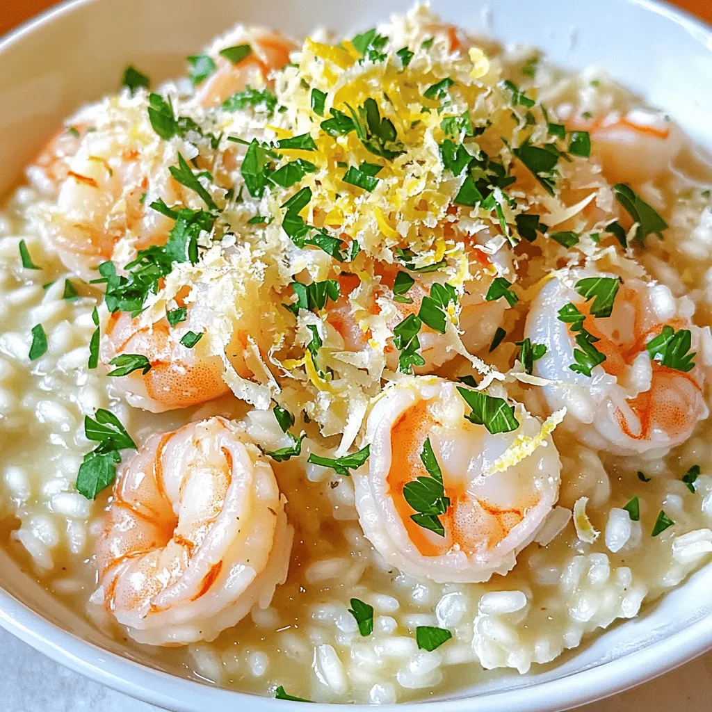 - 1 pound large shrimp, peeled and deveined - 1 cup Arborio rice - 4 cups chicken or vegetable broth To make Garlic Parmesan Shrimp Risotto, you need some key items. The shrimp adds a nice taste and protein. Arborio rice gives the dish its creamy texture. You can use chicken or vegetable broth, but make sure it’s warm as you cook. - 1 medium onion, finely chopped - 4 cloves garlic, minced - 1 cup freshly grated Parmesan cheese Onion adds sweetness, while garlic brings a strong flavor. Parmesan cheese melts in to create a rich taste. These ingredients combine well with shrimp for a delicious dish. - 2 tablespoons extra virgin olive oil - 2 tablespoons unsalted butter - Salt and freshly ground black pepper, to taste - Fresh parsley, chopped (for garnishing) - Zest of 1 lemon (for brightness) You will also need olive oil and butter for sautéing. Season with salt and pepper to enhance the flavors. Fresh parsley and lemon zest brighten the dish. They make it look and taste fresh. First, heat your chicken or vegetable broth in a medium saucepan. Keep it on low heat. This warm broth cooks the rice evenly. It makes a big difference in texture. In a large skillet, add olive oil and one tablespoon of butter over medium heat. Once hot, toss in the finely chopped onion. Cook it until it becomes soft and translucent, about three to four minutes. This step adds a nice flavor base. Next, stir in four minced garlic cloves. Cook just for one minute until fragrant. Be careful! Garlic can burn quickly. Now, it’s time to toast the Arborio rice. Add one cup of rice to the skillet with your aromatics. Stir it for about two to three minutes. This will help the rice get a nutty flavor. Then, start adding the warm broth. Use a ladle, adding about half a cup at a time. Stir the rice as you add broth, letting it soak up the liquid before adding more. Continue this for about fifteen to twenty minutes. The goal is to have creamy, al dente rice. While the risotto cooks, prepare the shrimp. In a separate pan, melt the last tablespoon of butter over medium heat. Add one pound of shrimp, seasoned lightly with salt and pepper. Cook for two to three minutes on each side until they turn pink. Once done, set them aside. When the risotto is creamy, stir in the cooked shrimp, one cup of freshly grated Parmesan cheese, and lemon zest. Mix everything together until the cheese melts. Taste it and adjust the salt and pepper if needed. Let the risotto sit for a few minutes before serving. This helps the flavors blend nicely. To make your risotto creamy, stir it often. This helps release starch from the rice. Use warm broth while cooking. If the broth is cold, it slows cooking. Add the broth slowly. Pour one ladle at a time and let the rice absorb it. This will take about 15 to 20 minutes. You want the rice to be soft but still have a little bite. Garlic can burn quickly. Cook it just until fragrant, about one minute. If it browns, the taste becomes bitter. Cook shrimp until they turn pink, about 2 to 3 minutes on each side. If you overcook them, they become tough. After cooking, don’t let the risotto sit too long. It can thicken and lose its creamy texture. Serve it right after mixing in the shrimp and cheese. Serve your risotto in shallow bowls. This shows off the shrimp nicely. Top it with extra Parmesan for a rich finish. Add a sprinkle of fresh parsley for color. A lemon wedge on the side not only brightens flavors but also adds a pop of color. Enjoy the beautiful dish you created! {{image_4}} You can swap shrimp for other seafood. Scallops are a great choice. They cook fast and add a sweet flavor. Crab meat offers a rich taste. You can fold it in gently at the end. Lobster also works well. It gives a touch of luxury to your dish. If you want a vegetarian risotto, try using mushrooms and green peas. Mushrooms add a hearty texture. They soak up flavors well. Green peas bring a pop of color and sweetness. Combine them into the risotto near the end of cooking. This keeps them bright and fresh. You can enhance flavors in many ways. Fresh herbs like basil or thyme add a nice touch. Try a pinch of red pepper flakes for heat. You can also add veggies like spinach or asparagus. They add flavor and nutrients. Mix in these extras as you stir the risotto. This way, they blend well with the creamy base. To keep your risotto fresh, cool it to room temp. Place it in an airtight container. This helps lock in moisture and flavor. Store it in the fridge for up to three days. If you want to keep it longer, freeze it. Use freezer-safe containers or bags. Make sure to remove as much air as you can. This way, it can last for about two months. When you reheat risotto, you want it creamy. Start by adding a splash of broth or water. This helps bring back the moisture. Heat it in a skillet over low heat. Stir often to prevent sticking. Cook until it’s warm all the way through. You can also use the microwave. Just cover it with a damp paper towel. Heat in short bursts, stirring in between. Garlic Parmesan shrimp risotto stays fresh for three days in the fridge. If stored in the freezer, it can last for two months. However, the texture may change after freezing. It might not be as creamy as when first made. Always check for any signs of spoilage before eating. If it smells off or has a strange color, throw it away. Yes, you can prepare risotto in advance. Make it as normal, then cool it quickly. Store it in an airtight container in the fridge for up to two days. When you are ready to eat, reheat it slowly. Add a splash of broth to keep it creamy. Stir often to avoid sticking. Arborio rice is the best choice for risotto. It has a high starch content. This starch makes the risotto creamy. Other rice types, like jasmine or basmati, do not work as well. They lack the same creaminess and texture. Stick to Arborio for great results. Shrimp are done when they turn pink and opaque. They should curl slightly but not be tight. Cook shrimp for 2-3 minutes on each side. Using a meat thermometer, the internal temperature should be 120°F. Perfectly cooked shrimp will be juicy and tender. This blog post covered all you need to make garlic parmesan shrimp risotto. We explored essential ingredients, step-by-step cooking, tips for creaminess, and variations for your taste. Remember, the key is in stirring and using warm broth. With the right techniques, you can enjoy a delicious meal any time. Try out different seafood or make it vegetarian to suit your taste. Finally, store your risotto well, and follow reheating tips to keep it creamy. Enjoy cooking your risotto!