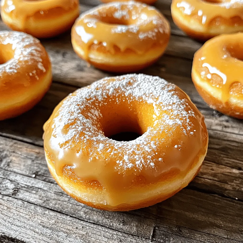 - 1 cup of pumpkin puree - 1 cup of self-rising flour - 1 tablespoon of pumpkin spice mix - A pinch of salt - Donut pan - Mixing bowl - Piping bag or zip-top bag In this recipe, you only need two main ingredients: pumpkin puree and self-rising flour. The pumpkin puree gives these donuts a rich flavor and moist texture. You can use canned pumpkin or make your own from fresh pumpkins. Self-rising flour is great because it already has baking powder and salt mixed in. This makes it easy for you to create fluffy donuts without extra steps. For extra flavor, consider adding pumpkin spice mix. This mixture usually contains cinnamon, nutmeg, and ginger. A pinch of salt can also enhance the taste. It helps balance the sweetness and brings out the flavors. You can adjust these optional ingredients based on your taste. You will need a few tools to make these donuts. A donut pan is essential for shaping them. A mixing bowl helps you combine the ingredients smoothly. To transfer the batter into the pan, a piping bag or a zip-top bag works well. Simply fill the bag with batter and pipe it into the pan. With these simple ingredients and tools, you are ready to bake delightful pumpkin donuts! - Set the oven to 350°F (175°C). - Grease the donut pan with cooking spray. Start with preheating your oven. This step is key for even baking. While it heats, grab your donut pan. Spray it well with cooking spray. This will help the donuts come out easily later. - Mix pumpkin puree and self-rising flour. - Optionally add pumpkin spice and salt. In a mixing bowl, combine the pumpkin puree and self-rising flour. Use a spatula or whisk to blend them well. The mixture should be smooth. If you want more flavor, add pumpkin spice and a pinch of salt. These extras make the donuts taste even better. - Transfer batter into the piping bag. - Fill donut pan cavities and bake for 10-12 minutes. To pipe the batter, use a piping bag. If you don’t have one, a zip-top bag works too. Just cut a small corner off. Fill the bag with the batter. Next, carefully pipe the batter into each cavity of the donut pan. Fill them about halfway. This allows space for them to rise. Place the pan in the preheated oven. Bake for 10-12 minutes. They are done when they spring back lightly when touched. Once baked, let them cool for about 5 minutes in the pan. Then, transfer them to a wire rack to cool completely. Enjoy the sweet aroma filling your kitchen! To get the right texture in your donuts, make sure your ingredients are at room temperature. Cold ingredients can cause the batter to clump. This affects how your donuts rise and feel. Another key tip is to avoid overmixing the batter. Mix just enough to combine the pumpkin puree and flour. Overmixing can lead to tough donuts. You can add an optional glaze for extra sweetness. Mix powdered sugar with a splash of milk for a quick glaze. Drizzle it over the cooled donuts. Dusting with powdered sugar also looks nice. For a fun presentation, place the donuts on a wooden board. Add some festive decorations around them. This gives a cozy autumn feel. If you don’t have a donut pan, you can use muffin tins. Just pour the batter into the muffin cups. This way, you still get delicious treats without the special pan. For piping the batter, if you lack a piping bag, a zip-top bag works well. Just snip off a small corner to pipe the batter easily. {{image_4}} You can easily boost the flavor of your pumpkin donuts. Adding chocolate chips or nuts gives them a fun twist. Just fold in about half a cup of your favorite mix-ins when you combine the pumpkin puree and self-rising flour. You can also swap pumpkin for other purees, like sweet potato. This change brings a different taste while keeping the texture the same. If you need gluten-free donuts, use alternative flours like almond or coconut flour. These options can work well with your pumpkin puree. For vegan donuts, just ensure your flour is plant-based. You can also skip the optional glaze or use plant-based milk for it. This way, you keep the recipe friendly for everyone. To make your donuts festive, try adding holiday spices like nutmeg or cinnamon. These spices enhance the autumn flavor and make your kitchen smell amazing. You can also get creative with themed decorations. Use colored icing for Halloween or sprinkle powdered sugar for winter holidays. Each season offers a chance to make these donuts special and fun! To keep your donuts fresh for a few days, store them in an airtight container. This helps prevent them from drying out. Place a paper towel inside the container. This towel will absorb any moisture. Keep the container at room temperature. Do not refrigerate, as this can make the donuts stale faster. You can freeze these donuts for later enjoyment. To do this, wait until they cool completely. Wrap each donut in plastic wrap. Then, place them in a freezer bag. This way, they stay fresh for up to three months. When you want to eat them, thaw them at room temperature. You can also reheat them in the oven at 350°F for about 5-7 minutes. This helps restore their soft texture. Fresh donuts have a soft and fluffy texture. They taste warm and full of flavor. Stored donuts may lose some of this softness. To refresh them, try warming them up in the microwave for a few seconds. You can also use the oven to heat them. This brings back a bit of the original taste and texture. Enjoy your pumpkin donuts either way! To make these donuts, start by preheating your oven to 350°F (175°C). Grease your donut pan well with cooking spray. In a large bowl, mix 1 cup of pumpkin puree with 1 cup of self-rising flour. Ensure the batter is smooth. You can add a tablespoon of pumpkin spice mix and a pinch of salt if you like extra flavor. Use a piping bag or a zip-top bag with a corner cut off to fill the donut pan halfway. Bake for 10 to 12 minutes. They are ready when they bounce back slightly when touched. Let them cool for five minutes in the pan, then move them to a wire rack. Yes, you can! To make gluten-free donuts, simply swap self-rising flour for a gluten-free flour mix. Look for blends that contain xanthan gum, as this helps with texture. Also, ensure your pumpkin puree is gluten-free. This way, you can enjoy the same delicious pumpkin flavor without gluten. Toppings can make your donuts even more fun! For a simple glaze, mix powdered sugar with a splash of milk until smooth. Drizzle it over your donuts after they cool. You can also dust them with powdered sugar or cinnamon sugar. For a crunchy touch, try adding chopped nuts or sprinkles on top. If your donuts turn out dense, it may be due to overmixing. Be sure to mix just until combined. Another tip is to check if your ingredients are fresh. Old baking powder or flour can lead to dense results. Finally, try adding a bit more pumpkin puree to lighten the batter. These pumpkin donuts are simple and fun to make. We covered all the key steps, from mixing ingredients to baking. Remember to keep your ingredients at room temp and don’t overmix for a light texture. You can add toppings or flavors to make them your own. Whether you're having a treat for breakfast or dessert, these donuts are a great choice. Enjoy making them fresh or stored for later! Happy baking!