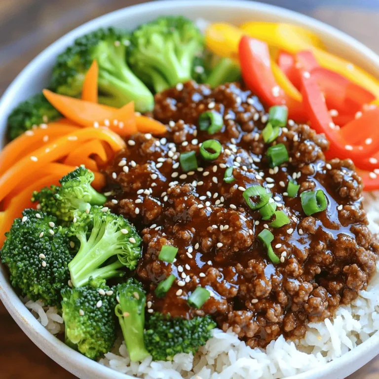 - 1 lb ground beef - 3 tablespoons soy sauce - 2 tablespoons brown sugar - 1 tablespoon gochujang (Korean chili paste) - 1 tablespoon sesame oil - 1 cup broccoli florets - 1 cup carrot, cut into thin julienne strips - 1 bell pepper, sliced into thin strips - 2 green onions, finely chopped - 2 cups jasmine rice, cooked and warm - Sesame seeds for garnish - Salt and black pepper to taste When making Spicy Korean Beef Bowls, the right ingredients are key. Start with 1 pound of ground beef. It gives a nice, rich flavor. For seasoning, soy sauce adds umami, while brown sugar balances the heat. Gochujang, the star of the dish, adds spice. Sesame oil brings a nutty aroma. For the veggies, fresh broccoli, carrots, and bell peppers keep it bright and crunchy. You can slice the bell pepper into thin strips and cut the carrots into julienne strips for a nice look. Add green onions for a fresh kick. Don’t forget the rice! Jasmine rice works best. It has a great texture and flavor. Cook it until warm for a perfect base. Finish with sesame seeds and season with salt and black pepper. These ingredients come together for a delicious meal that you can whip up in no time! Start by heating sesame oil in a large skillet over medium heat. When the oil shimmers, add minced garlic and grated ginger. Sauté these two for about 30 seconds. Stir constantly until they smell great and turn golden. Be careful not to burn them. Next, raise the heat to medium-high. Add the ground beef to the skillet. Use a spatula to break the beef into small pieces. Cook for about 5-7 minutes or until the meat is brown. Make sure there’s no pink left. If you see extra fat, drain it carefully from the pan. Now it's time to add more flavor. Mix in soy sauce, brown sugar, and gochujang. Stir everything well. You want the beef to be coated evenly. Cook this mixture for another 2-3 minutes. Stir occasionally until the sauce thickens a bit. While the beef cooks, prepare the vegetables. In another pot, bring water to a boil and place a steamer basket inside. Add broccoli florets, julienned carrot, and sliced bell pepper to the basket. Cover and steam for about 3-5 minutes. The veggies should be tender but still bright and crisp. For the fun part, assemble your bowls! In each serving bowl, place a scoop of warm jasmine rice. Top the rice with a generous spoonful of the spicy beef mixture. Then, arrange the steamed vegetables on top for a colorful look. Finally, sprinkle chopped green onions and sesame seeds over each bowl. This adds a nice crunch and fresh flavor. If you like, taste and adjust the seasoning with salt and black pepper to make it just right. To make your spicy Korean beef bowls shine, adjust the seasoning. After cooking, taste the beef mix. If it needs more flavor, add salt and black pepper. Remember, start with a little. You can always add more later. For a true Korean touch, use jasmine rice. This rice has a lovely aroma and a fluffy texture. It pairs well with the beef and veggies. Cook it just before serving to keep it warm and fresh. How you serve your dish matters. Use colorful bowls for a fun look. When adding the beef and veggies, arrange them nicely. Place the veggies in a circle on top of the beef. This makes your dish pop! For an extra zing, add lime wedges on the side. They add a fresh burst of flavor when squeezed over the bowl. {{image_4}} You can change the protein in this dish. Ground chicken or turkey works well. They absorb the flavors nicely. If you want a plant-based option, try crumbled tofu. It gives a similar texture. Just make sure to season the tofu well for great taste. Feel free to switch up the veggies! Seasonal vegetables can add fun flavors. You can use snap peas, zucchini, or even mushrooms. Each option gives a new twist to the meal. Just chop them up and steam them like the other veggies. Want to control the heat? Adjust the gochujang. For a milder dish, use less gochujang. If you like it hot, add more! You can even mix in some chili flakes or hot sauce for an extra kick. Taste as you go to find your perfect balance. To store your Spicy Korean Beef Bowls in the fridge, wait for them to cool. Place the beef and vegetables in an airtight container. Store the jasmine rice in a separate container to keep it fluffy. These bowls will stay fresh for about 3 to 4 days. If you want to save your Spicy Korean Beef Bowls for later, freezing is a great option. Allow the dish to cool fully before packaging. Use freezer-safe containers or heavy-duty freezer bags. Remove as much air as possible to avoid freezer burn. They will keep well in the freezer for up to 2 months. To reheat your Spicy Korean Beef Bowls, use a microwave or stovetop. If using the microwave, place the beef and vegetables in a bowl. Heat in short bursts, stirring in between, until hot. For stovetop, place everything in a skillet over low heat. Stir until warmed through. If the rice seems dry, add a splash of water. Enjoy your meal just like it was fresh! To make Spicy Korean Beef Bowls, start by sautéing garlic and ginger in sesame oil. Then, brown ground beef in the pan. After that, mix in soy sauce, brown sugar, and gochujang. Cook until the sauce thickens. Steam broccoli, carrots, and bell peppers. Finally, serve the beef over jasmine rice and top with the vegetables. Garnish with green onions and sesame seeds for flair. Yes, you can swap the ground beef for ground chicken, turkey, or even tofu. Each option brings its own flavor and texture. Just remember to adjust the cooking time based on what you choose. Ground meats cook quickly, while tofu needs a bit more time to get crispy. You can serve these bowls with a side of kimchi for a classic touch. A simple cucumber salad also pairs well. If you want more carbs, add some crispy fried potatoes or a light egg roll for crunch. Each of these sides enhances the overall meal experience. Leftovers can last up to three days in the fridge. Store them in an airtight container to keep them fresh. Just remember to reheat them thoroughly before eating again. The flavors will blend even more, making your meal even tastier! Gochujang is a spicy Korean chili paste made from fermented soybeans, red chili powder, and salt. It adds a unique flavor and heat to dishes. If you don’t have it, you can use sriracha or another chili paste, but the taste will change slightly. Adjust the amount based on your spice preference. Spicy Korean Beef Bowls combine rich flavors and fresh veggies. The ground beef, soy sauce, and gochujang create a tasty dish. Taste your meal as you cook to get it just right. Feel free to switch up the protein or veggies based on what you like. Store leftovers properly for future meals. Enjoy your spicy feast, and don’t hesitate to experiment with new flavors!