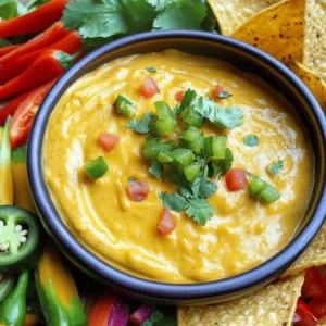 - 1 cup raw cashews - 1/2 cup nutritional yeast - 1/2 cup water - 1 tablespoon fresh lemon juice - 1 teaspoon garlic powder - 1 teaspoon onion powder - 1 teaspoon smoked paprika - 1/2 teaspoon ground cumin - 1/2 teaspoon cayenne pepper (optional) - Salt, to taste - 1 diced jalapeño - 1 medium tomato, diced - 1/4 cup fresh cilantro, chopped To make Vegan Cashew Queso Dip, you need simple and healthy ingredients. Raw cashews form the base of this creamy dip. Soaking them softens the nuts, which makes blending easy. Nutritional yeast gives a cheesy flavor, while water helps adjust the dip's thickness. Fresh lemon juice adds brightness, and garlic powder and onion powder bring depth. Smoked paprika infuses a warm, smoky note, while cumin adds earthiness. For heat, add cayenne pepper based on your taste. Jalapeños and tomatoes add fresh crunch. Finally, cilantro gives a burst of color and flavor. Each ingredient plays a role in making this dip both tasty and healthy. If you need alternatives for cashews, try soaked sunflower seeds or tahini. They can mimic the creamy texture. Instead of nutritional yeast, some use vegan cheese. For spices, swap smoked paprika with regular paprika or chili powder. Adjust flavors based on what you like or have on hand. Your dip will still be tasty! Start by soaking 1 cup of raw cashews for at least 4 hours. This softens the nuts and makes them blend easier. After soaking, drain the cashews and rinse them under cold water. This removes any extra starch and gives your dip a clean taste. Next, place the drained cashews in a high-speed blender. Add in the following ingredients in this order: - 1/2 cup nutritional yeast - 1/2 cup water (adjust to your liking) - 1 tablespoon fresh lemon juice - 1 teaspoon garlic powder - 1 teaspoon onion powder - 1 teaspoon smoked paprika - 1/2 teaspoon ground cumin - 1/2 teaspoon cayenne pepper (if you want it spicy) - A pinch of salt Blend on high speed until the mixture becomes very smooth and creamy. Stop the blender to scrape down the sides as needed. If your dip is too thick, add more water a little at a time until you reach your desired consistency. After blending, transfer the creamy queso to a medium mixing bowl. Gently fold in the diced jalapeño and tomato for added flavor and texture. Taste your dip and adjust the salt or lemon juice to make it just right for you. For the best flavor, cover the dip and chill it in the fridge for at least 30 minutes. This allows all the flavors to mix well. After chilling, serve your queso dip with crispy tortilla chips or fresh veggie sticks. Enjoy! - Choosing the right blender: I prefer a high-speed blender. It makes the dip smooth and creamy. A regular blender may not blend cashews well. If you have a food processor, it can work too, but may take longer. - Scraping down sides for a smooth texture: During blending, stop and scrape down the sides. This ensures everything mixes well. A smooth dip is the goal, so take your time. - Pairing with tortilla chips: This dip shines with crispy tortilla chips. The crunch enhances the creamy texture. You can serve it in a bowl for easy dipping. - Using as a taco topping: Drizzle the dip over tacos for extra flavor. It adds a rich, creamy layer that pairs well with fresh ingredients. - Suggestions for serving with vegetables: Cut veggies like carrots, cucumbers, and bell peppers. They make a great dip option. It's a healthy choice that adds color and crunch. - Suggested spices and herbs: Feel free to add spices like chili powder or oregano. They can elevate the flavor. Fresh herbs like cilantro can also brighten the dip. - Tips for adjusting heat level: To make it spicier, add more cayenne or jalapeños. For a milder dip, leave out the seeds. Start small, and taste as you go. Adjust to your preference for the perfect heat. {{image_4}} To make your queso extra spicy, add more jalapeños. You can use diced jalapeños for heat or keep them whole for a milder touch. Want to mix things up? Try adding spices like cayenne or chili powder. These spices boost the flavor and kick up the heat. Adjust the amounts to suit your taste. For a smoky twist, add a few drops of liquid smoke to your dip. This gives it a rich, campfire-like flavor. You can also toss in roasted vegetables, like bell peppers or corn. Roasting adds depth to the dip and enhances its taste. Blend them in for a unique, hearty version. To amp up the cheesy flavor, try using miso paste. It brings a savory, umami taste that makes your dip even better. Experiment with different flavors of nutritional yeast. Some have a nutty or cheesy taste that can change the dip's profile. Use these tips to make your vegan queso truly your own! Store your vegan cashew queso dip in an airtight container. This keeps it fresh and tasty. Make sure the lid is tight. It helps block air and moisture. Place the container in the fridge for best results. You can keep the dip in the fridge for about 4 to 5 days. After this, the flavor can change. Look for signs of spoilage. If you see any mold or off smells, throw it away. When you reheat the queso, use a gentle method. A microwave works well, but stir every 30 seconds. This keeps it creamy. You can also heat it on the stove. Stir it often to avoid separation. If it gets too thick, add a little water to smooth it out. Yes, you can make this dip ahead of time. To prepare it in advance, follow these steps: - Soak the cashews: Soak them for at least four hours before blending. - Blend and chill: Prepare the dip as directed. Cover it and chill for at least 30 minutes. - Flavor boost: Making it a day ahead can enhance the flavors. Yes, Vegan Cashew Queso is healthy. Here are some nutritional benefits of its main ingredients: - Cashews: Rich in healthy fats, protein, and minerals like magnesium. - Nutritional yeast: Packed with B vitamins and adds a cheesy flavor. - Tomatoes: High in vitamins C and K, plus antioxidants. - Jalapeños: Provide vitamin C and may boost metabolism. Yes, you can freeze this dip. Here are best practices for freezing and thawing: - Freeze in an airtight container: This helps prevent freezer burn. - Thaw in the fridge: Let it sit in the fridge overnight. - Reblend if needed: After thawing, reblend to restore creaminess. This dip is fun to make and enjoy at any time! Making Vegan Cashew Queso at home is easy and fun. We covered the key ingredients and how to blend them. I shared tips on flavor enhancements and serving ideas. Experiment with variations to find your perfect dip. Remember to store it right for freshness. Enjoy this dip with your favorite snacks, or use it as a taco topping. With practice, you’ll impress everyone with your culinary skills. Dive into this delicious recipe and make it your own!