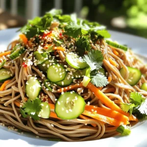 - soba noodles - sesame oil - soy sauce (or tamari for gluten-free) - fresh ginger - honey or maple syrup - rice vinegar - julienned carrot - julienned cucumber - sliced green onions - toasted sesame seeds - fresh cilantro leaves - chili flakes (optional) To make sesame ginger soba noodles, gather these ingredients. Soba noodles are the base of your dish. You can find them in most grocery stores. Sesame oil gives a nice nutty flavor. Choose soy sauce for saltiness; tamari works for gluten-free. Fresh ginger adds zest and warmth. Honey or maple syrup balances the flavors with sweetness. Rice vinegar brings a bit of tang. Add julienned carrot and cucumber for crunch. Sliced green onions add a fresh bite. Toasted sesame seeds give a delightful crunch. Fresh cilantro leaves add brightness. If you like heat, sprinkle chili flakes for a kick. Each ingredient plays a role in creating a well-rounded dish. Enjoy the mix of flavors and textures! To start, fill a large pot with salted water. Bring the water to a boil. Once boiling, add 200g of soba noodles. Cook them for 4-5 minutes. They should be tender but still a bit firm. After cooking, drain the noodles. Rinse them under cold water right away. This stops the cooking and keeps them from sticking together. Set the cooled noodles aside. Next, grab a big mixing bowl. In it, combine 2 tablespoons of sesame oil, 3 tablespoons of soy sauce (or tamari if you need it gluten-free), and 1 tablespoon of freshly grated ginger. Add 2 tablespoons of honey or maple syrup if you want a vegan option. Don’t forget to include 1 tablespoon of rice vinegar. Whisk all these ingredients together until you have a smooth sauce. Now, take the cooled soba noodles and add them to the bowl with your sauce. Use tongs or two forks to gently toss the noodles. Make sure every noodle gets coated in that delicious sauce. This step is key for flavor! After the noodles are coated, it’s time to add some fresh veggies. Fold in 1 julienned carrot, 1 julienned cucumber, and 4 sliced green onions. Toss everything gently until the vegetables are mixed well with the noodles. This adds crunch and freshness to your dish. You can serve the sesame ginger soba noodles in a lovely bowl or on a platter. Top them with 1 tablespoon of lightly toasted sesame seeds. Don’t forget to add some fresh cilantro leaves for a pop of color. If you like spice, sprinkle some chili flakes on top for an extra kick! To cook soba noodles just right, start with a big pot of salted water. Bring it to a fast boil. Add the soba noodles and cook for 4 to 5 minutes. You want them tender but still slightly firm. This is called al dente. After cooking, drain the noodles quickly. Rinse them under cold water. This stops the cooking and keeps them from sticking together. Fresh ingredients make a big difference in taste. Grate fresh ginger for a bright, spicy kick. Use fresh veggies like cucumber and carrot. They add crunch and color. Green onions bring a mild onion taste. Always choose the freshest produce you can find. This will enhance the flavors and make your dish pop. Garnishes elevate your dish visually and taste-wise. Lightly toasted sesame seeds add a nutty flavor. Fresh cilantro adds a burst of freshness. If you like heat, sprinkle chili flakes on top for an extra kick. These simple touches make your sesame ginger soba noodles look and taste amazing. {{image_4}} You can easily make this dish vegetarian or vegan. Simply use maple syrup instead of honey. Also, you can skip the soy sauce if you want a lighter flavor. Add more veggies like bell peppers or snap peas for a fresh touch. For a gluten-free option, choose tamari instead of soy sauce. Tamari tastes similar but has no wheat. Always check the noodle package. Some brands offer gluten-free soba noodles made from buckwheat. If you want more protein, add tofu or chicken. For tofu, press it to remove water, then cube and sauté it until golden. For chicken, grill or pan-fry it and slice it thin. Adding protein makes this dish more filling and satisfying. To keep your sesame ginger soba noodles fresh, place them in an airtight container. Store the noodles in the fridge. They can stay good for up to three days. If you added veggies, try to eat them sooner. When you want to enjoy your leftovers, remove them from the fridge. You can reheat them in a microwave or on the stove. If using a microwave, heat for one to two minutes. Stir halfway through to ensure even heating. On the stove, add a splash of water or oil in a pan over medium heat. Stir until warm, about three to five minutes. If you want to save your noodles for later, you can freeze them. Place the cooled noodles in a freezer-safe bag or container. Make sure to remove as much air as possible. They can last for up to two months in the freezer. To thaw, move the container to the fridge overnight. You can also run the frozen noodles under warm water to speed up thawing. After thawing, follow the reheating instructions to enjoy! Soba noodles are thin noodles made from buckwheat flour. They have a nutty flavor. You can find them in most grocery stores. Soba noodles are often used in Japanese cuisine. They can be served hot or cold. Yes, you can make sesame ginger soba noodles ahead of time. Cook the noodles and let them cool. Mix the sauce and store it separately. Combine them when you're ready to eat. This dish tastes great chilled or at room temperature. If you don’t have sesame oil, try using olive oil. Peanut oil works too but has a different taste. For a nut-free option, use canola oil. Each substitute will change the flavor slightly. Sesame ginger soba noodles are not very spicy. The ginger adds warmth, but it's mild. If you want more heat, add chili flakes. You control how spicy you like your dish. Yes, soba noodles are healthy. They are high in protein and fiber. They also contain essential nutrients like manganese and thiamine. Plus, they are lower in calories than many other noodles. Enjoy them as part of a balanced diet! This blog post explored delicious sesame ginger soba noodles. We covered key ingredients, easy steps, and useful tips. You learned how to enhance the flavor with fresh veggies and possible variations. Remember, storing leftovers properly helps keep your meal fresh. This dish is not only tasty but also offers quick meal options. Enjoying it can make any meal special and satisfying. Try making these noodles to discover a new favorite in your kitchen!