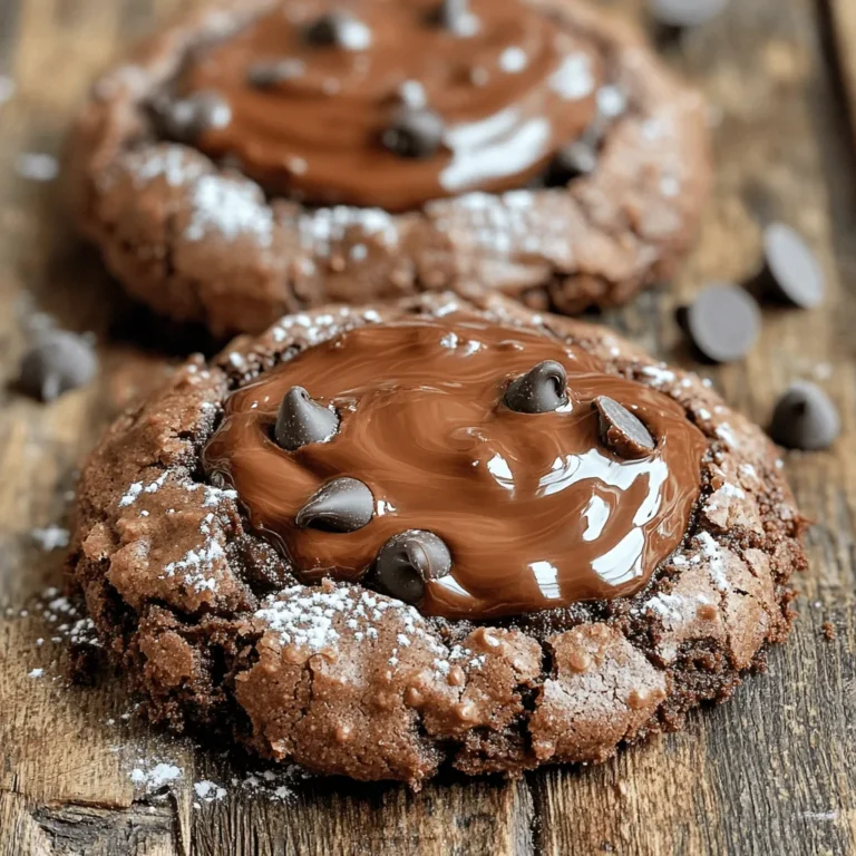 - 1 cup unsalted butter (softened) - 1 cup granulated sugar - 1 cup packed brown sugar - 2 large eggs - 1 teaspoon pure vanilla extract - 1 ¾ cups all-purpose flour - ½ cup unsweetened cocoa powder - ½ teaspoon baking soda - ½ teaspoon salt - 1 cup semi-sweet chocolate chips - ½ cup Nutella Why Room Temperature Matters Using room temperature ingredients makes mixing easier. It helps butter and sugar blend well. Cold butter does not mix smoothly, which can affect the texture. Measuring Tips For dry ingredients, use a spoon to fill the measuring cup. Level it off with a knife. For wet ingredients, use a liquid measuring cup. This gives you the right amount. High-Altitude Adjustments If you bake at high altitude, you may need to change the recipe. Use less sugar and add more liquid. This helps the cookies rise better and stay moist. First, you need to preheat your oven to 350°F (175°C). This temperature is key for baking the cookies evenly. While the oven heats, line your baking sheet with parchment paper. This step prevents the cookies from sticking and makes cleanup easy. In a large bowl, combine 1 cup of softened unsalted butter, 1 cup of granulated sugar, and 1 cup of packed brown sugar. Use an electric mixer to beat these together on medium speed for about 2-3 minutes. You want the mixture to look light and fluffy. Next, add 2 large eggs, one at a time. Mix well after each egg. Finally, stir in 1 teaspoon of pure vanilla extract until it’s fully blended. In another bowl, whisk together 1¾ cups of all-purpose flour, ½ cup of unsweetened cocoa powder, ½ teaspoon of baking soda, and ½ teaspoon of salt. Make sure everything is well mixed. Gradually add this dry mixture to your wet ingredients. Stir gently until you see no more dry flour. This helps keep your cookies soft and chewy. Now, it’s time to chill the dough. Cover the bowl with plastic wrap and place it in the fridge for about 30 minutes. This step helps the cookies hold their shape. While waiting, scoop ½ cup of Nutella into a small bowl for easy filling. Once the dough is chilled, take it out. Use a cookie scoop or a spoon to portion out the dough. Flatten the dough slightly in your palm. Place about 1 teaspoon of Nutella in the center and wrap the dough around it. Form it into a ball. Be sure to leave about 2 inches of space between each cookie ball on the baking sheet. This lets them spread without sticking together. Place the baking sheet in your preheated oven. Bake the cookies for 10-12 minutes, or until the edges are set but the centers are still soft. Remember, they will firm up as they cool. After baking, let the cookies sit on the sheet for 5 minutes. Then, transfer them to a wire rack to cool completely. Enjoy the rich and decadent treat! To make your Nutella stuffed brownie cookies even better, consider adding chocolate or nuts. You can mix in: - ½ cup chopped walnuts or pecans for crunch - An extra ½ cup of semi-sweet chocolate chips for richer flavor These additions can enhance the cookie's taste and texture. Chilling the dough properly is also key. When you chill the dough for about 30 minutes, it helps the cookies hold their shape while baking. This step prevents them from spreading too much and keeps the Nutella filling nice and gooey. For a stunning presentation, drizzle melted chocolate over the warm cookies. This adds a beautiful touch and extra chocolate flavor. You can also dust them with powdered sugar for a sweet finish. Pair these cookies with a scoop of creamy vanilla ice cream or a glass of cold milk. The warm cookie and cold ice cream create a delightful contrast, making each bite unforgettable. One common mistake is overmixing or under-mixing the dough. Overmixing can make the cookies tough, while under-mixing can leave dry flour pockets. Mix just until you don’t see any dry ingredients. Don’t skip the chilling time. If you bake the dough right away, the cookies may spread too much and lose their shape. Always chill the dough for the best results. {{image_4}} You can try other nut or seed spreads if you want a twist. Almond butter, peanut butter, or sunflower seed butter work well. Each spread adds its own flavor. You can also make your own Nutella! Blend hazelnuts, cocoa powder, and sweetener for a tasty homemade version. Want to change up the taste? Add flavors like peppermint or orange zest to the cookie dough. Just a little goes a long way. You can also add spices like cinnamon for warmth. These small changes can make your cookies exciting and new. If you need gluten-free cookies, swap all-purpose flour for almond or coconut flour. Both work nicely and keep the cookies tasty. For a vegan option, use flax eggs instead of regular eggs. You can also use vegan butter in place of regular butter. These swaps help everyone enjoy Nutella stuffed brownie cookies! To keep your Nutella stuffed brownie cookies fresh for a week, follow these tips: - Use Airtight Containers: Store cookies in an airtight container. This keeps moisture out and keeps cookies soft. - Layer with Parchment Paper: If stacking, place parchment paper between layers. This prevents sticking and preserves shape. - Room Temperature: Keep cookies at room temperature. Don’t refrigerate them, as cold air can dry them out. For longer storage, consider these methods: - Freezing Cookie Dough: You can freeze the cookie dough before baking. Scoop the dough balls, then freeze them on a baking sheet. Once frozen, transfer to a freezer bag. This way, you can bake fresh cookies anytime! - Freezing Baked Cookies: You can also freeze baked cookies. Make sure they are completely cool before freezing. Place them in a single layer in a freezer-safe container. - Thawing Methods: To thaw frozen cookie dough, place it in the fridge overnight. For baked cookies, just leave them at room temperature for about 30 minutes. This keeps them soft and tasty. To make these cookies, follow these steps: 1. Preheat your oven to 350°F (175°C) and line a baking sheet. 2. In a bowl, cream together 1 cup of softened butter, 1 cup of granulated sugar, and 1 cup of brown sugar until fluffy. 3. Add 2 eggs and 1 teaspoon of vanilla extract, mixing well. 4. In another bowl, combine 1 ¾ cups of flour, ½ cup of cocoa powder, ½ teaspoon of baking soda, and ½ teaspoon of salt. 5. Gradually mix your dry ingredients with the wet mixture until combined. 6. Fold in 1 cup of chocolate chips. 7. Chill your dough in the fridge for 30 minutes. 8. Scoop Nutella into a bowl and prepare to fill your cookies. 9. Portion and flatten dough, add Nutella, and wrap the dough around it. 10. Bake for 10-12 minutes, then cool on a wire rack. Yes, you can use different fillings! Try peanut butter, caramel, or even fruit preserves. Each filling changes the taste. Peanut butter gives a nutty flavor, while caramel adds sweetness. These swaps can make the cookies fun and new. These cookies stay fresh for about a week. Store them in an airtight container at room temperature. If you want them to last longer, freeze them. They can stay frozen for up to three months! If your dough is too sticky, add a bit more flour. Start with 1 tablespoon at a time. Mix well after each addition until the dough is easy to handle. You can also chill it longer to make it firmer. You can easily double the recipe! Just make sure you have enough space on your baking sheets. Baking times may stay the same, but check for doneness as ovens can vary. Enjoy making more cookies to share! You now know how to make delicious Nutella Stuffed Brownie Cookies. We covered the key ingredients, measuring tips, and step-by-step instructions. Remember to chill your dough for the best texture and avoid common mistakes like overmixing. You have many options for variations and storage methods, too. These cookies are perfect for sharing or enjoying with milk. Experiment and make them your own. Baking can be fun and rewarding, so dive in and enjoy every bite!
