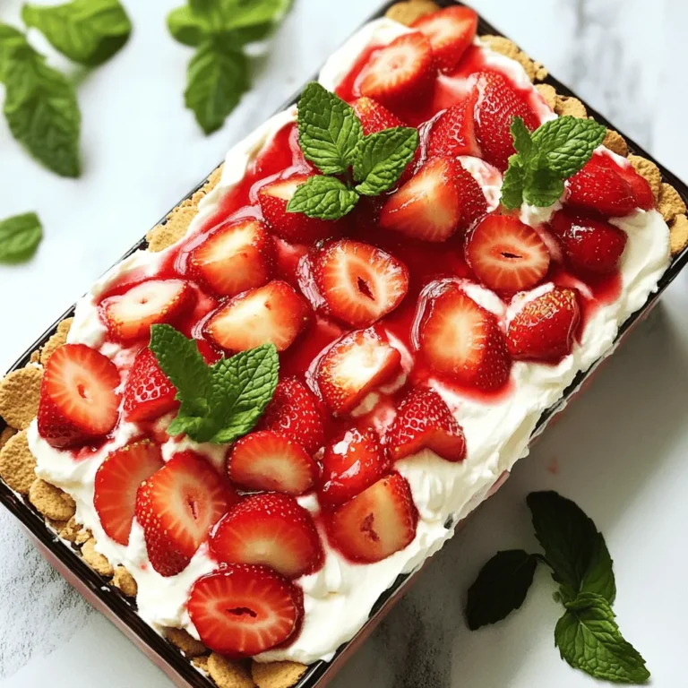 - 16 ounces cream cheese, softened - 1 cup powdered sugar - 1 teaspoon pure vanilla extract - 2 cups heavy whipping cream - 1 cup fresh strawberries, hulled and sliced - 1 box graham crackers (approximately 14 ounces) - 2 cups strawberry puree made from fresh strawberries - Fresh mint leaves for garnish When you gather ingredients for your Strawberry Cheesecake Icebox Cake, choose the best quality. Fresh strawberries add bright flavor. The cream cheese should be soft to mix well. Using powdered sugar gives a smooth texture. Pure vanilla extract adds a warm depth to the cake. Heavy whipping cream gives it that light and airy feel. The graham crackers form a sturdy base and add a nice crunch. Strawberry puree will boost the berry flavor. You can blend fresh strawberries until smooth for this. Finally, fresh mint leaves make a lovely garnish. They add a pop of color and a refreshing taste. When you have these ingredients ready, you can start your delicious journey. Each component plays a vital role in making this icebox cake a true treat. Enjoy the process as much as the final result! 1. Start with cream cheese. Beat it until smooth in a large bowl. 2. Next, mix in the powdered sugar and the vanilla extract. Blend until creamy. 3. In another bowl, whip the heavy cream to stiff peaks. Then, fold it into the cream cheese mixture. 1. Pour a small amount of strawberry puree into your baking dish. Spread it out evenly. 2. Lay down a single layer of graham crackers over the puree. Break them if needed to fit. 3. Spoon half of the cheesecake mixture over the graham crackers. Spread it out evenly. 4. Add a layer of sliced strawberries on top. Make sure they are spread evenly. 5. Drizzle more strawberry puree over the strawberries. This keeps them moist and flavorful. 6. Repeat the layering: add another layer of graham crackers, then the rest of the cheesecake mixture, sliced strawberries, and more strawberry puree. 1. Add one last layer of graham crackers to finish. Spread any leftover cheesecake mixture on top. 2. Cover the dish to seal it well. Chill in the refrigerator for at least 4 hours. For best results, chill it overnight. 3. After chilling, slice the cake into squares. Serve cold with fresh mint leaves and extra strawberries if you wish. To get your cheesecake icebox cake just right, start with cream cheese at room temperature. Cold cream cheese can lead to lumps. Mix it until it’s smooth and creamy. Next, when you whip the heavy cream, stop once you see stiff peaks. This step is key for a light texture. When you fold the whipped cream into the cream cheese mixture, be gentle. A light touch keeps the whipped cream airy, which helps the cake stay fluffy. Your cake will look great with a few simple touches. First, garnish each slice with fresh mint leaves. This adds a nice pop of color. You can also drizzle extra strawberry puree on top right before serving. This not only looks lovely but gives a boost of strawberry flavor. Consider placing a few sliced strawberries around the cake for added charm. Many people make a couple of common mistakes. Overmixing the whipped cream is one. This can turn your light mixture into a dense one. Always mix just until you see those stiff peaks. Another mistake is not chilling the cake long enough. For the best flavor and texture, chill it for at least four hours. If you can, chill it overnight. This allows the layers to meld, making each bite even more delicious. {{image_4}} You can change the flavor of your cheesecake easily. Add lemon or orange zest for a fresh, citrus taste. The zest brings brightness and pairs well with strawberries. You can also mix in chocolate or crushed cookies. These add a rich twist that many people enjoy. Try adding crushed Oreos for a cookies and cream vibe! Each flavor brings a fun new twist to the classic recipe. Don't feel stuck with just strawberries! You can swap them for raspberries or blueberries. This gives you a mixed berry delight. If you want a tropical feel, try using mango or pineapple instead. These fruits add a sweet and juicy taste that brightens each bite. Mix and match fruits to find your favorite combo. If you need a gluten-free option, you can still enjoy this cake. Use gluten-free graham crackers for the base. There are many brands available that taste great. You can also make a crust from ground nuts. Almonds or pecans work well for this. Simply process the nuts with a little butter until they form a crumbly mixture. This adds a nice crunch and flavor while keeping it gluten-free. To keep your strawberry cheesecake icebox cake fresh, store it in an airtight container in the refrigerator. This helps keep it moist and flavorful. Make sure to cover the cake well to avoid any strong fridge odors. Can you freeze strawberry cheesecake icebox cake? Yes, you can freeze this cake. However, freezing may change the texture slightly. How to thaw and serve after freezing. To enjoy your frozen cake, move it to the fridge for several hours or overnight to thaw. Once defrosted, slice and serve. You can add fresh strawberries on top for a pop of color. How long does it last in the fridge? The cake lasts about 3 to 4 days in the fridge. After that, the flavors may fade, and the texture may change. Signs that the cake has gone bad. If you notice any off smells, mold, or a slimy texture, it’s best to discard the cake. Always trust your senses to ensure you enjoy it at its best! Strawberry Cheesecake Icebox Cake is a no-bake dessert that layers graham crackers, cheesecake filling, and fresh strawberries. Unlike traditional cheesecake, it does not require baking. The cream cheese mixture gets fluffy and light, thanks to whipped cream. This cake is chilled to set, creating a creamy texture that melts in your mouth. Yes! You can make this dessert ahead of time. I recommend chilling it for at least 4 hours. For best results, let it sit overnight. This extra time helps the flavors blend well, creating a tastier treat. If you want to swap ingredients, you can use Greek yogurt instead of cream cheese for a lighter version. For a dairy-free option, try coconut cream instead of heavy cream. Both substitutions can give you a unique twist on the classic recipe. To avoid a soggy cake, use a thin layer of strawberry puree at the bottom. Also, be sure to layer the graham crackers quickly. This helps them absorb less moisture. Lastly, chill the cake properly to allow the layers to firm up, keeping it from becoming too wet. This blog post covered how to make a delicious strawberry cheesecake icebox cake. We detailed the key ingredients, step-by-step preparation, and tips for perfect texture and presentation. I shared ideas for fun variations and how to store your cake. Remember, freezing can extend its life, but always check for signs of spoilage. Try different fruits or flavors to customize your creation. Enjoy this no-bake treat that’s sure to impress!