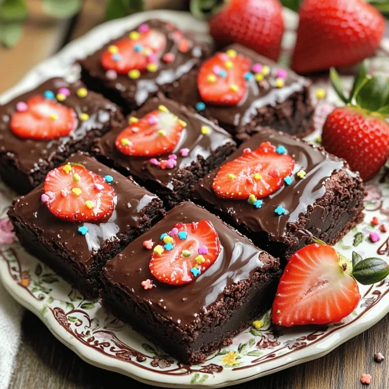 To make chocolate covered strawberry brownies, you'll need simple yet delightful ingredients. This recipe combines rich chocolate flavors with fresh strawberries, creating a treat perfect for any occasion. - 1 cup unsalted butter (2 sticks) - 2 cups granulated sugar - 4 large eggs - 1 teaspoon vanilla extract - 1 cup all-purpose flour - 1 cup cocoa powder - 1/2 teaspoon baking powder - 1/4 teaspoon salt - 1 cup fresh strawberries, hulled and sliced - 1 cup semi-sweet chocolate chips - 1 cup additional strawberries (for topping) - 1/2 cup heavy cream (for ganache) - Sprinkles (optional, for decoration) These ingredients blend together to create a fudgy brownie base with a sweet strawberry finish. You can switch up some of the ingredients for variety. Here are a few ideas: - Use coconut oil instead of butter for a dairy-free option. - Try brown sugar for added moisture and a deeper flavor. - Swap semi-sweet chocolate chips with dark or milk chocolate for a different taste. - Use chopped nuts for an extra crunch, if you like. Feel free to mix and match these options. Enjoy the creative process! Start by preheating your oven to 350°F (175°C). Grab a 9x13 inch baking pan, grease it well, and line it with parchment paper. This makes it easy to lift out the brownies later. In a medium saucepan, melt 1 cup of unsalted butter over low heat. Stir it now and then until it's fully melted. Remove it from heat and let it cool a bit. Next, mix in 2 cups of granulated sugar until it’s smooth. Add 4 large eggs one by one, mixing well each time. Then, stir in 1 teaspoon of vanilla extract for flavor. In a separate bowl, sift together 1 cup of all-purpose flour, 1 cup of cocoa powder, 1/2 teaspoon of baking powder, and 1/4 teaspoon of salt. This helps keep the brownies light. Slowly mix the dry ingredients into the wet mixture. Be gentle, so you don’t overmix. Now, fold in 1 cup of hulled and sliced strawberries. This adds a fresh, fruity flavor. Finally, pour the batter into your prepared pan and spread it evenly. It’s time to bake! Place the pan in your preheated oven and bake for 25-30 minutes. To check if they’re done, insert a toothpick into the middle. If it comes out with a few moist crumbs, they are ready. Once baked, take the brownies out and let them cool in the pan for about 10 minutes. Use the parchment paper to lift them out and set them on a wire rack to cool completely. While the brownies cool, let’s make the chocolate ganache. In a small saucepan, heat 1/2 cup of heavy cream over medium heat until it simmers gently. Remove it from the heat and whisk in 1 cup of semi-sweet chocolate chips. Keep stirring until it’s smooth and glossy. Pour this velvety ganache over the cooled brownies. Use a spatula to spread it evenly. For a lovely finish, top with 1 cup of additional sliced strawberries and optional sprinkles for a pop of color. Let the ganache set for at least 30 minutes before cutting the brownies into squares. To get the best brownie texture, follow these key steps: - Use room temperature ingredients. This helps the batter mix smoothly. - Don’t overmix the batter. Mix just until combined for soft brownies. - Check doneness with a toothpick. It should have a few moist crumbs, not wet batter. By focusing on these steps, you’ll create brownies that are fudgy, rich, and full of flavor. Decorating your brownies is fun and adds a special touch. Here’s how to do it: - Slice fresh strawberries. Place them on the ganache while it’s still wet. - Arrange the strawberries in a pattern. This makes your brownies look lovely. - Add sprinkles for color. Use different colors to match any occasion. These simple decoration tips will make your brownies eye-catching and delicious. Here are some common mistakes to steer clear of: - Forgetting to preheat the oven. This can lead to uneven baking. - Using cold ingredients. This affects how well they mix together. - Overbaking the brownies. Keep an eye on the time to keep them soft. Avoiding these pitfalls will help you bake the perfect chocolate covered strawberry brownies every time. {{image_4}} You can switch strawberries for other berries. Raspberries, blueberries, and blackberries work well. Each berry adds its unique flavor. For a tart twist, use raspberries. Blueberries give a sweet burst. Just chop them small to mix into the batter. You can play with chocolate types in this recipe. Use dark chocolate for a rich taste. White chocolate gives a sweet and creamy flavor. You can even mix different chocolates for a fun blend. Try milk chocolate chips for a classic choice. Just remember to balance the sweetness with the berries. Making these brownies gluten-free is easy. Use almond flour instead of all-purpose flour. You can also try a gluten-free blend. For a vegan version, replace the eggs with flax eggs. Mix one tablespoon of flaxseed meal with three tablespoons of water. Let it sit for five minutes to thicken. Use dairy-free chocolate chips to keep it vegan. These swaps let everyone enjoy this treat! To keep your chocolate covered strawberry brownies fresh, store them in an airtight container. Layer the brownies with parchment paper to avoid sticking. This method helps retain their moist texture and rich flavor. Place the container in the fridge if you plan to eat them within a week. For longer storage, use the freezer. Freezing your brownies is simple. First, let them cool completely. Then, cut them into squares. Wrap each square tightly in plastic wrap. Place the wrapped brownies in a freezer-safe bag or container. Label it with the date. They can stay in the freezer for up to three months. To enjoy, thaw them overnight in the fridge. Reheating brownies can bring back their fresh-baked taste. To reheat, place a brownie on a microwave-safe plate. Heat it in the microwave for 10-15 seconds. Check to see if it's warm enough. If you want a warm treat, consider pairing it with a scoop of ice cream. Enjoy your delicious brownies! To check if the brownies are done, insert a toothpick in the center. If it comes out with a few moist crumbs, your brownies are ready. If it has wet batter, they need more time. Bake for 25-30 minutes, but keep an eye on them. Each oven is different. You can use frozen strawberries, but fresh ones are best. Frozen strawberries release more juice, which can make the brownies soggy. If you use frozen, thaw and drain them well before adding to the batter. This helps keep the brownies nice and firm. To achieve a shiny ganache, use quality semi-sweet chocolate. Heat the cream until it simmers, then pour it over the chocolate chips and whisk until smooth. For an extra shine, add a little corn syrup to the ganache. This gives it a lovely gloss. In this post, we explored how to make chocolate-covered strawberry brownies. We detailed the ingredients, step-by-step instructions, and tips for baking. You learned how to avoid common mistakes and make fun variations, too. Remember, these brownies can be stored and enjoyed later. I hope you feel ready to bake your own batch! Enjoy the sweet success of your delicious creation.